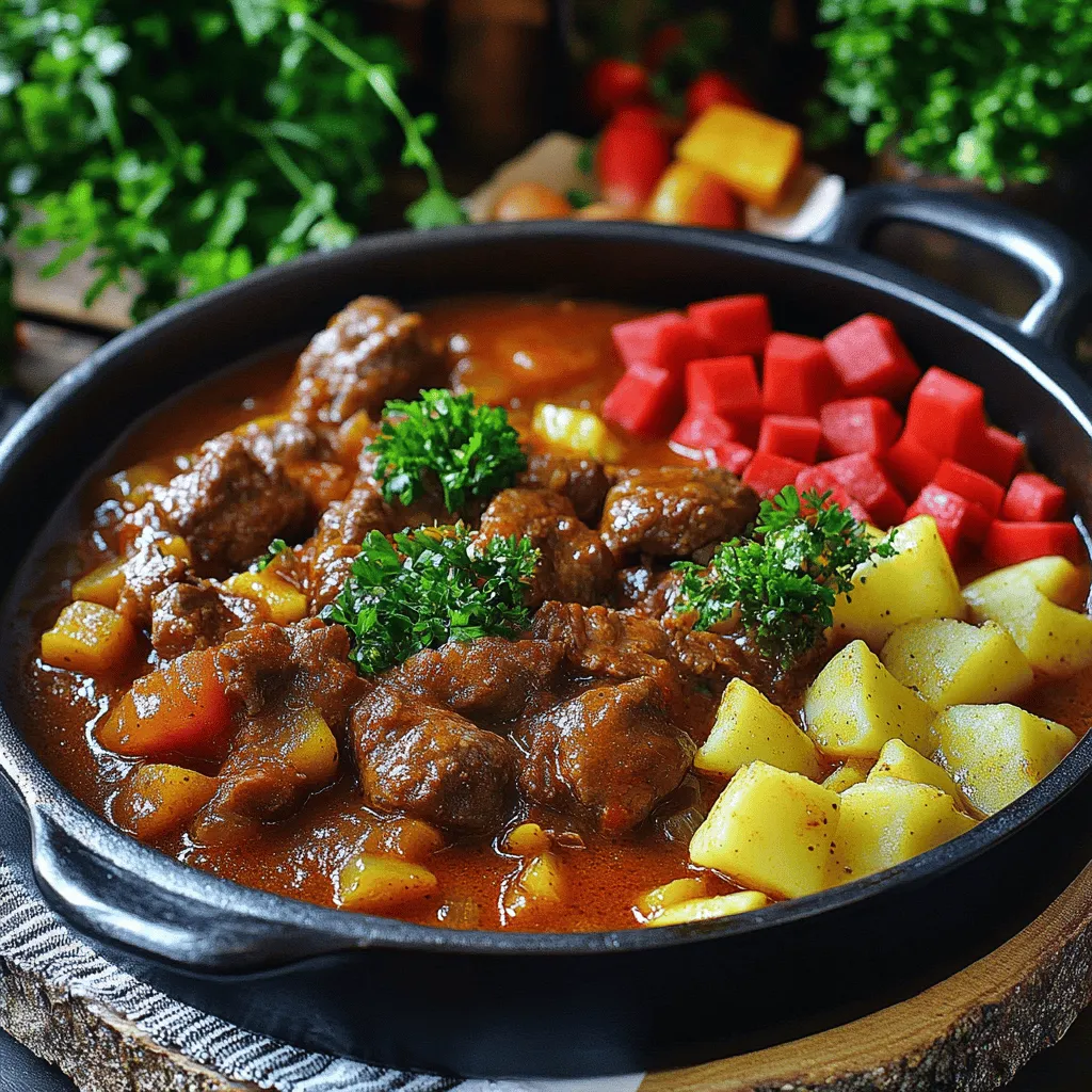 Polnisches Gulasch ist ein herzhaftes Gericht. Die Hauptzutaten sind einfach und leicht zu finden. Ich nutze oft Rindfleisch, Zwiebeln und Paprika. Diese Zutaten geben dem Gulasch einen tiefen Geschmack.