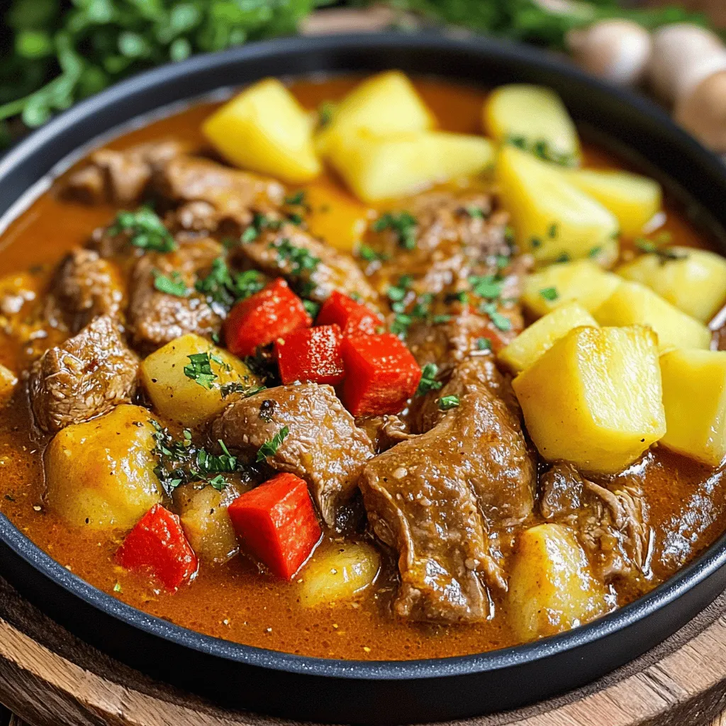 Polnisches Gulasch ist ein herzhaftes Gericht. Die Hauptzutaten sind einfach und leicht zu finden. Ich nutze oft Rindfleisch, Zwiebeln und Paprika. Diese Zutaten geben dem Gulasch einen tiefen Geschmack.