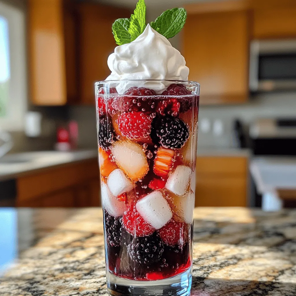 Um ein Berry Italian Cream Soda zu machen, brauche ich einige frische Zutaten. Die Hauptzutaten sind: 1 Tasse gemischte Beeren, 2 Esslöffel Zucker, 1 Tasse Sprudelwasser, 1/2 Tasse Schlagsahne, 1 Teelöffel Vanilleextrakt und Eiswürfel. Frische Minzblätter sind perfekt zum Garnieren.