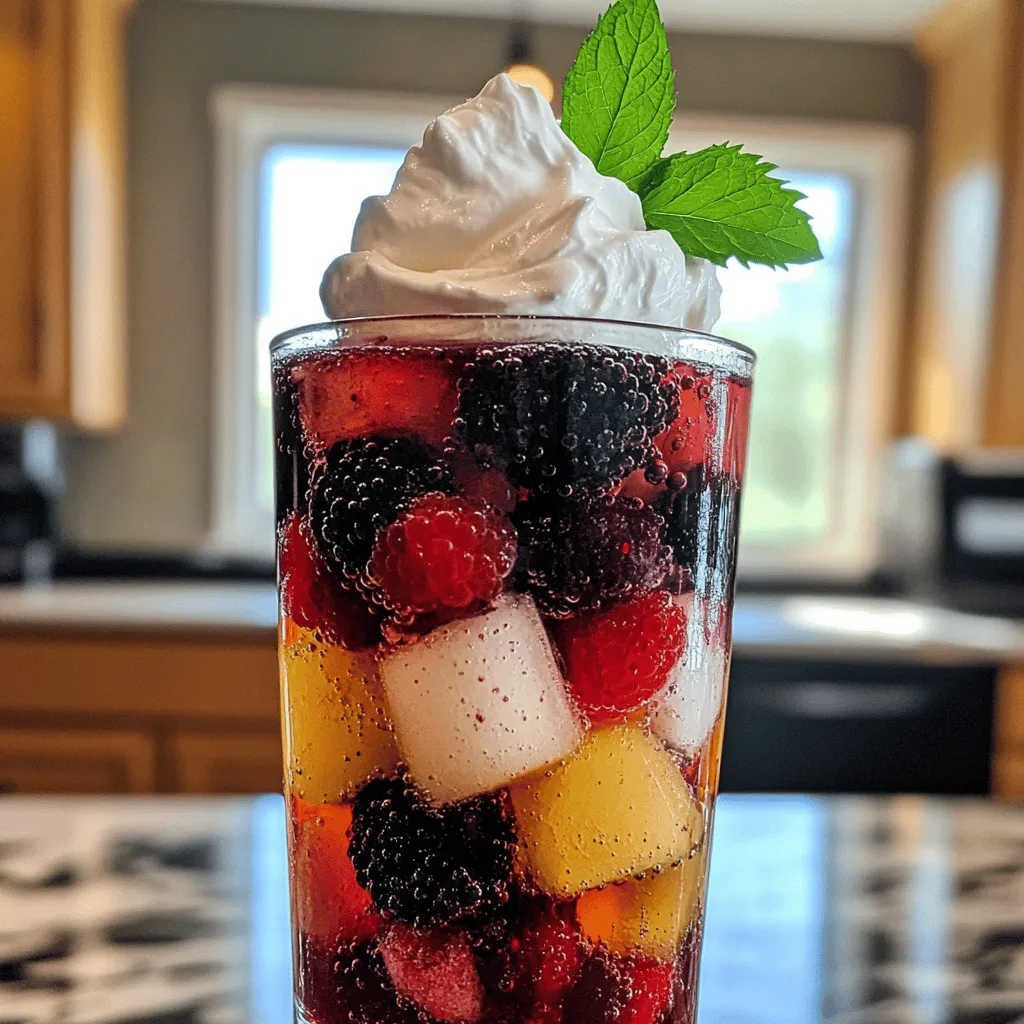 Um ein Berry Italian Cream Soda zu machen, brauche ich einige frische Zutaten. Die Hauptzutaten sind: 1 Tasse gemischte Beeren, 2 Esslöffel Zucker, 1 Tasse Sprudelwasser, 1/2 Tasse Schlagsahne, 1 Teelöffel Vanilleextrakt und Eiswürfel. Frische Minzblätter sind perfekt zum Garnieren.