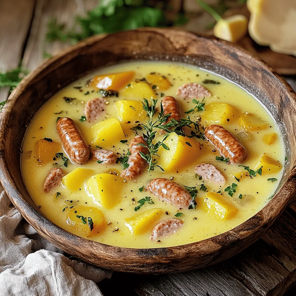 Für ein köstliches deutsches Kartoffelsuppenrezept braucht man frische, einfache Zutaten. Die Basis sind Kartoffeln. Ich empfehle festkochende Kartoffeln. Diese sorgen für eine gute Textur. Karotten fügen eine süße Note hinzu. Zwiebeln bringen Geschmack. Sellerie gibt der Suppe ein tolles Aroma.