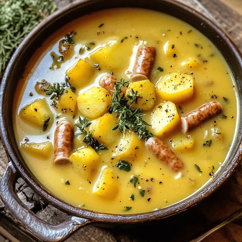 Für ein köstliches deutsches Kartoffelsuppenrezept braucht man frische, einfache Zutaten. Die Basis sind Kartoffeln. Ich empfehle festkochende Kartoffeln. Diese sorgen für eine gute Textur. Karotten fügen eine süße Note hinzu. Zwiebeln bringen Geschmack. Sellerie gibt der Suppe ein tolles Aroma.