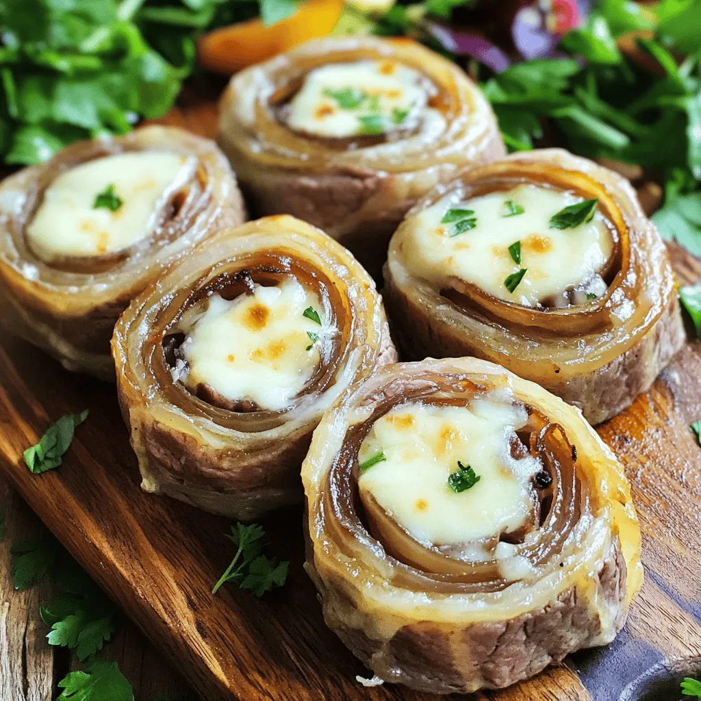 Um die French Onion Steak Pinwheels zuzubereiten, benötigst du frische und einfache Zutaten. Du brauchst 500 g Rindersteak, zwei große Zwiebeln, zwei Esslöffel Butter, zwei Esslöffel Olivenöl, 100 g weichen Frischkäse, 50 g geriebenen Käse, einen Teelöffel Thymian, einen Teelöffel Salz, einen halben Teelöffel Pfeffer und einige Scheiben Schinken, wenn du magst. Zahnstocher oder Küchengarn helfen, die Pinwheels zu fixieren.
