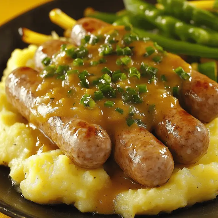 Bangers und Mash mit Zwiebelsoße ist ein einfaches und herzhaftes Gericht. Es besteht aus Würstchen und Kartoffelpüree, serviert mit einer schmackhaften Zwiebelsoße. Dieses Gericht kommt aus Großbritannien und hat viele Fans weltweit.