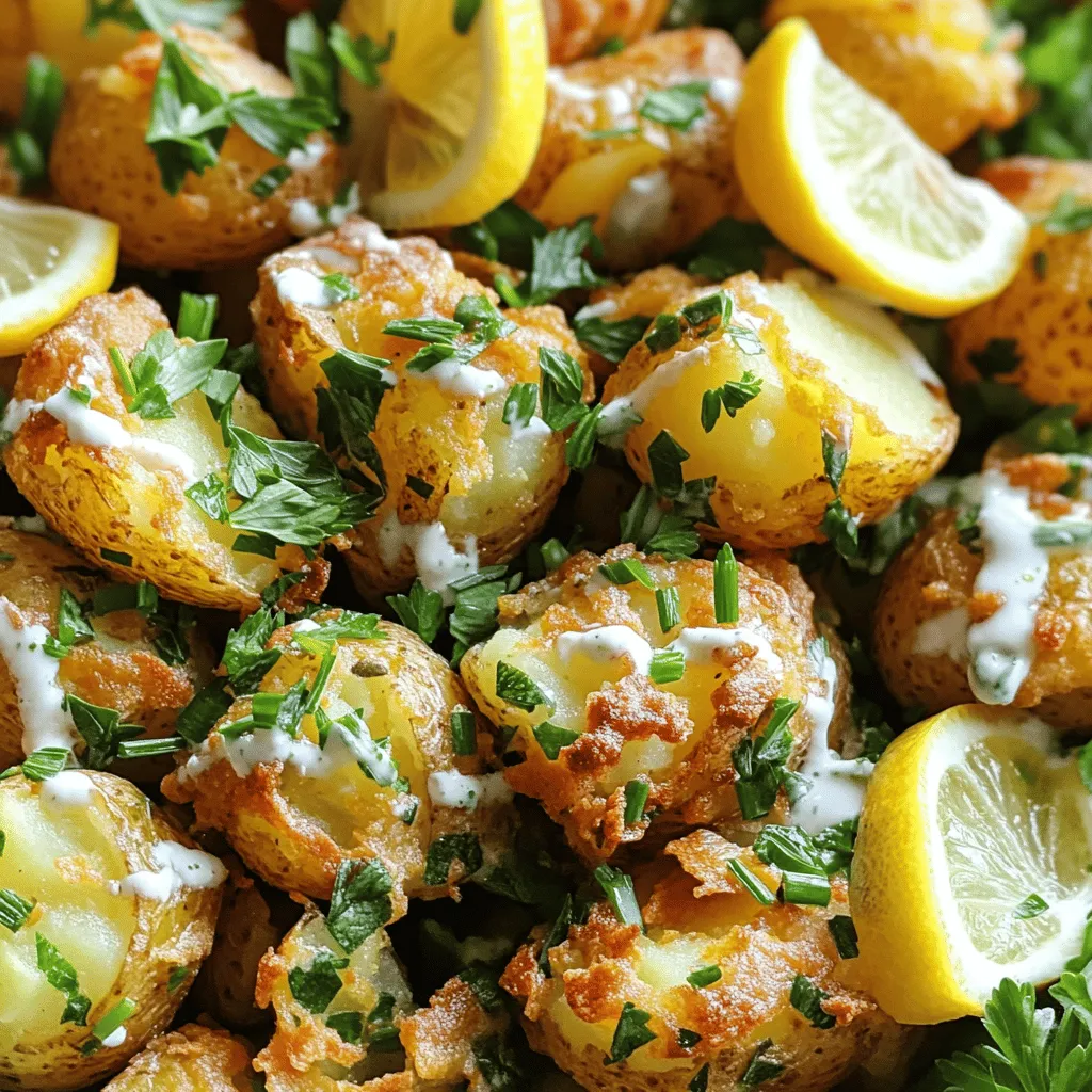 Um den Crispy Herb Smashed Potato Salad zuzubereiten, benötigst du frische und festkochende Kartoffeln. Kleine Kartoffeln, wie Fingerling, sind ideal. Du wirst auch Olivenöl, grobes Meersalz, Pfeffer, Paprika, frische Kräuter, Zitronensaft und Joghurt oder Frischkäse brauchen.