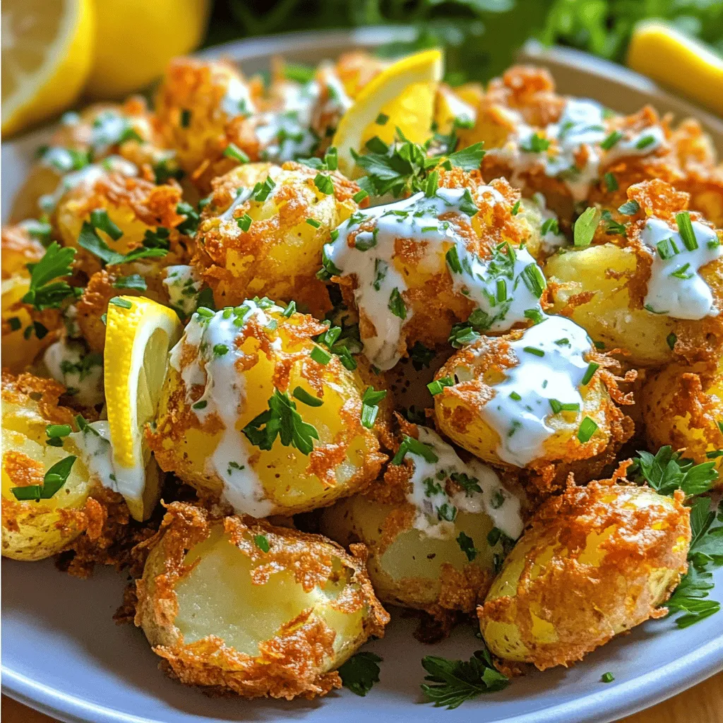 Um den Crispy Herb Smashed Potato Salad zuzubereiten, benötigst du frische und festkochende Kartoffeln. Kleine Kartoffeln, wie Fingerling, sind ideal. Du wirst auch Olivenöl, grobes Meersalz, Pfeffer, Paprika, frische Kräuter, Zitronensaft und Joghurt oder Frischkäse brauchen.