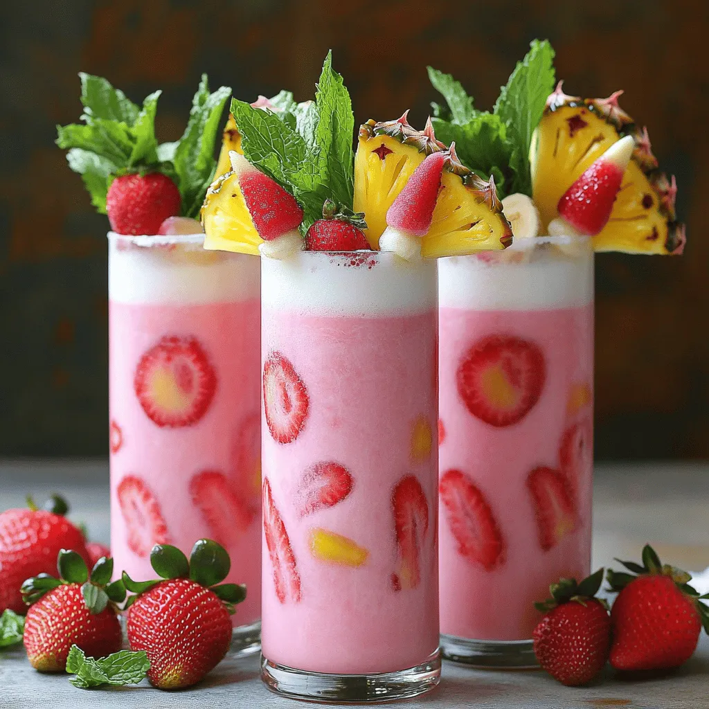 Um eine Pink Flamingo Colada zuzubereiten, brauchst du einige frische Zutaten. Du benötigst einen Becher Kokosmilch, einen Becher Ananassaft, eine reife Banane und eine kleine Mango. Außerdem brauchst du eine Tasse gefrorene Erdbeeren. Optional kannst du einen Esslöffel Honig oder Ahornsirup hinzufügen, um die Süße zu steigern. Schließlich brauchst du eine Tasse Eis und frische Minzblätter zur Garnierung.