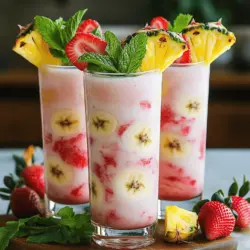 Um eine Pink Flamingo Colada zuzubereiten, brauchst du einige frische Zutaten. Du benötigst einen Becher Kokosmilch, einen Becher Ananassaft, eine reife Banane und eine kleine Mango. Außerdem brauchst du eine Tasse gefrorene Erdbeeren. Optional kannst du einen Esslöffel Honig oder Ahornsirup hinzufügen, um die Süße zu steigern. Schließlich brauchst du eine Tasse Eis und frische Minzblätter zur Garnierung.