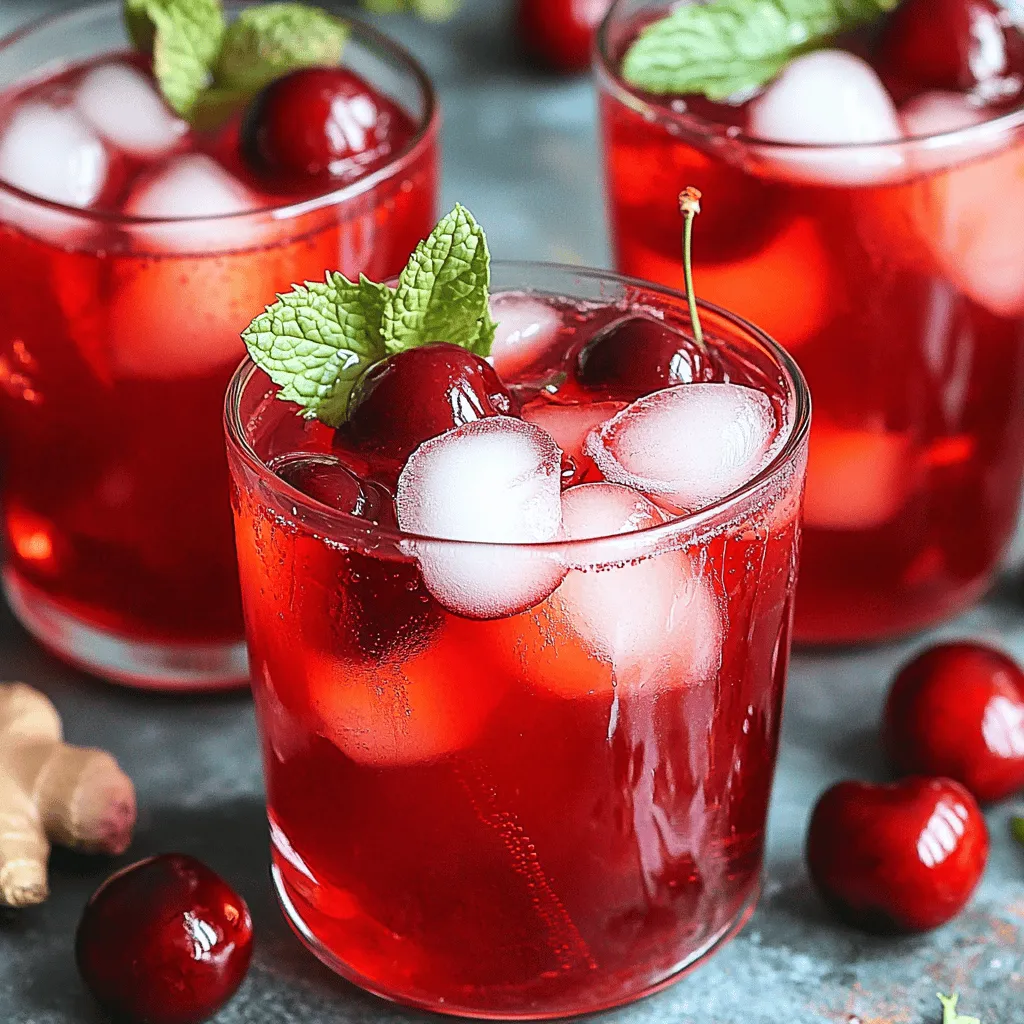 Für das Sweet & Spicy Cherry Ginger Iced Tea Rezept benötige ich einige frische Zutaten. Zuerst brauche ich 4 Tassen Wasser. Die Basis ist schwarzer Tee, also 2 Esslöffel losen schwarzen Tee oder 4 Teebeutel. Dann kommen die Sternen des Rezepts: 1 Tasse frische oder gefrorene Kirschen, entsteint. Ich füge 1 Esslöffel geriebenen Ingwer hinzu. Um es süß zu machen, brauche ich 1/4 Tasse Honig oder Agavendicksaft, je nach Geschmack. Ein Teelöffel Zimt rundet das Aroma ab. Und nicht zu vergessen, Eiswürfel und frische Minzblätter zur Garnierung.