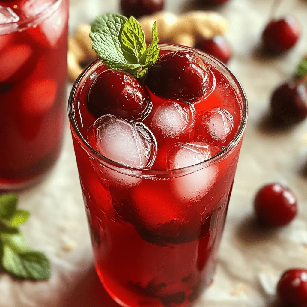 Für das Sweet & Spicy Cherry Ginger Iced Tea Rezept benötige ich einige frische Zutaten. Zuerst brauche ich 4 Tassen Wasser. Die Basis ist schwarzer Tee, also 2 Esslöffel losen schwarzen Tee oder 4 Teebeutel. Dann kommen die Sternen des Rezepts: 1 Tasse frische oder gefrorene Kirschen, entsteint. Ich füge 1 Esslöffel geriebenen Ingwer hinzu. Um es süß zu machen, brauche ich 1/4 Tasse Honig oder Agavendicksaft, je nach Geschmack. Ein Teelöffel Zimt rundet das Aroma ab. Und nicht zu vergessen, Eiswürfel und frische Minzblätter zur Garnierung.