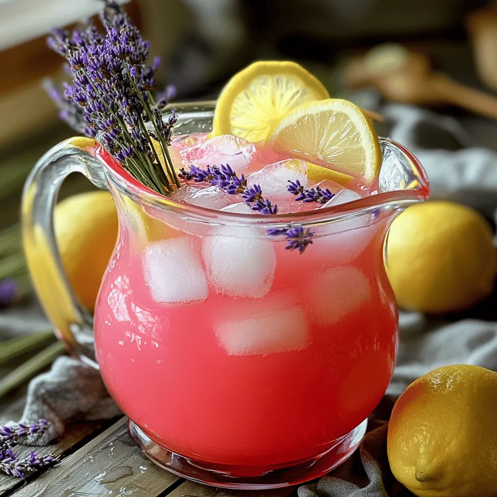 Für die Pink Lavender Lemonade brauchst du nur einige einfache Zutaten. Du benötigst 1 Tasse frischen Zitronensaft, was etwa 4 bis 6 Zitronen entspricht. Dann kommt 1 Tasse Zucker hinzu. Außerdem brauchst du 4 Tassen Wasser und 2 Esslöffel getrocknete Lavendelblüten. Für das besondere Aroma fügen wir 1-2 Tropfen ätherisches Lavendelöl (lebensmittelecht) hinzu. Frische Lavendelzweige und Zitronenscheiben dienen zur Dekoration. Und schließlich brauchst du Eiswürfel, um die Limonade schön kalt zu servieren.