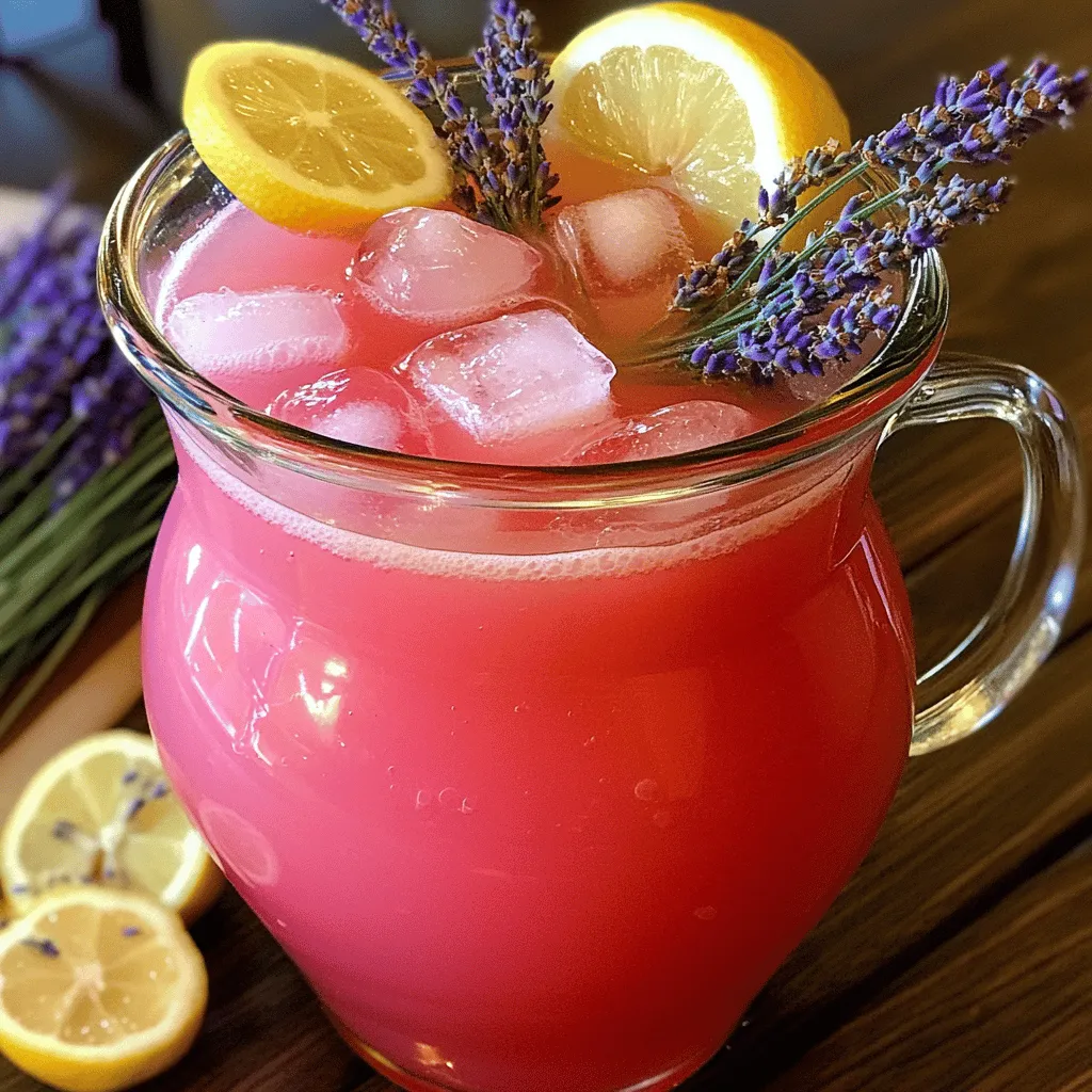 Für die Pink Lavender Lemonade brauchst du nur einige einfache Zutaten. Du benötigst 1 Tasse frischen Zitronensaft, was etwa 4 bis 6 Zitronen entspricht. Dann kommt 1 Tasse Zucker hinzu. Außerdem brauchst du 4 Tassen Wasser und 2 Esslöffel getrocknete Lavendelblüten. Für das besondere Aroma fügen wir 1-2 Tropfen ätherisches Lavendelöl (lebensmittelecht) hinzu. Frische Lavendelzweige und Zitronenscheiben dienen zur Dekoration. Und schließlich brauchst du Eiswürfel, um die Limonade schön kalt zu servieren.