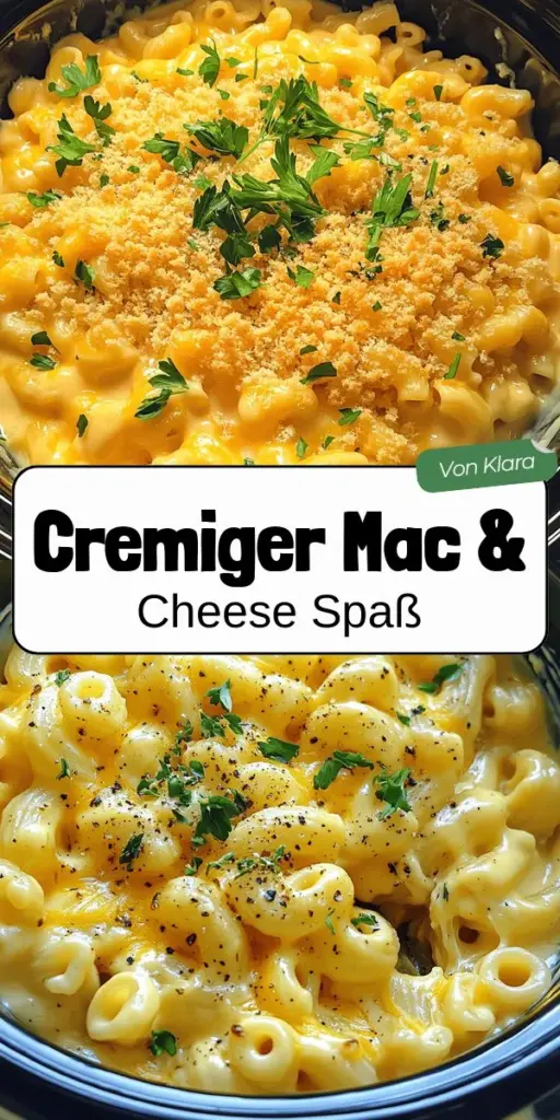 Entdecke die köstliche Welt der Cremigen Crock Pot Mac & Cheese! Dieses einfache Rezept zum Zubereiten von Mac & Cheese im Slow Cooker ist perfekt für Familienessen oder gemütliche Abende. Mit wenigen Zutaten zauberst du ein cremiges, käsiges Gericht, das jeder lieben wird. Lass dich inspirieren und finde heraus, wie du mit variierenden Käsesorten und kreativen Toppings neue Geschmackserlebnisse schaffen kannst. Klicke hier für das vollständige Rezept und die besten Zubereitungstipps!