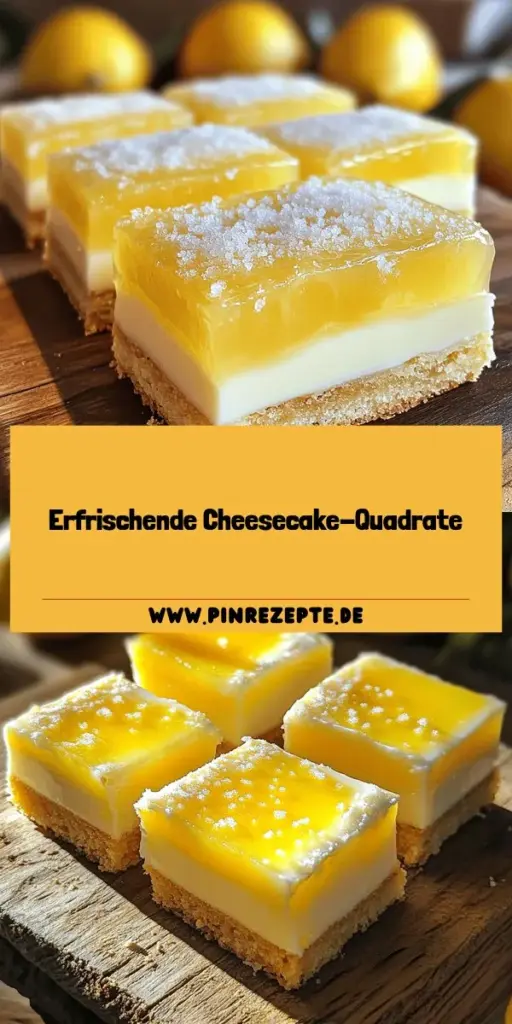 Entdecke, wie du köstliche Zitronen-Cheesecake-Quadrate ganz einfach zubereitest! Dieses erfrischende Dessert bringt Schwung auf jeden Tisch und ist perfekt für jede Gelegenheit. Mit einfachen Zutaten und genialen Tipps wird dein Cheesecake zum Hit. Lass dich von verschiedenen Variationen inspirieren und erfahre, wie du ihn glutenfrei oder vegan machen kannst. Klicke jetzt, um das vollständige Rezept zu entdecken und deine Gäste mit diesen Leckerbissen zu begeistern!