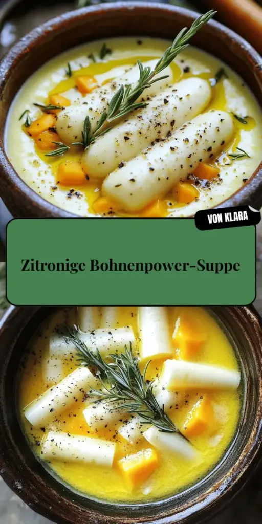 Entdecken Sie die köstliche Welt der Zitronen-Rosmarin-Bohnen-Suppe! Diese aromatische und nahrhafte Suppe ist perfekt für eine gesunde Mahlzeit. Mit einfachen Zutaten und einfachen Schritten ist sie schnell zubereitet. Erfahren Sie, wie Sie frische Aromen durch Bohnen, Zitrone und Rosmarin vereinen können. Lassen Sie sich von cleveren Tipps inspirieren und machen Sie Ihre Suppe einzigartig! Klicken Sie hier und probieren Sie es aus!