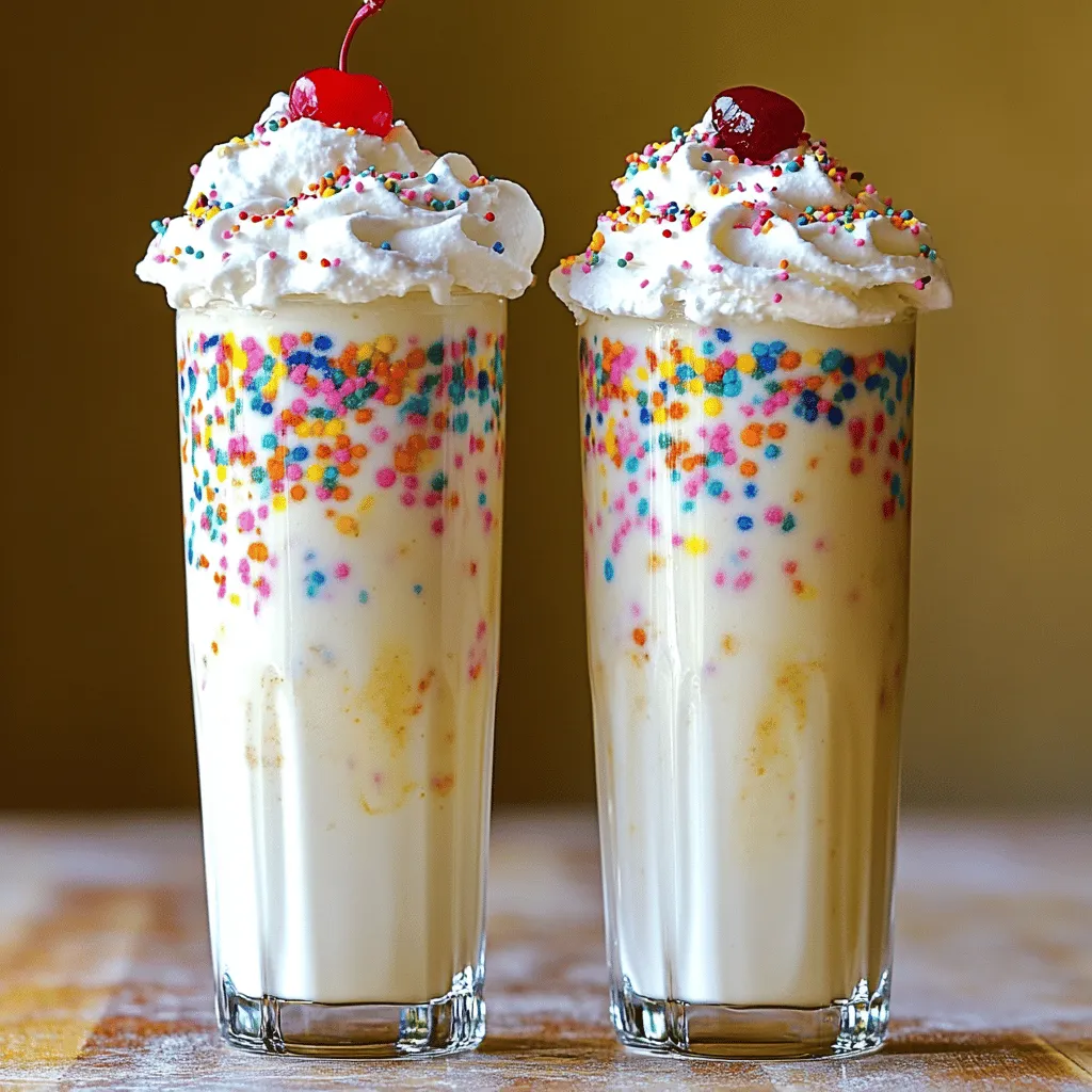 Um einen Cake Batter Milkshake zu machen, brauchst du einige einfache Zutaten. Du benötigst 2 Tassen Vanilleeis und 1 Tasse Vollmilch. Zusätzlich ist 1/2 Tasse Kuchenteig (vanille oder funfetti) wichtig. Ein Teelöffel Vanilleextrakt bringt den Geschmack hervor. Vergiss nicht die 1/4 Tasse Streusel, die du auch für die Dekoration brauchst. Whipped Cream und eine Maraschino-Kirsche sind tolle Toppings.
