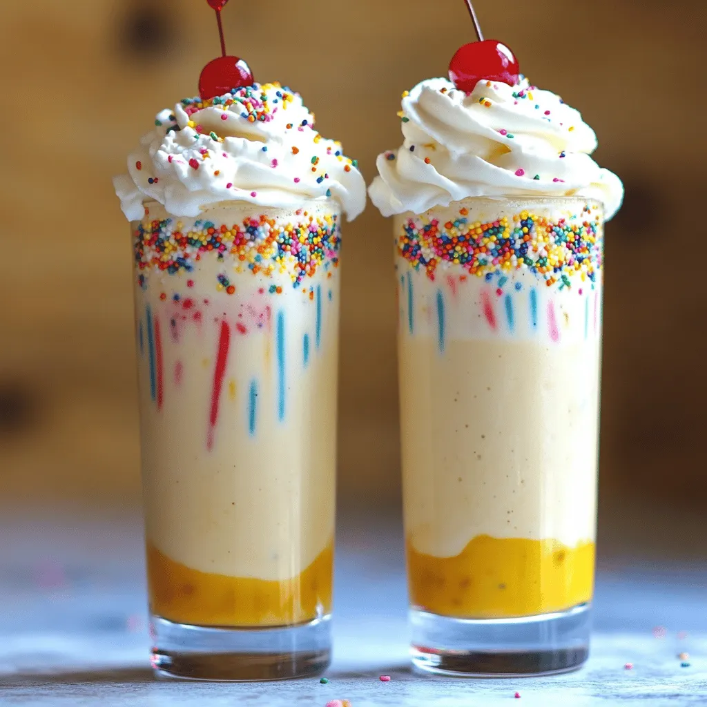 Um einen Cake Batter Milkshake zu machen, brauchst du einige einfache Zutaten. Du benötigst 2 Tassen Vanilleeis und 1 Tasse Vollmilch. Zusätzlich ist 1/2 Tasse Kuchenteig (vanille oder funfetti) wichtig. Ein Teelöffel Vanilleextrakt bringt den Geschmack hervor. Vergiss nicht die 1/4 Tasse Streusel, die du auch für die Dekoration brauchst. Whipped Cream und eine Maraschino-Kirsche sind tolle Toppings.