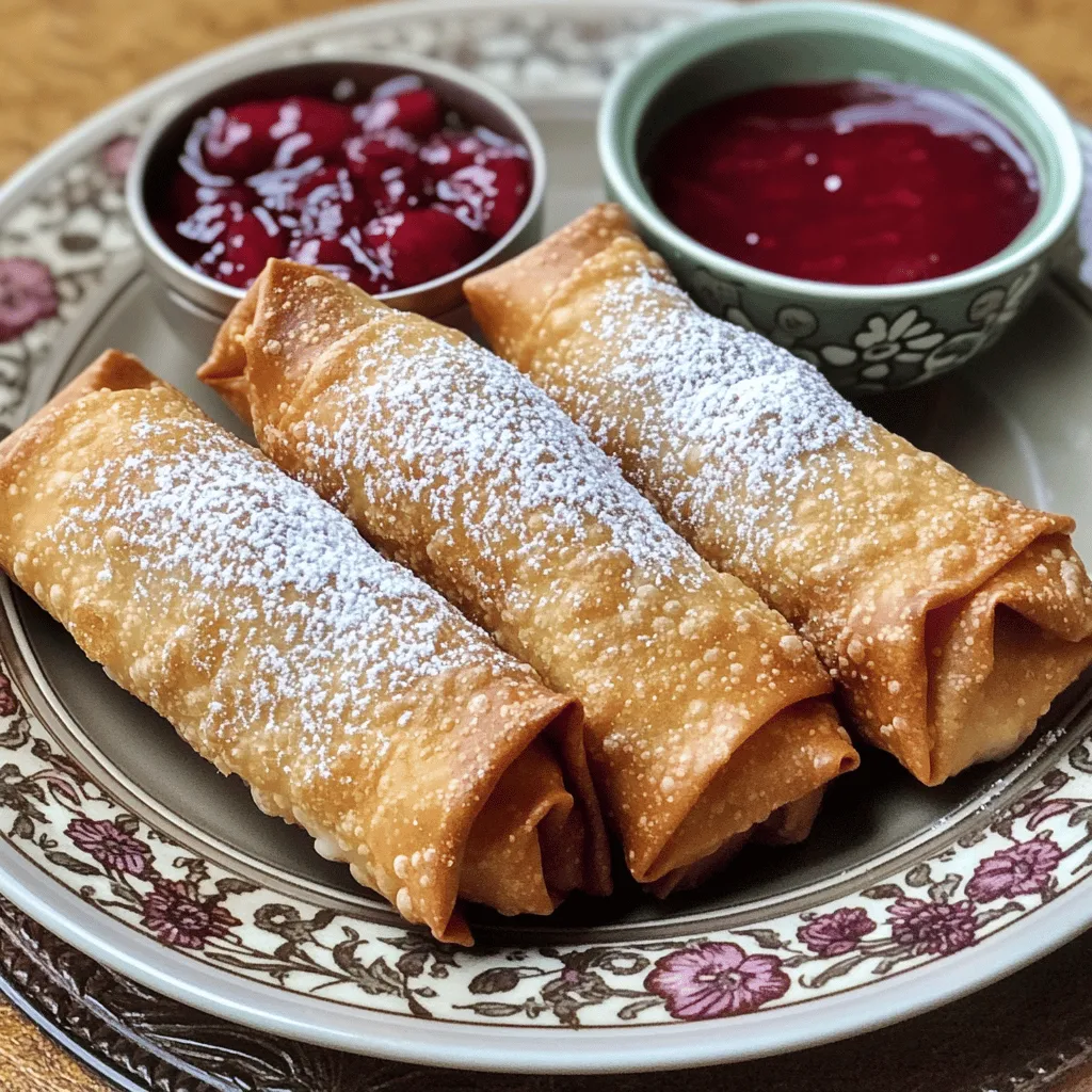 Für die Cherry Cheesecake Egg Rolls brauchst du einige einfache Zutaten. Du benötigst 1 Tasse weiche Frischkäse, 1/2 Tasse Puderzucker und 1 Teelöffel Vanilleextrakt. Diese Zutaten machen die Füllung cremig und süß. Dann brauchst du 1 Tasse Kirschfüllung aus der Dose. Es gibt 10 Eirollen Wrapper, die du in jedem Supermarkt findest. Ein wenig Mehl hilft beim Versiegeln der Eirollen. Zum Frittieren brauchst du Gemüseöl und etwas Puderzucker zum Bestäuben.