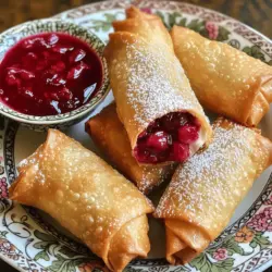 Für die Cherry Cheesecake Egg Rolls brauchst du einige einfache Zutaten. Du benötigst 1 Tasse weiche Frischkäse, 1/2 Tasse Puderzucker und 1 Teelöffel Vanilleextrakt. Diese Zutaten machen die Füllung cremig und süß. Dann brauchst du 1 Tasse Kirschfüllung aus der Dose. Es gibt 10 Eirollen Wrapper, die du in jedem Supermarkt findest. Ein wenig Mehl hilft beim Versiegeln der Eirollen. Zum Frittieren brauchst du Gemüseöl und etwas Puderzucker zum Bestäuben.