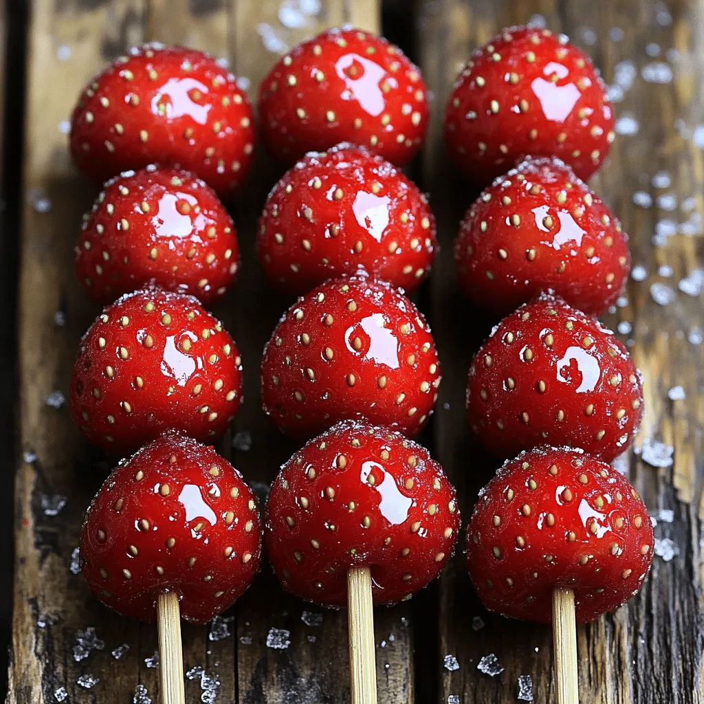 Tanghulu ist eine leckere chinesische Süßigkeit. Sie besteht aus frischen Früchten, die in Zucker getaucht sind. Diese Kandierung macht die Früchte süß und knackig. Typische Früchte sind Erdbeeren, Trauben oder auch die hawthorn Beeren.
