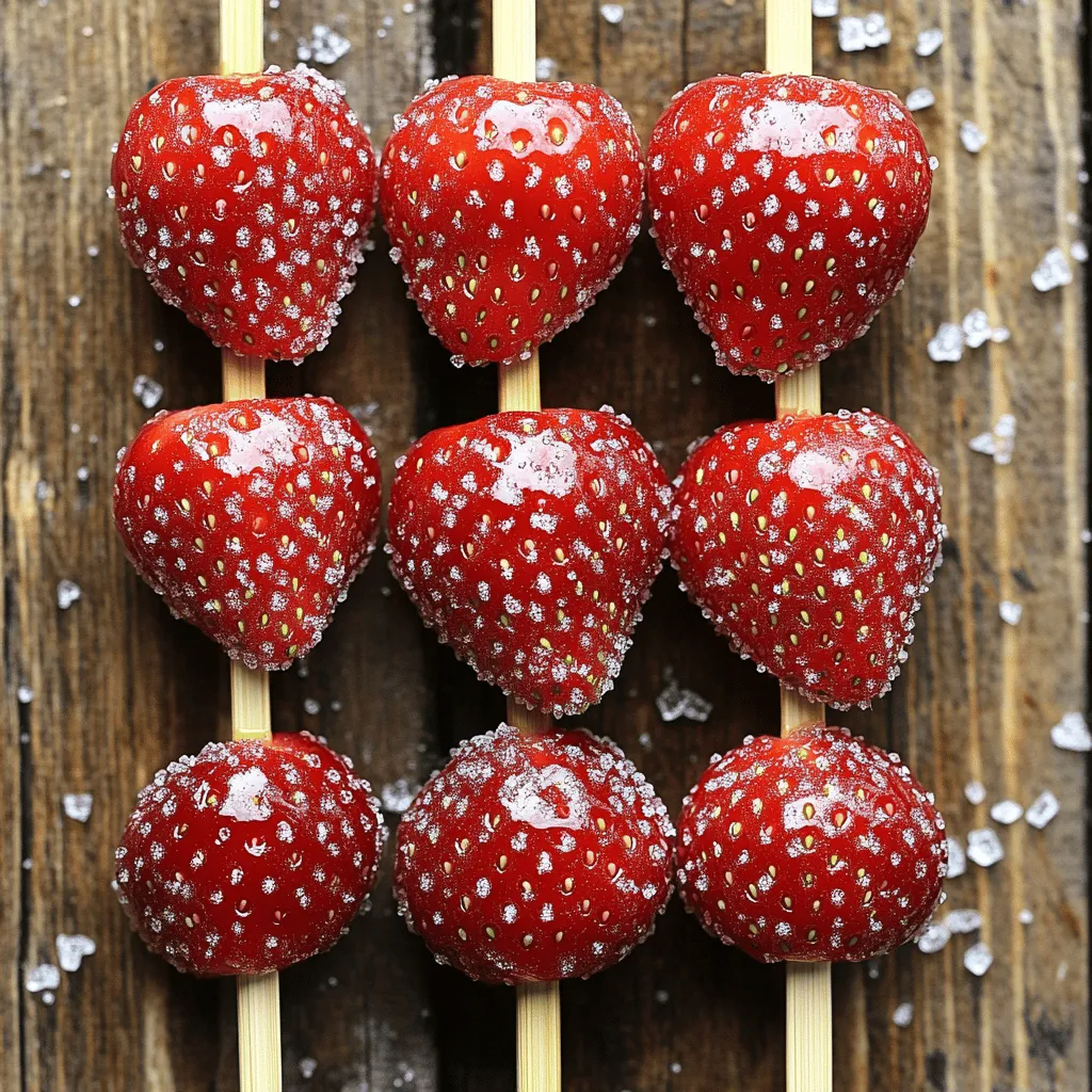 Tanghulu ist eine leckere chinesische Süßigkeit. Sie besteht aus frischen Früchten, die in Zucker getaucht sind. Diese Kandierung macht die Früchte süß und knackig. Typische Früchte sind Erdbeeren, Trauben oder auch die hawthorn Beeren.