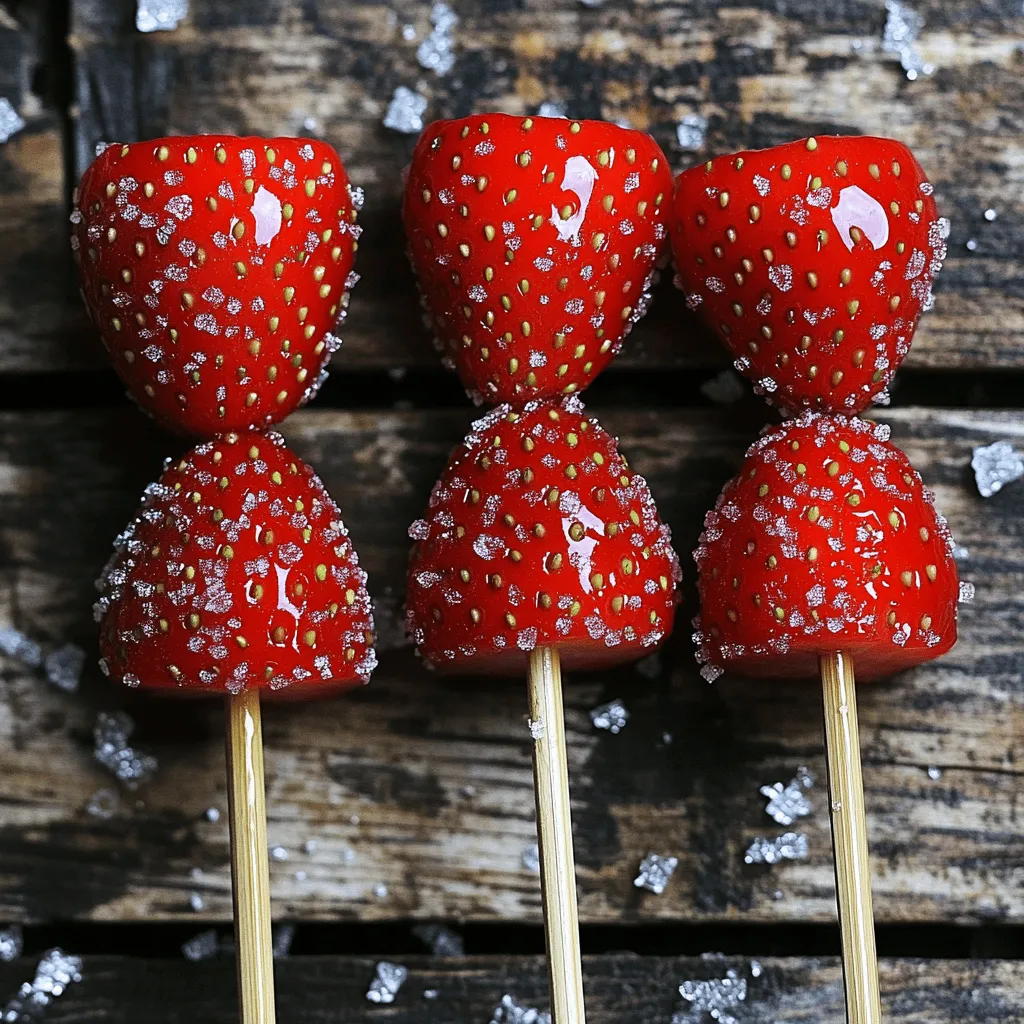 Tanghulu ist eine leckere chinesische Süßigkeit. Sie besteht aus frischen Früchten, die in Zucker getaucht sind. Diese Kandierung macht die Früchte süß und knackig. Typische Früchte sind Erdbeeren, Trauben oder auch die hawthorn Beeren.