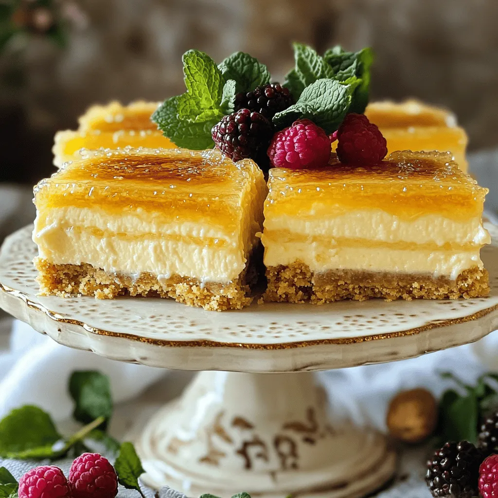 Für die perfekten Crème Brûlée Cheesecake Bars braucht man einfache, frische Zutaten. Beginne mit 200 g zerbröselten Keksen. Butterkekse oder Vollkornkekse sind ideal. Du benötigst auch 80 g geschmolzene Butter. Der Frischkäse ist das Herzstück, also nimm 450 g. Zucker, Eier, Vanilleextrakt, Sahne, Maisstärke und eine Prise Salz fehlen auch nicht. Vergiss nicht 2-3 Esslöffel Zucker zum Karamellisieren.