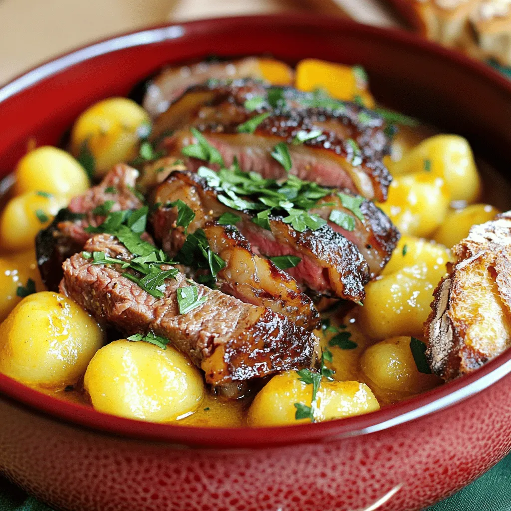 Um einen köstlichen Kartoffel-Gnocchi-Rindfleisch-Eintopf zuzubereiten, benötigen Sie einige einfache Zutaten. Die Hauptzutaten sind 500 g Rindfleisch, 400 g Kartoffelgnocchi, Zwiebeln, Karotten, Sellerie, Knoblauch, Rinderbrühe, gehackte Tomaten, Tomatenmark und Gewürze. Diese Zutaten ergeben einen geschmackvollen Eintopf.