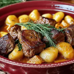 Um einen köstlichen Kartoffel-Gnocchi-Rindfleisch-Eintopf zuzubereiten, benötigen Sie einige einfache Zutaten. Die Hauptzutaten sind 500 g Rindfleisch, 400 g Kartoffelgnocchi, Zwiebeln, Karotten, Sellerie, Knoblauch, Rinderbrühe, gehackte Tomaten, Tomatenmark und Gewürze. Diese Zutaten ergeben einen geschmackvollen Eintopf.