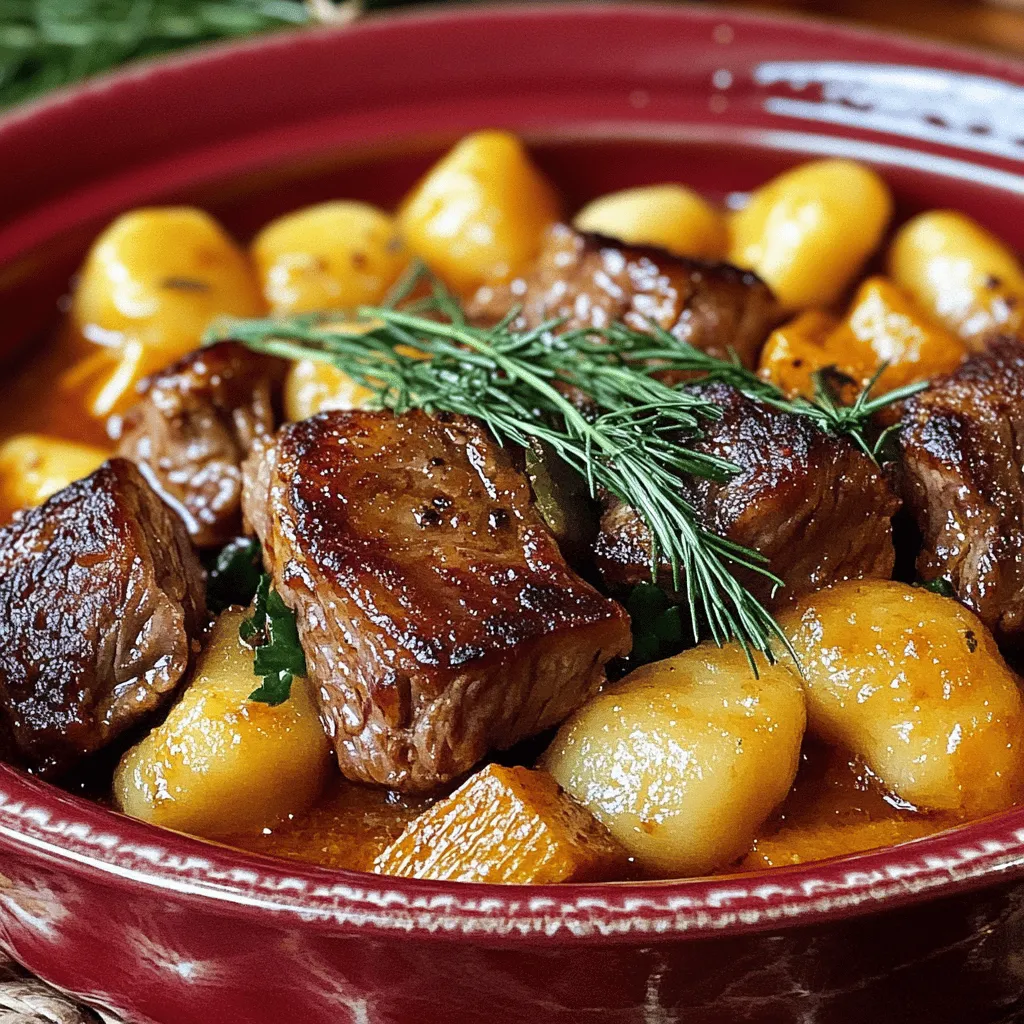 Um einen köstlichen Kartoffel-Gnocchi-Rindfleisch-Eintopf zuzubereiten, benötigen Sie einige einfache Zutaten. Die Hauptzutaten sind 500 g Rindfleisch, 400 g Kartoffelgnocchi, Zwiebeln, Karotten, Sellerie, Knoblauch, Rinderbrühe, gehackte Tomaten, Tomatenmark und Gewürze. Diese Zutaten ergeben einen geschmackvollen Eintopf.