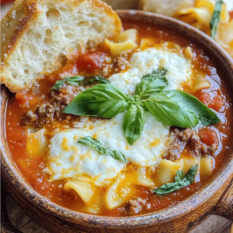 Die Hauptzutaten für meine einfache Lasagna Suppe sind frisch und lecker. Ich benutze: - 1 Esslöffel Olivenöl - 1 mittelgroße Zwiebel, gewürfelt - 3 Knoblauchzehen, fein gehackt - 450 g Rinderhackfleisch oder italienische Wurst - 1 Dose (800 g) zerdrückte Tomaten - 1 Liter Hühner- oder Gemüsebrühe - 225 g Lasagne-Nudeln, in Stücke gebrochen - 240 g Ricotta-Käse Diese Zutaten machen die Suppe reichhaltig und herzhaft. Ich finde, dass frische Zwiebeln und Knoblauch den besten Geschmack geben. Das Hackfleisch oder die Wurst sorgen für die nötige Fülle. Die zerdrückten Tomaten bringen eine schöne Säure und die Brühe macht die Suppe warm und tröstlich. Die Gewürze und Kräuter bringen den besonderen Kick. Ich füge hinzu: - 2 Teelöffel getrockneter Oregano - 2 Teelöffel getrocknetes Basilikum - 1/2 Teelöffel rote Paprikaflocken (optional) - Salz und Pfeffer nach Geschmack Oregano und Basilikum sind klassisch für italienische Gerichte. Sie verleihen der Suppe Tiefe. Die roten Paprikaflocken geben einen kleinen Schärfekick. Ich empfehle, die Gewürze nach und nach zu probieren. So kannst du den perfekten Geschmack finden. Ein toller Belag kann die Suppe aufpeppen. Ich benutze oft: - 100 g geriebener Mozzarella-Käse - 50 g frisch geriebener Parmesan-Käse - Frisches Basilikum oder Petersilie zum Garnieren Der Mozzarella schmilzt schön und macht die Suppe cremig. Parmesan bringt einen tollen, salzigen Geschmack. Frische Kräuter sorgen für einen Farbklecks und frische Noten. Du kannst auch andere Käsesorten oder Croutons verwenden, um mehr Textur zu bekommen. Für das komplette Rezept schau dir die [Full Recipe] an. Die Vorbereitungszeit für diese einfache Lasagna Suppe ist nur 15 Minuten. Du brauchst einen großen Topf oder einen Schmortopf. Ein Holzlöffel hilft beim Umrühren. Halte auch eine Schüssel bereit, um die Zutaten zu messen. 1. Erhitze das Olivenöl bei mittlerer Hitze. Füge die gewürfelte Zwiebel hinzu. Brate sie 3-4 Minuten an, bis sie weich ist. 2. Gib den gehackten Knoblauch dazu und brate ihn 1 Minute mit. 3. Füge das Rinderhackfleisch oder die Wurst hinzu. Zerbrich es mit einem Löffel und brate es 5-7 Minuten, bis es braun ist. 4. Gieße die zerdrückten Tomaten und die Brühe in den Topf. Füge Oregano, Basilikum und Paprikaflocken hinzu. Rühre alles gut um und lass es aufkochen. 5. Gib die in Stücke gebrochenen Lasagne-Nudeln in den Topf. Koche sie gemäß den Anweisungen bis sie al dente sind, etwa 8-10 Minuten. 6. Reduziere die Hitze auf niedrig. Rühre den Ricotta-Käse ein, bis alles gut vermischt ist. Würze mit Salz und Pfeffer. 7. Serviere die Suppe in Schalen. Bestreue jede Portion mit Mozzarella und Parmesan. Garniere mit frischem Basilikum oder Petersilie. Die gesamte Garzeit beträgt etwa 30 Minuten. Achte darauf, die Nudeln nicht zu lange zu kochen. Sie sollten al dente bleiben, um die beste Textur zu bieten. Wenn die Suppe zu dick wird, kannst du etwas mehr Brühe hinzufügen. Diese Lasagna Suppe ist schnell und einfach. Du wirst sie lieben! Um die perfekte Lasagna Suppe zu machen, achte auf die Zutaten. Frische Zutaten bringen mehr Geschmack. Nutze gutes Olivenöl, um die Zwiebeln und den Knoblauch anzubraten. Das bringt eine tolle Basis. Die Brühe ist wichtig. Nutze eine gute Hühner- oder Gemüsebrühe. Die Brühe macht die Suppe reichhaltig. Achte darauf, die Lasagne-Nudeln nicht zu lange zu kochen. Sie sollten al dente bleiben. So behalten sie ihren Biss und die Suppe wird nicht matschig. Rühre den Ricotta-Käse am Ende ein. Das macht die Suppe cremig und lecker. Ein häufiges Problem ist, die Nudeln zu lange zu kochen. Das macht sie weich. Um das zu vermeiden, koche die Nudeln separat, wenn du magst. Füge sie dann zur Suppe hinzu. Ein weiterer Fehler ist, die Gewürze nicht rechtzeitig hinzuzufügen. Oregano und Basilikum entfalten ihren Geschmack am besten, wenn du sie früh hinzufügst. Achte darauf, die Suppe nicht zu salzig zu machen. Taste die Suppe immer ab. So kannst du den perfekten Geschmack finden. Du kannst die Lasagna Suppe leicht anpassen. Füge frisches Gemüse wie Spinat oder Zucchini hinzu. Das macht die Suppe bunter und gesünder. Wenn du es scharf magst, füge mehr rote Paprikaflocken hinzu. Für eine rauchige Note kannst du geräucherte Paprika verwenden. Denke daran, verschiedene Käsesorten zu nutzen. Feta oder Gouda geben der Suppe eine neue Note. Probiere auch andere Kräuter aus, wie Thymian oder Rosmarin. Das sorgt für mehr Abwechslung. Für das beste Ergebnis, folge dem [Full Recipe]. So gelingt dir die perfekte Lasagna Suppe jedes Mal. {{image_4}} Wenn du eine vegetarische Lasagna Suppe machen möchtest, gibt es viele Wege. Du kannst das Rinderhackfleisch einfach durch Linsen oder Kichererbsen ersetzen. Diese geben dir einen tollen Biss und viel Protein. Auch gemischtes Gemüse, wie Zucchini und Paprika, passt gut. Wenn du frische Spinatblätter hinzufügst, bekommst du zusätzlich Farbe und Nährstoffe. Möchtest du mehr Protein in deiner Suppe? Füge gekochtes Hähnchen oder Wurst hinzu. Du kannst auch Tofu verwenden, um die Suppe noch gesünder zu machen. Wenn du das Fleisch anbrätst, gib etwas Salz und Pfeffer hinzu, um den Geschmack zu verstärken. Das wird die Suppe reichhaltiger und sättigender machen. Die Gewürze sind der Schlüssel zu einem tollen Geschmack. Wenn du es scharf magst, füge mehr rote Paprikaflocken hinzu. Für einen milden Geschmack nimm einfach weniger Gewürze. Du kannst auch Kräuter wie Thymian oder Petersilie verwenden, um die Aromen zu ändern. Mach deine Suppe einzigartig, indem du mit den Gewürzen spielst. Für das vollständige Rezept, schau dir die [Full Recipe] an. Um die Lasagna Suppe frisch zu halten, bewahre sie im Kühlschrank auf. Nutze einen luftdichten Behälter. So bleibt der Geschmack erhalten. Ideal ist es, die Suppe innerhalb von drei bis fünf Tagen zu essen. Achte darauf, die Suppe abkühlen zu lassen, bevor du sie in den Kühlschrank stellst. Dies hilft, die Konsistenz zu bewahren. Möchtest du die Suppe länger aufbewahren? Dann friere sie ein. Teile die Suppe in Portionen auf und fülle sie in gefriergeeignete Behälter. So kannst du die Suppe bis zu drei Monate aufbewahren. Zum Aufwärmen nimm die gewünschte Portion aus dem Gefrierfach. Lass sie im Kühlschrank über Nacht auftauen. Erhitze die Suppe dann in einem Topf bei mittlerer Hitze. Rühre regelmäßig um, bis sie heiß ist. Die Zutaten der Lasagna Suppe kannst du in deiner Speisekammer lagern. Konserven wie die zerdrückten Tomaten und die Brühe halten lange. Auch die getrockneten Kräuter und Gewürze sind haltbar. Achte darauf, dass die Speisen an einem kühlen, trockenen Ort stehen. Vermeide direkte Sonne und Feuchtigkeit. So bleiben die Zutaten frisch und bereit für dein nächstes Kochprojekt. Ja, du kannst die Lasagna Suppe im Voraus machen. Sie schmeckt sogar besser, wenn sie etwas zieht. Koche die Suppe und lasse sie abkühlen. Fülle sie in einen Behälter und stelle sie in den Kühlschrank. Du kannst sie bis zu drei Tage aufbewahren. Wenn du bereit bist zu essen, wärmst du sie einfach auf. Die Lasagna Suppe hält sich etwa drei bis fünf Tage im Kühlschrank. Achte darauf, sie gut abzudecken. So bleibt sie frisch und lecker. Wenn du die Suppe länger aufbewahren möchtest, friere sie ein. So hast du immer eine schnelle Mahlzeit zur Hand. Zu Lasagna Suppe passen viele Beilagen. Eine beliebte Wahl ist frisches Knoblauchbrot. Es ergänzt die Aromen der Suppe perfekt. Ein einfacher grüner Salat ist auch eine gute Idee. Du kannst auch Parmesan-Cracker oder geröstetes Gemüse servieren. Diese Beilagen machen die Mahlzeit noch besser. Für das vollständige Rezept schaue dir die [Full Recipe] an! Die Lasagna Suppe ist einfach zuzubereiten. Wir haben die Hauptzutaten und Gewürze besprochen. Die Schritt-für-Schritt-Anleitung macht das Kochen leicht. Tipps helfen, häufige Fehler zu vermeiden und den Geschmack zu verbessern. Variationen mit vegetarischen Optionen oder proteinreichen Add-Ins bieten viele Möglichkeiten. Achten Sie auf die Aufbewahrung, um die Suppe frisch zu halten. Experimentieren Sie mit Zutaten und finden Sie Ihre Lieblingsversion! Genießen Sie die leckere Lasagna Suppe und teilen Sie sie mit Freunden.