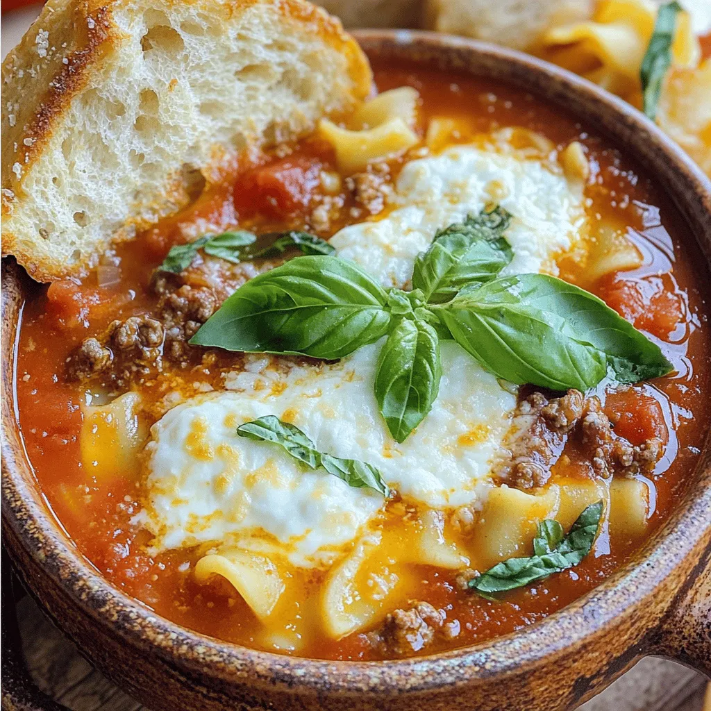 Die Hauptzutaten für meine einfache Lasagna Suppe sind frisch und lecker. Ich benutze: - 1 Esslöffel Olivenöl - 1 mittelgroße Zwiebel, gewürfelt - 3 Knoblauchzehen, fein gehackt - 450 g Rinderhackfleisch oder italienische Wurst - 1 Dose (800 g) zerdrückte Tomaten - 1 Liter Hühner- oder Gemüsebrühe - 225 g Lasagne-Nudeln, in Stücke gebrochen - 240 g Ricotta-Käse Diese Zutaten machen die Suppe reichhaltig und herzhaft. Ich finde, dass frische Zwiebeln und Knoblauch den besten Geschmack geben. Das Hackfleisch oder die Wurst sorgen für die nötige Fülle. Die zerdrückten Tomaten bringen eine schöne Säure und die Brühe macht die Suppe warm und tröstlich. Die Gewürze und Kräuter bringen den besonderen Kick. Ich füge hinzu: - 2 Teelöffel getrockneter Oregano - 2 Teelöffel getrocknetes Basilikum - 1/2 Teelöffel rote Paprikaflocken (optional) - Salz und Pfeffer nach Geschmack Oregano und Basilikum sind klassisch für italienische Gerichte. Sie verleihen der Suppe Tiefe. Die roten Paprikaflocken geben einen kleinen Schärfekick. Ich empfehle, die Gewürze nach und nach zu probieren. So kannst du den perfekten Geschmack finden. Ein toller Belag kann die Suppe aufpeppen. Ich benutze oft: - 100 g geriebener Mozzarella-Käse - 50 g frisch geriebener Parmesan-Käse - Frisches Basilikum oder Petersilie zum Garnieren Der Mozzarella schmilzt schön und macht die Suppe cremig. Parmesan bringt einen tollen, salzigen Geschmack. Frische Kräuter sorgen für einen Farbklecks und frische Noten. Du kannst auch andere Käsesorten oder Croutons verwenden, um mehr Textur zu bekommen. Für das komplette Rezept schau dir die [Full Recipe] an. Die Vorbereitungszeit für diese einfache Lasagna Suppe ist nur 15 Minuten. Du brauchst einen großen Topf oder einen Schmortopf. Ein Holzlöffel hilft beim Umrühren. Halte auch eine Schüssel bereit, um die Zutaten zu messen. 1. Erhitze das Olivenöl bei mittlerer Hitze. Füge die gewürfelte Zwiebel hinzu. Brate sie 3-4 Minuten an, bis sie weich ist. 2. Gib den gehackten Knoblauch dazu und brate ihn 1 Minute mit. 3. Füge das Rinderhackfleisch oder die Wurst hinzu. Zerbrich es mit einem Löffel und brate es 5-7 Minuten, bis es braun ist. 4. Gieße die zerdrückten Tomaten und die Brühe in den Topf. Füge Oregano, Basilikum und Paprikaflocken hinzu. Rühre alles gut um und lass es aufkochen. 5. Gib die in Stücke gebrochenen Lasagne-Nudeln in den Topf. Koche sie gemäß den Anweisungen bis sie al dente sind, etwa 8-10 Minuten. 6. Reduziere die Hitze auf niedrig. Rühre den Ricotta-Käse ein, bis alles gut vermischt ist. Würze mit Salz und Pfeffer. 7. Serviere die Suppe in Schalen. Bestreue jede Portion mit Mozzarella und Parmesan. Garniere mit frischem Basilikum oder Petersilie. Die gesamte Garzeit beträgt etwa 30 Minuten. Achte darauf, die Nudeln nicht zu lange zu kochen. Sie sollten al dente bleiben, um die beste Textur zu bieten. Wenn die Suppe zu dick wird, kannst du etwas mehr Brühe hinzufügen. Diese Lasagna Suppe ist schnell und einfach. Du wirst sie lieben! Um die perfekte Lasagna Suppe zu machen, achte auf die Zutaten. Frische Zutaten bringen mehr Geschmack. Nutze gutes Olivenöl, um die Zwiebeln und den Knoblauch anzubraten. Das bringt eine tolle Basis. Die Brühe ist wichtig. Nutze eine gute Hühner- oder Gemüsebrühe. Die Brühe macht die Suppe reichhaltig. Achte darauf, die Lasagne-Nudeln nicht zu lange zu kochen. Sie sollten al dente bleiben. So behalten sie ihren Biss und die Suppe wird nicht matschig. Rühre den Ricotta-Käse am Ende ein. Das macht die Suppe cremig und lecker. Ein häufiges Problem ist, die Nudeln zu lange zu kochen. Das macht sie weich. Um das zu vermeiden, koche die Nudeln separat, wenn du magst. Füge sie dann zur Suppe hinzu. Ein weiterer Fehler ist, die Gewürze nicht rechtzeitig hinzuzufügen. Oregano und Basilikum entfalten ihren Geschmack am besten, wenn du sie früh hinzufügst. Achte darauf, die Suppe nicht zu salzig zu machen. Taste die Suppe immer ab. So kannst du den perfekten Geschmack finden. Du kannst die Lasagna Suppe leicht anpassen. Füge frisches Gemüse wie Spinat oder Zucchini hinzu. Das macht die Suppe bunter und gesünder. Wenn du es scharf magst, füge mehr rote Paprikaflocken hinzu. Für eine rauchige Note kannst du geräucherte Paprika verwenden. Denke daran, verschiedene Käsesorten zu nutzen. Feta oder Gouda geben der Suppe eine neue Note. Probiere auch andere Kräuter aus, wie Thymian oder Rosmarin. Das sorgt für mehr Abwechslung. Für das beste Ergebnis, folge dem [Full Recipe]. So gelingt dir die perfekte Lasagna Suppe jedes Mal. {{image_4}} Wenn du eine vegetarische Lasagna Suppe machen möchtest, gibt es viele Wege. Du kannst das Rinderhackfleisch einfach durch Linsen oder Kichererbsen ersetzen. Diese geben dir einen tollen Biss und viel Protein. Auch gemischtes Gemüse, wie Zucchini und Paprika, passt gut. Wenn du frische Spinatblätter hinzufügst, bekommst du zusätzlich Farbe und Nährstoffe. Möchtest du mehr Protein in deiner Suppe? Füge gekochtes Hähnchen oder Wurst hinzu. Du kannst auch Tofu verwenden, um die Suppe noch gesünder zu machen. Wenn du das Fleisch anbrätst, gib etwas Salz und Pfeffer hinzu, um den Geschmack zu verstärken. Das wird die Suppe reichhaltiger und sättigender machen. Die Gewürze sind der Schlüssel zu einem tollen Geschmack. Wenn du es scharf magst, füge mehr rote Paprikaflocken hinzu. Für einen milden Geschmack nimm einfach weniger Gewürze. Du kannst auch Kräuter wie Thymian oder Petersilie verwenden, um die Aromen zu ändern. Mach deine Suppe einzigartig, indem du mit den Gewürzen spielst. Für das vollständige Rezept, schau dir die [Full Recipe] an. Um die Lasagna Suppe frisch zu halten, bewahre sie im Kühlschrank auf. Nutze einen luftdichten Behälter. So bleibt der Geschmack erhalten. Ideal ist es, die Suppe innerhalb von drei bis fünf Tagen zu essen. Achte darauf, die Suppe abkühlen zu lassen, bevor du sie in den Kühlschrank stellst. Dies hilft, die Konsistenz zu bewahren. Möchtest du die Suppe länger aufbewahren? Dann friere sie ein. Teile die Suppe in Portionen auf und fülle sie in gefriergeeignete Behälter. So kannst du die Suppe bis zu drei Monate aufbewahren. Zum Aufwärmen nimm die gewünschte Portion aus dem Gefrierfach. Lass sie im Kühlschrank über Nacht auftauen. Erhitze die Suppe dann in einem Topf bei mittlerer Hitze. Rühre regelmäßig um, bis sie heiß ist. Die Zutaten der Lasagna Suppe kannst du in deiner Speisekammer lagern. Konserven wie die zerdrückten Tomaten und die Brühe halten lange. Auch die getrockneten Kräuter und Gewürze sind haltbar. Achte darauf, dass die Speisen an einem kühlen, trockenen Ort stehen. Vermeide direkte Sonne und Feuchtigkeit. So bleiben die Zutaten frisch und bereit für dein nächstes Kochprojekt. Ja, du kannst die Lasagna Suppe im Voraus machen. Sie schmeckt sogar besser, wenn sie etwas zieht. Koche die Suppe und lasse sie abkühlen. Fülle sie in einen Behälter und stelle sie in den Kühlschrank. Du kannst sie bis zu drei Tage aufbewahren. Wenn du bereit bist zu essen, wärmst du sie einfach auf. Die Lasagna Suppe hält sich etwa drei bis fünf Tage im Kühlschrank. Achte darauf, sie gut abzudecken. So bleibt sie frisch und lecker. Wenn du die Suppe länger aufbewahren möchtest, friere sie ein. So hast du immer eine schnelle Mahlzeit zur Hand. Zu Lasagna Suppe passen viele Beilagen. Eine beliebte Wahl ist frisches Knoblauchbrot. Es ergänzt die Aromen der Suppe perfekt. Ein einfacher grüner Salat ist auch eine gute Idee. Du kannst auch Parmesan-Cracker oder geröstetes Gemüse servieren. Diese Beilagen machen die Mahlzeit noch besser. Für das vollständige Rezept schaue dir die [Full Recipe] an! Die Lasagna Suppe ist einfach zuzubereiten. Wir haben die Hauptzutaten und Gewürze besprochen. Die Schritt-für-Schritt-Anleitung macht das Kochen leicht. Tipps helfen, häufige Fehler zu vermeiden und den Geschmack zu verbessern. Variationen mit vegetarischen Optionen oder proteinreichen Add-Ins bieten viele Möglichkeiten. Achten Sie auf die Aufbewahrung, um die Suppe frisch zu halten. Experimentieren Sie mit Zutaten und finden Sie Ihre Lieblingsversion! Genießen Sie die leckere Lasagna Suppe und teilen Sie sie mit Freunden.