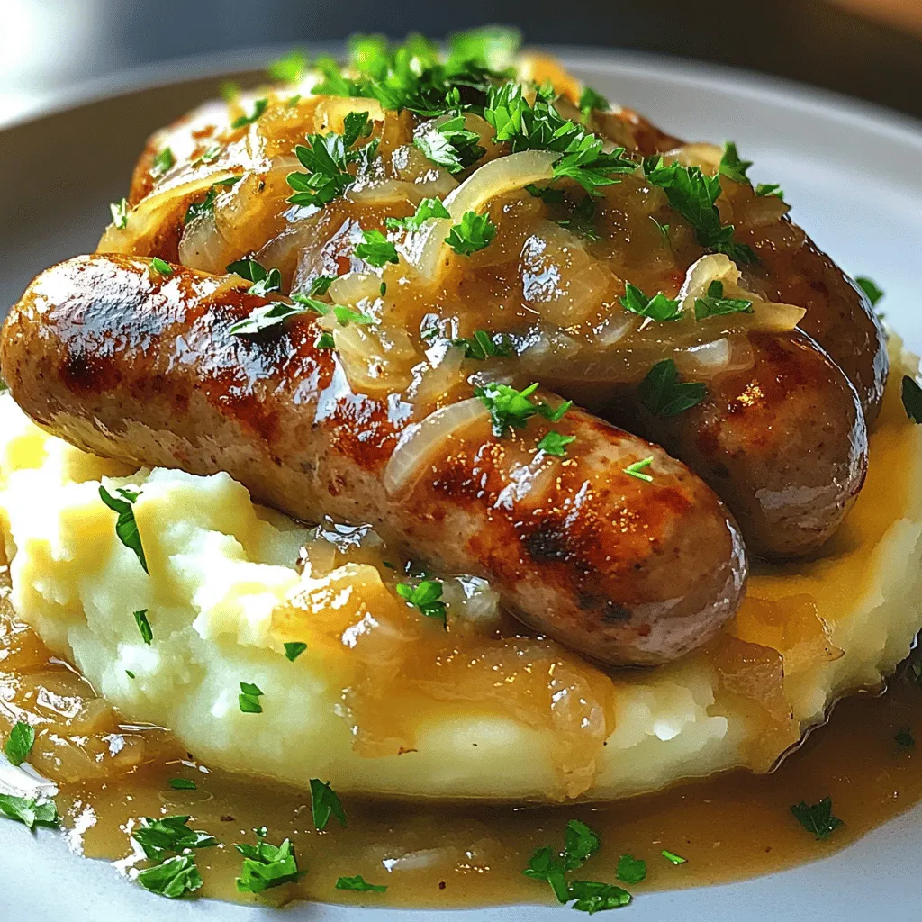 - 4 Würste aus Schweinefleisch (nach Wahl) - 450 g festkochende Kartoffeln (z. B. Russet), geschält und gewürfelt - 120 ml Vollmilch - 60 g ungesalzene Butter