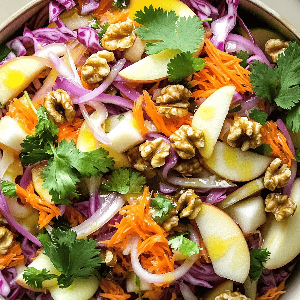 Für einen leckeren Rotkohl-Salat benötige ich einige frische Zutaten. Ich verwende einen kleinen Kopf Rotkohl, zwei Karotten und eine halbe Tasse rote Zwiebel. Ein saftiger Apfel wie Granny Smith bringt eine süße Note. Auch frischer Koriander und Walnüsse passen gut dazu. Diese Zutaten machen den Salat bunt und gesund.