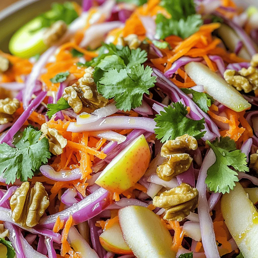 Für einen leckeren Rotkohl-Salat benötige ich einige frische Zutaten. Ich verwende einen kleinen Kopf Rotkohl, zwei Karotten und eine halbe Tasse rote Zwiebel. Ein saftiger Apfel wie Granny Smith bringt eine süße Note. Auch frischer Koriander und Walnüsse passen gut dazu. Diese Zutaten machen den Salat bunt und gesund.
