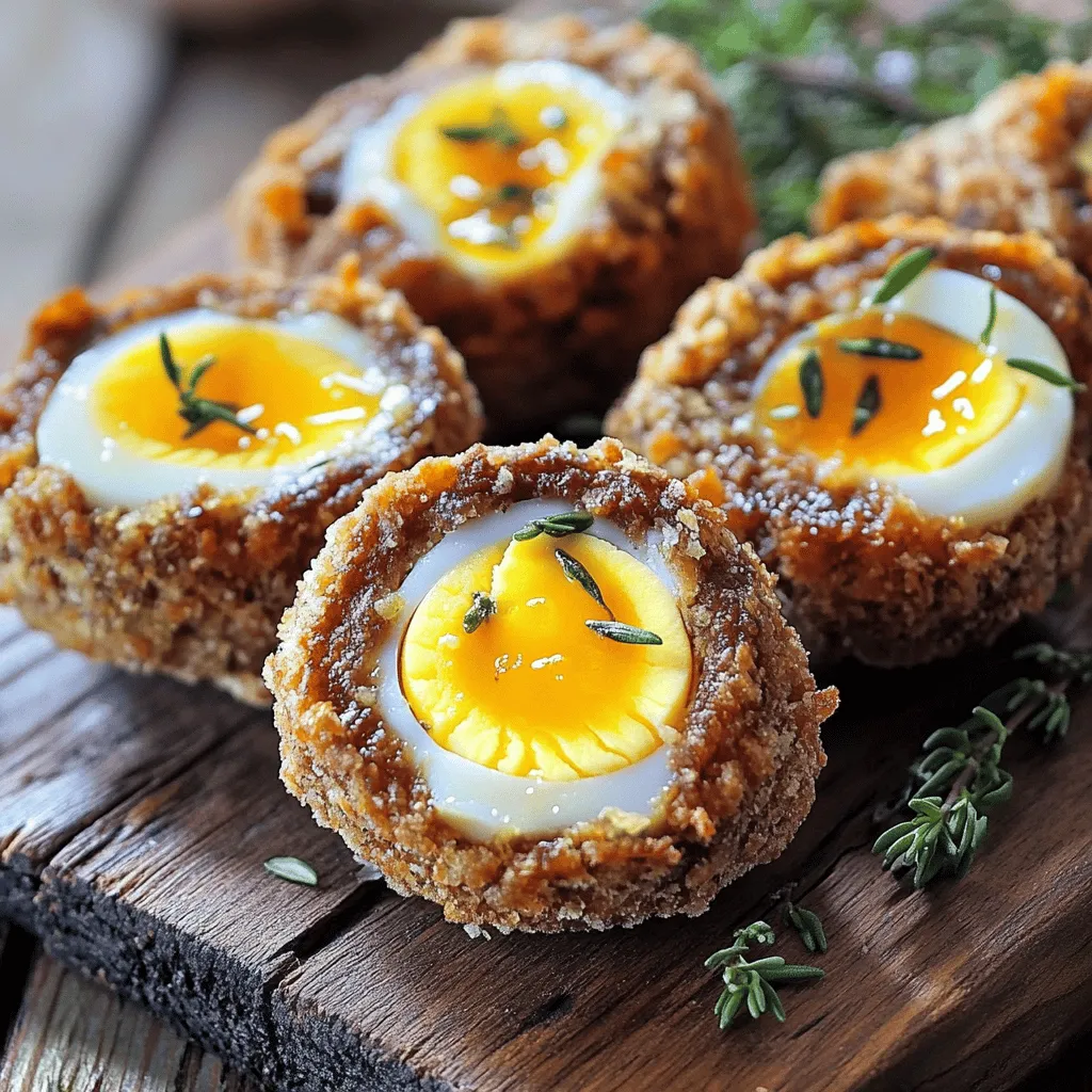 Scotch Eggs sind eine köstliche schottische Spezialität. Sie bestehen aus einem weichgekochten Ei, das in Wurstfleisch gewickelt ist. Danach wird das Ganze paniert und frittiert. Ursprünglich stammen Scotch Eggs aus Schottland. Sie wurden als nahrhafter Snack für Reisende und Arbeiter entwickelt. Die Idee war, eine einfache, tragbare Mahlzeit zu schaffen.