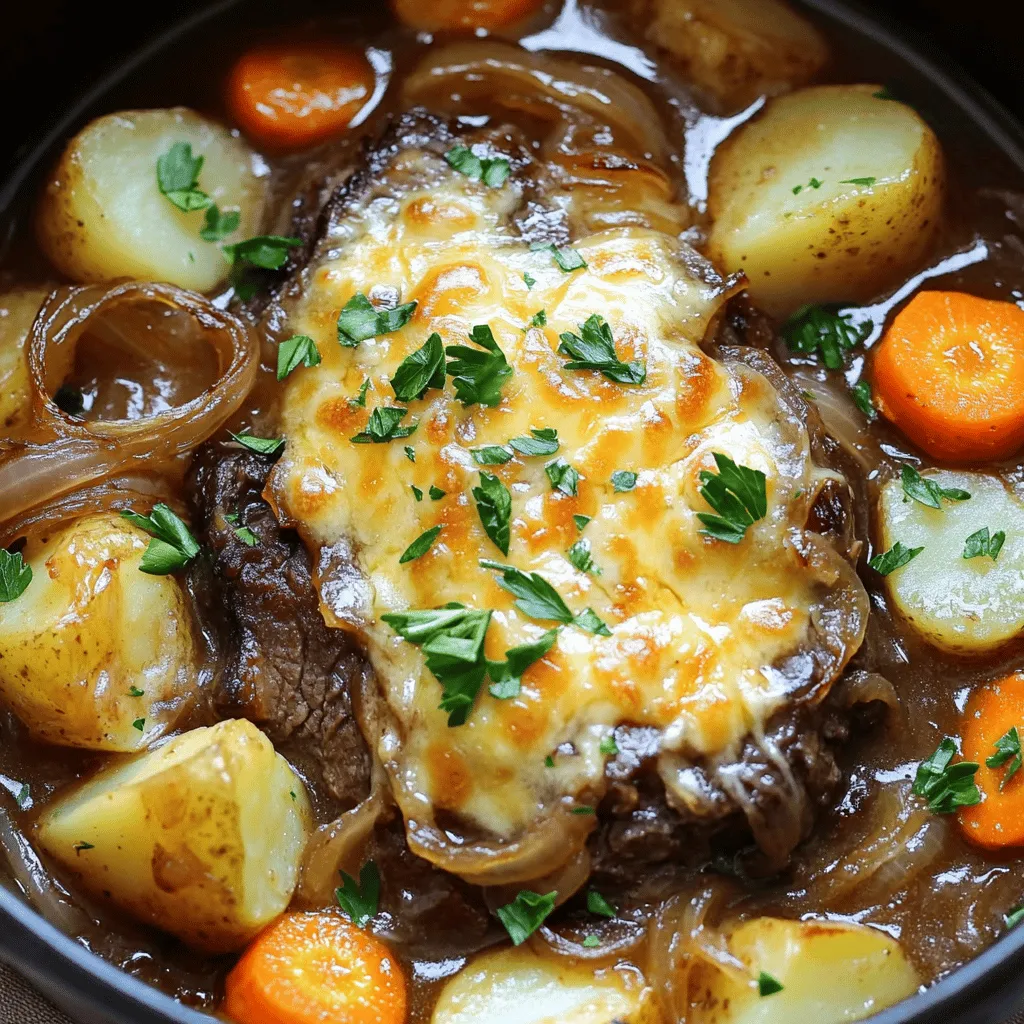 Für ein köstliches Gericht benötigen Sie: - 1,5-2 kg Rinderbraten (Chuck Roast) - 2 große Zwiebeln, in Scheiben geschnitten - 4 Knoblauchzehen, fein gehackt - 500 ml Rinderbrühe - 2 Esslöffel Worcestershire-Sauce - 1 Esslöffel Balsamico-Essig - 1 Teelöffel getrockneter Thymian - 1 Teelöffel getrockneter Rosmarin - Salz und Pfeffer nach Geschmack - 3 Esslöffel Olivenöl - 4 große Karotten, in Stücke geschnitten - 3-4 mittlere Kartoffeln, viertelt - 1 Tasse vollständig geschmolzener Gruyère-Käse (zum Überbacken) - Frische Petersilie, gehackt (zum Garnieren) Diese Zutaten sind die Basis für einen herzhaften Geschmack. Der Rinderbraten gibt das Fleisch. Zwiebeln und Knoblauch bringen Tiefe. Die Gewürze machen den Unterschied. Thymian und Rosmarin fügen einen aromatischen Hauch hinzu. Worcestershire-Sauce und Balsamico-Essig bringen eine süß-säuerliche Note. - <strong>Thymian</strong>: Dieser aromatische Kraut bringt Wärme. – <strong>Rosmarin</strong>: Es hat einen frischen, holzigen Geschmack. – <strong>Worcestershire-Sauce</strong>: Das gibt ein umami Gefühl. – <strong>Balsamico-Essig</strong>: Es sorgt für eine süße Tiefe. Diese Aromen vereinen sich in der langsamen Garzeit. So ziehen sie in das Fleisch ein und machen es zart und lecker. Servieren Sie den Pot Roast mit frischem Baguette oder knusprigem Brot. Das Brot passt gut zu den köstlichen Saucen. Für eine bunte Präsentation können Sie das Gericht mit frischer Petersilie garnieren. – <strong>Karotten</strong>: Sie fügen Süße und Farbe hinzu. – <strong>Kartoffeln</strong>: Diese machen das Gericht sättigend. Das Zusammenspiel der Zutaten und Beilagen macht jede Portion zu einem Fest. Schauen Sie sich auch das Full Recipe für detaillierte Anweisungen an! Heize deinen Ofen auf 165°C (325°F) vor. Das hilft, den Braten gleichmäßig zu garen. Würze den Rinderbraten mit Salz und Pfeffer. Erhitze 2 Esslöffel Olivenöl in einem großen Schmortopf bei mittlerer bis hoher Hitze. Brate den Braten etwa 4-5 Minuten auf jeder Seite an. Du willst eine schöne goldene Kruste sehen. Nimm den Braten dann aus dem Topf und lege ihn beiseite. Gib 1 Esslöffel Olivenöl in den gleichen Topf. Füge die geschnittenen Zwiebeln und eine Prise Salz hinzu. Brate die Zwiebeln bei mittlerer Hitze für etwa 10-15 Minuten. Sie sollten karamellisiert und goldbraun sein. Füge dann den gehackten Knoblauch hinzu. Brate ihn für eine weitere Minute mit. So bekommst du einen tollen Geschmack. Gieße die Rinderbrühe, Worcestershire-Sauce und Balsamico-Essig in den Topf. Rühre den getrockneten Thymian und Rosmarin ein. Lass die Mischung aufkochen. Dies bringt die Aromen zusammen und macht sie intensiv. Lege den Braten zurück in den Topf. Betten ihn zwischen die Zwiebeln. Verteile die Karotten und Kartoffeln rund um den Braten. Decke den Schmortopf mit einem Deckel ab und stelle ihn in den vorgeheizten Ofen. Lass den Braten etwa 3 Stunden garen. Er sollte so zart sein, dass du ihn mit einer Gabel zerreißen kannst. Um den Rinderbraten schonend und zart zu garen, ist die richtige Temperatur wichtig. Ein langsames Garen bei 165°C ist der Schlüssel. Dies gibt dem Fleisch Zeit, weich zu werden. Achten Sie darauf, den Braten vorher gut zu würzen. Dies hilft, den Geschmack zu intensivieren. Lassen Sie ihn nach dem Garen einige Minuten ruhen. So verteilt sich der Saft gleichmäßig. Wenn Sie die Temperatur nach dem Garen kontrollieren, sollte sie etwa 90°C betragen. Das sorgt für die perfekte Zartheit. Die Zwiebelsauce ist das Herzstück dieses Gerichts. Sie können die Sauce leicht variieren, um neue Geschmäcker zu entdecken. Fügen Sie zum Beispiel einen Schuss Rotwein hinzu, um mehr Tiefe zu schaffen. Auch frische Kräuter wie Thymian oder Rosmarin passen gut dazu. Für einen scharfen Kick können Sie etwas Senf oder Paprika einrühren. Experimentieren Sie mit den Zutaten, um Ihre perfekte Sauce zu finden. Denken Sie daran, die Sauce nach dem Garen gut abzuschmecken. Die Präsentation macht viel aus. Servieren Sie den Pot Roast in einem großen, flachen Gericht. Legen Sie die zarten Karotten und Kartoffeln um das Fleisch. Das sieht nicht nur gut aus, sondern schmeckt auch besser. Die gratinierten Zwiebeln können Sie in einer separaten Schüssel anbieten. So kann jeder nach Belieben zugreifen. Ein frisches Baguette ist eine tolle Ergänzung. Es hilft, die köstliche Sauce aufzutunken. Frische Petersilie als Garnitur macht das Gericht noch ansprechender. {{image_4}} Wenn du eine vegetarische Variante des herzhaften französischen Zwiebel-Pot Roasts ausprobieren möchtest, gibt es einfache Wege. Du kannst zum Beispiel statt Rinderbraten einen großen Blumenkohl oder eine Mischung aus Pilzen verwenden. Diese Zutaten nehmen die Aromen gut auf. Karamellisierte Zwiebeln und Gewürze bleiben gleich. Die Rinderbrühe kannst du durch Gemüsebrühe ersetzen. So erhältst du einen ebenso herzhaften Geschmack. Du kannst auch andere Fleischsorten für dein Rezept wählen. Lamm eignet sich gut, um einen neuen Geschmack zu kreieren. Hähnchenbrust ist eine leichtere Option. Wenn du Rindfleisch magst, probiere einen Braten aus der Schulter. Dieser hat viel Geschmack und wird zart. Achte darauf, die Garzeit anzupassen, damit das Fleisch nicht trocken wird. Für spezielle diätetische Bedürfnisse kannst du das Rezept leicht anpassen. Wenn du Gluten meiden möchtest, achte darauf, glutenfreie Brühe und Worcestershire-Sauce zu verwenden. Für eine kohlenhydratarme Diät kannst du die Kartoffeln weglassen oder durch Blumenkohlpüree ersetzen. Diese Optionen helfen dir, das Gericht gesund zu halten, ohne den Geschmack zu verlieren. Für das gesamte Rezept, schau dir bitte das [Full Recipe] an. Um die Reste des herzhaften französischen Zwiebel-Pot Roasts gut zu lagern, folge diesen Schritten: – Lass das Gericht zuerst auf Raumtemperatur abkühlen. – Lege die Reste in luftdichte Behälter. – Teile den Braten und das Gemüse in Portionen auf, um das Aufwärmen zu erleichtern. Diese Schritte helfen, die Frische zu bewahren und den Geschmack zu erhalten. Das Aufwärmen ist einfach und schnell. Hier sind einige Tipps: – Verwende den Ofen: Heize ihn auf 160°C vor. Lege den Braten und das Gemüse in eine Auflaufform. Decke die Form mit Aluminiumfolie ab, um die Feuchtigkeit zu halten. – Alternativ kannst du die Mikrowelle nutzen. Stelle die Portionen in eine mikrowellengeeignete Schüssel. Erhitze sie in kurzen Intervallen von 1-2 Minuten, bis sie heiß sind. So bleibt der Braten zart und das Gemüse knackig. Die Haltbarkeit ist wichtig, um Lebensmittelverschwendung zu vermeiden. Hier sind die Details: – Im Kühlschrank kann der Pot Roast 3-4 Tage aufbewahrt werden. – Im Gefrierfach hält er sich 2-3 Monate. Achte darauf, ihn gut zu verpacken. Wenn du die Reste im Gefrierfach hast, beschrifte die Behälter mit dem Datum. So weißt du immer, wie frisch sie sind. Der Pot Roast sollte etwa drei Stunden im Ofen garen. Dies macht das Fleisch zart. Überprüfen Sie nach drei Stunden, ob das Fleisch leicht auseinanderfällt. Wenn nicht, lassen Sie es etwas länger garen. Ja, Sie können den Pot Roast im Slow Cooker zubereiten. Braten Sie das Fleisch zuerst an, um den Geschmack zu intensivieren. Geben Sie dann alles in den Slow Cooker. Kochen Sie es auf niedriger Stufe für etwa 6-8 Stunden. So bleibt das Fleisch saftig und zart. Zu einem Pot Roast passen viele Beilagen gut. Hier sind einige Vorschläge: – Kartoffelpüree – Gedämpfte grüne Bohnen – Rösti – Frisches Baguette zum Tunken in die Sauce Um den Geschmack zu verstärken, verwenden Sie frische Kräuter. Thymian und Rosmarin sind großartig. Fügen Sie auch ein wenig Rotwein zur Brühe hinzu. Eine Prise Paprika oder Cayennepfeffer kann ebenfalls helfen. Experimentieren Sie mit Gewürzen, um Ihre perfekte Mischung zu finden. In diesem Artikel haben wir die Zutaten für einen herzhaften französischen Zwiebel-Pot Roast besprochen. Ich habe eine Schritt-für-Schritt-Anleitung gegeben, um dir beim Kochen zu helfen. Tipps und Variationen zeigen, wie du das Rezept anpassen kannst. Auch die Lagerung und häufige Fragen wurden beantwortet. Ein guter Pot Roast bringt Freude in jede Küche. Nutze diese Tipps, um dein Gericht zu perfektionieren und zu genießen. Viel Spaß beim Kochen!” /></p>
</p>
<h2>Variationen</h2>
</p>
<h3>Vegetarische Optionen für einen ähnlichen Geschmack</h3>
</p>
<p>Wenn du eine vegetarische Variante des herzhaften französischen Zwiebel-Pot Roasts ausprobieren möchtest, gibt es einfache Wege. Du kannst zum Beispiel statt Rinderbraten einen großen Blumenkohl oder eine Mischung aus Pilzen verwenden. Diese Zutaten nehmen die Aromen gut auf. Karamellisierte Zwiebeln und Gewürze bleiben gleich. Die Rinderbrühe kannst du durch Gemüsebrühe ersetzen. So erhältst du einen ebenso herzhaften Geschmack.</p>
</p>
<h3>Verwendung anderer Fleischsorten</h3>
</p>
<p>Du kannst auch andere Fleischsorten für dein Rezept wählen. Lamm eignet sich gut, um einen neuen Geschmack zu kreieren. Hähnchenbrust ist eine leichtere Option. Wenn du Rindfleisch magst, probiere einen Braten aus der Schulter. Dieser hat viel Geschmack und wird zart. Achte darauf, die Garzeit anzupassen, damit das Fleisch nicht trocken wird.</p>
</p>
<h3>Anpassungen für verschiedene diätetische Bedürfnisse</h3>
</p>
<p>Für spezielle diätetische Bedürfnisse kannst du das Rezept leicht anpassen. Wenn du Gluten meiden möchtest, achte darauf, glutenfreie Brühe und Worcestershire-Sauce zu verwenden. Für eine kohlenhydratarme Diät kannst du die Kartoffeln weglassen oder durch Blumenkohlpüree ersetzen. Diese Optionen helfen dir, das Gericht gesund zu halten, ohne den Geschmack zu verlieren.</p>
</p>
<p>Für das gesamte Rezept, schau dir bitte das [Full Recipe] an.</p>
</p>
</p>
<h2>Lagerinformationen</h2>
</p>
<h3>Wie man Reste richtig lagert</h3>
</p>
<p>Um die Reste des herzhaften französischen Zwiebel-Pot Roasts gut zu lagern, folge diesen Schritten:</p>
</p>
<p>– Lass das Gericht zuerst auf Raumtemperatur abkühlen.</p>
<p>– Lege die Reste in luftdichte Behälter.</p>
<p>– Teile den Braten und das Gemüse in Portionen auf, um das Aufwärmen zu erleichtern.</p>
</p>
<p>Diese Schritte helfen, die Frische zu bewahren und den Geschmack zu erhalten.</p>
</p>
<h3>Aufwärmen von übrig gebliebenem Pot Roast</h3>
</p>
<p>Das Aufwärmen ist einfach und schnell. Hier sind einige Tipps:</p>
</p>
<p>– Verwende den Ofen: Heize ihn auf 160°C vor. Lege den Braten und das Gemüse in eine Auflaufform. Decke die Form mit Aluminiumfolie ab, um die Feuchtigkeit zu halten.</p>
<p>– Alternativ kannst du die Mikrowelle nutzen. Stelle die Portionen in eine mikrowellengeeignete Schüssel. Erhitze sie in kurzen Intervallen von 1-2 Minuten, bis sie heiß sind.</p>
</p>
<p>So bleibt der Braten zart und das Gemüse knackig.</p>
</p>
<h3>Haltbarkeit im Kühlschrank und Gefrierfach</h3>
</p>
<p>Die Haltbarkeit ist wichtig, um Lebensmittelverschwendung zu vermeiden. Hier sind die Details:</p>
</p>
<p>– Im Kühlschrank kann der Pot Roast 3-4 Tage aufbewahrt werden.</p>
<p>– Im Gefrierfach hält er sich 2-3 Monate. Achte darauf, ihn gut zu verpacken.</p>
</p>
<p>Wenn du die Reste im Gefrierfach hast, beschrifte die Behälter mit dem Datum. So weißt du immer, wie frisch sie sind.</p>
</p>
<h2>Häufig gestellte Fragen (FAQs)</h2>
</p>
<h3>Wie lange sollte der Pot Roast garen?</h3>
<p>Der Pot Roast sollte etwa drei Stunden im Ofen garen. Dies macht das Fleisch zart. Überprüfen Sie nach drei Stunden, ob das Fleisch leicht auseinanderfällt. Wenn nicht, lassen Sie es etwas länger garen.</p>
</p>
<h3>Kann ich dies im Slow Cooker zubereiten?</h3>
<p>Ja, Sie können den Pot Roast im Slow Cooker zubereiten. Braten Sie das Fleisch zuerst an, um den Geschmack zu intensivieren. Geben Sie dann alles in den Slow Cooker. Kochen Sie es auf niedriger Stufe für etwa 6-8 Stunden. So bleibt das Fleisch saftig und zart.</p>
</p>
<h3>Was sind die besten Beilagen zu einem Pot Roast?</h3>
<p>Zu einem Pot Roast passen viele Beilagen gut. Hier sind einige Vorschläge:</p>
<p>– Kartoffelpüree</p>
<p>– Gedämpfte grüne Bohnen</p>
<p>– Rösti</p>
<p>– Frisches Baguette zum Tunken in die Sauce</p>
</p>
<h3>Wie kann ich den Geschmack verstärken?</h3>
<p>Um den Geschmack zu verstärken, verwenden Sie frische Kräuter. Thymian und Rosmarin sind großartig. Fügen Sie auch ein wenig Rotwein zur Brühe hinzu. Eine Prise Paprika oder Cayennepfeffer kann ebenfalls helfen. Experimentieren Sie mit Gewürzen, um Ihre perfekte Mischung zu finden.</p>
</p>
<p>In diesem Artikel haben wir die Zutaten für einen herzhaften französischen Zwiebel-Pot Roast besprochen. Ich habe eine Schritt-für-Schritt-Anleitung gegeben, um dir beim Kochen zu helfen. Tipps und Variationen zeigen, wie du das Rezept anpassen kannst. Auch die Lagerung und häufige Fragen wurden beantwortet.</p>
</p>
<p>Ein guter Pot Roast bringt Freude in jede Küche. Nutze diese Tipps, um dein Gericht zu perfektionieren und zu genießen. Viel Spaß beim Kochen!</p>
</div>