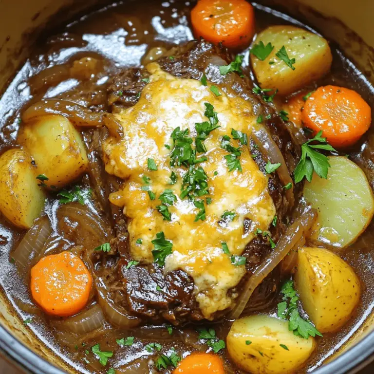 Für ein köstliches Gericht benötigen Sie: - 1,5-2 kg Rinderbraten (Chuck Roast) - 2 große Zwiebeln, in Scheiben geschnitten - 4 Knoblauchzehen, fein gehackt - 500 ml Rinderbrühe - 2 Esslöffel Worcestershire-Sauce - 1 Esslöffel Balsamico-Essig - 1 Teelöffel getrockneter Thymian - 1 Teelöffel getrockneter Rosmarin - Salz und Pfeffer nach Geschmack - 3 Esslöffel Olivenöl - 4 große Karotten, in Stücke geschnitten - 3-4 mittlere Kartoffeln, viertelt - 1 Tasse vollständig geschmolzener Gruyère-Käse (zum Überbacken) - Frische Petersilie, gehackt (zum Garnieren) Diese Zutaten sind die Basis für einen herzhaften Geschmack. Der Rinderbraten gibt das Fleisch. Zwiebeln und Knoblauch bringen Tiefe. Die Gewürze machen den Unterschied. Thymian und Rosmarin fügen einen aromatischen Hauch hinzu. Worcestershire-Sauce und Balsamico-Essig bringen eine süß-säuerliche Note. - Thymian: Dieser aromatische Kraut bringt Wärme. - Rosmarin: Es hat einen frischen, holzigen Geschmack. - Worcestershire-Sauce: Das gibt ein umami Gefühl. - Balsamico-Essig: Es sorgt für eine süße Tiefe. Diese Aromen vereinen sich in der langsamen Garzeit. So ziehen sie in das Fleisch ein und machen es zart und lecker. Servieren Sie den Pot Roast mit frischem Baguette oder knusprigem Brot. Das Brot passt gut zu den köstlichen Saucen. Für eine bunte Präsentation können Sie das Gericht mit frischer Petersilie garnieren. - Karotten: Sie fügen Süße und Farbe hinzu. - Kartoffeln: Diese machen das Gericht sättigend. Das Zusammenspiel der Zutaten und Beilagen macht jede Portion zu einem Fest. Schauen Sie sich auch das Full Recipe für detaillierte Anweisungen an! Heize deinen Ofen auf 165°C (325°F) vor. Das hilft, den Braten gleichmäßig zu garen. Würze den Rinderbraten mit Salz und Pfeffer. Erhitze 2 Esslöffel Olivenöl in einem großen Schmortopf bei mittlerer bis hoher Hitze. Brate den Braten etwa 4-5 Minuten auf jeder Seite an. Du willst eine schöne goldene Kruste sehen. Nimm den Braten dann aus dem Topf und lege ihn beiseite. Gib 1 Esslöffel Olivenöl in den gleichen Topf. Füge die geschnittenen Zwiebeln und eine Prise Salz hinzu. Brate die Zwiebeln bei mittlerer Hitze für etwa 10-15 Minuten. Sie sollten karamellisiert und goldbraun sein. Füge dann den gehackten Knoblauch hinzu. Brate ihn für eine weitere Minute mit. So bekommst du einen tollen Geschmack. Gieße die Rinderbrühe, Worcestershire-Sauce und Balsamico-Essig in den Topf. Rühre den getrockneten Thymian und Rosmarin ein. Lass die Mischung aufkochen. Dies bringt die Aromen zusammen und macht sie intensiv. Lege den Braten zurück in den Topf. Betten ihn zwischen die Zwiebeln. Verteile die Karotten und Kartoffeln rund um den Braten. Decke den Schmortopf mit einem Deckel ab und stelle ihn in den vorgeheizten Ofen. Lass den Braten etwa 3 Stunden garen. Er sollte so zart sein, dass du ihn mit einer Gabel zerreißen kannst. Um den Rinderbraten schonend und zart zu garen, ist die richtige Temperatur wichtig. Ein langsames Garen bei 165°C ist der Schlüssel. Dies gibt dem Fleisch Zeit, weich zu werden. Achten Sie darauf, den Braten vorher gut zu würzen. Dies hilft, den Geschmack zu intensivieren. Lassen Sie ihn nach dem Garen einige Minuten ruhen. So verteilt sich der Saft gleichmäßig. Wenn Sie die Temperatur nach dem Garen kontrollieren, sollte sie etwa 90°C betragen. Das sorgt für die perfekte Zartheit. Die Zwiebelsauce ist das Herzstück dieses Gerichts. Sie können die Sauce leicht variieren, um neue Geschmäcker zu entdecken. Fügen Sie zum Beispiel einen Schuss Rotwein hinzu, um mehr Tiefe zu schaffen. Auch frische Kräuter wie Thymian oder Rosmarin passen gut dazu. Für einen scharfen Kick können Sie etwas Senf oder Paprika einrühren. Experimentieren Sie mit den Zutaten, um Ihre perfekte Sauce zu finden. Denken Sie daran, die Sauce nach dem Garen gut abzuschmecken. Die Präsentation macht viel aus. Servieren Sie den Pot Roast in einem großen, flachen Gericht. Legen Sie die zarten Karotten und Kartoffeln um das Fleisch. Das sieht nicht nur gut aus, sondern schmeckt auch besser. Die gratinierten Zwiebeln können Sie in einer separaten Schüssel anbieten. So kann jeder nach Belieben zugreifen. Ein frisches Baguette ist eine tolle Ergänzung. Es hilft, die köstliche Sauce aufzutunken. Frische Petersilie als Garnitur macht das Gericht noch ansprechender. {{image_4}} Wenn du eine vegetarische Variante des herzhaften französischen Zwiebel-Pot Roasts ausprobieren möchtest, gibt es einfache Wege. Du kannst zum Beispiel statt Rinderbraten einen großen Blumenkohl oder eine Mischung aus Pilzen verwenden. Diese Zutaten nehmen die Aromen gut auf. Karamellisierte Zwiebeln und Gewürze bleiben gleich. Die Rinderbrühe kannst du durch Gemüsebrühe ersetzen. So erhältst du einen ebenso herzhaften Geschmack. Du kannst auch andere Fleischsorten für dein Rezept wählen. Lamm eignet sich gut, um einen neuen Geschmack zu kreieren. Hähnchenbrust ist eine leichtere Option. Wenn du Rindfleisch magst, probiere einen Braten aus der Schulter. Dieser hat viel Geschmack und wird zart. Achte darauf, die Garzeit anzupassen, damit das Fleisch nicht trocken wird. Für spezielle diätetische Bedürfnisse kannst du das Rezept leicht anpassen. Wenn du Gluten meiden möchtest, achte darauf, glutenfreie Brühe und Worcestershire-Sauce zu verwenden. Für eine kohlenhydratarme Diät kannst du die Kartoffeln weglassen oder durch Blumenkohlpüree ersetzen. Diese Optionen helfen dir, das Gericht gesund zu halten, ohne den Geschmack zu verlieren. Für das gesamte Rezept, schau dir bitte das [Full Recipe] an. Um die Reste des herzhaften französischen Zwiebel-Pot Roasts gut zu lagern, folge diesen Schritten: - Lass das Gericht zuerst auf Raumtemperatur abkühlen. - Lege die Reste in luftdichte Behälter. - Teile den Braten und das Gemüse in Portionen auf, um das Aufwärmen zu erleichtern. Diese Schritte helfen, die Frische zu bewahren und den Geschmack zu erhalten. Das Aufwärmen ist einfach und schnell. Hier sind einige Tipps: - Verwende den Ofen: Heize ihn auf 160°C vor. Lege den Braten und das Gemüse in eine Auflaufform. Decke die Form mit Aluminiumfolie ab, um die Feuchtigkeit zu halten. - Alternativ kannst du die Mikrowelle nutzen. Stelle die Portionen in eine mikrowellengeeignete Schüssel. Erhitze sie in kurzen Intervallen von 1-2 Minuten, bis sie heiß sind. So bleibt der Braten zart und das Gemüse knackig. Die Haltbarkeit ist wichtig, um Lebensmittelverschwendung zu vermeiden. Hier sind die Details: - Im Kühlschrank kann der Pot Roast 3-4 Tage aufbewahrt werden. - Im Gefrierfach hält er sich 2-3 Monate. Achte darauf, ihn gut zu verpacken. Wenn du die Reste im Gefrierfach hast, beschrifte die Behälter mit dem Datum. So weißt du immer, wie frisch sie sind. Der Pot Roast sollte etwa drei Stunden im Ofen garen. Dies macht das Fleisch zart. Überprüfen Sie nach drei Stunden, ob das Fleisch leicht auseinanderfällt. Wenn nicht, lassen Sie es etwas länger garen. Ja, Sie können den Pot Roast im Slow Cooker zubereiten. Braten Sie das Fleisch zuerst an, um den Geschmack zu intensivieren. Geben Sie dann alles in den Slow Cooker. Kochen Sie es auf niedriger Stufe für etwa 6-8 Stunden. So bleibt das Fleisch saftig und zart. Zu einem Pot Roast passen viele Beilagen gut. Hier sind einige Vorschläge: - Kartoffelpüree - Gedämpfte grüne Bohnen - Rösti - Frisches Baguette zum Tunken in die Sauce Um den Geschmack zu verstärken, verwenden Sie frische Kräuter. Thymian und Rosmarin sind großartig. Fügen Sie auch ein wenig Rotwein zur Brühe hinzu. Eine Prise Paprika oder Cayennepfeffer kann ebenfalls helfen. Experimentieren Sie mit Gewürzen, um Ihre perfekte Mischung zu finden. In diesem Artikel haben wir die Zutaten für einen herzhaften französischen Zwiebel-Pot Roast besprochen. Ich habe eine Schritt-für-Schritt-Anleitung gegeben, um dir beim Kochen zu helfen. Tipps und Variationen zeigen, wie du das Rezept anpassen kannst. Auch die Lagerung und häufige Fragen wurden beantwortet. Ein guter Pot Roast bringt Freude in jede Küche. Nutze diese Tipps, um dein Gericht zu perfektionieren und zu genießen. Viel Spaß beim Kochen!