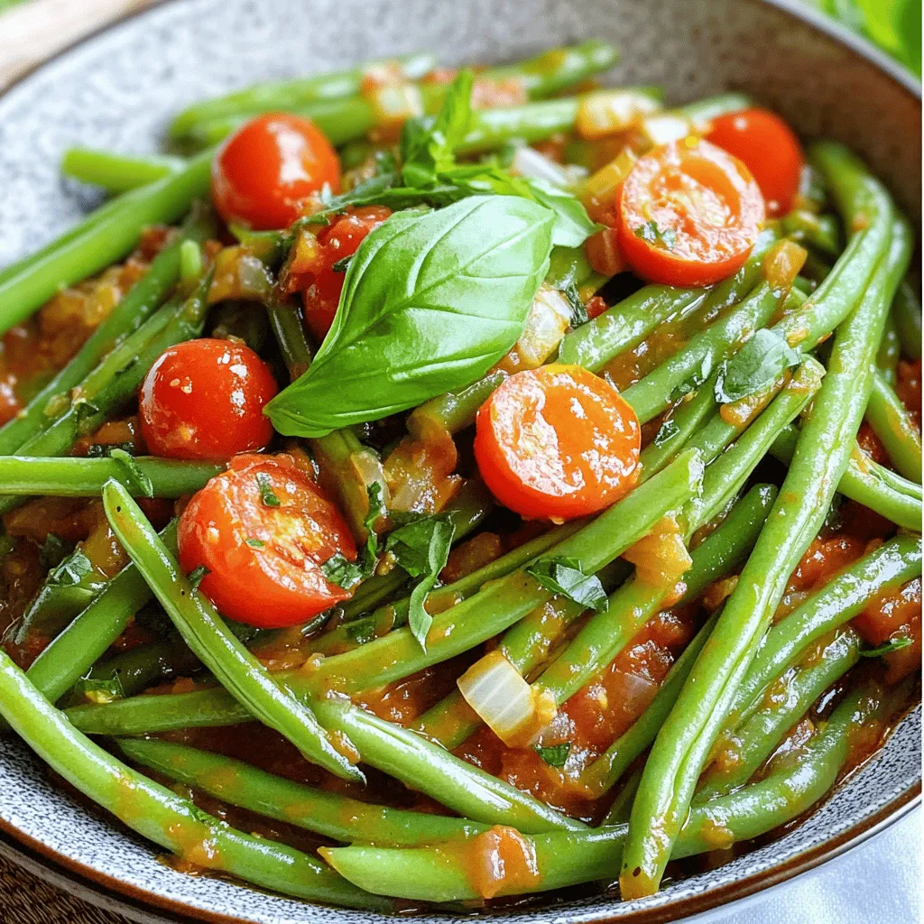Für grüne Bohnen in Tomatensauce brauche ich frische grüne Bohnen, etwa 500 g. Ich verwende auch 400 g gehackte Tomaten, entweder aus der Dose oder frisch. Ein paar Knoblauchzehen und eine Zwiebel sind wichtig für den Geschmack. Außerdem nehme ich 2 Esslöffel Olivenöl, 1 Teelöffel Zucker, 1 Teelöffel getrockneten Oregano und 1 Teelöffel Paprikapulver. Salz und Pfeffer kommen nach Geschmack dazu. Zum Garnieren nutze ich frischen Basilikum.