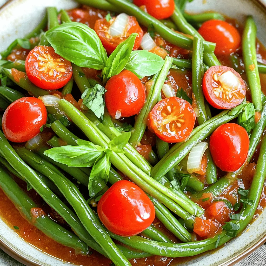 Für grüne Bohnen in Tomatensauce brauche ich frische grüne Bohnen, etwa 500 g. Ich verwende auch 400 g gehackte Tomaten, entweder aus der Dose oder frisch. Ein paar Knoblauchzehen und eine Zwiebel sind wichtig für den Geschmack. Außerdem nehme ich 2 Esslöffel Olivenöl, 1 Teelöffel Zucker, 1 Teelöffel getrockneten Oregano und 1 Teelöffel Paprikapulver. Salz und Pfeffer kommen nach Geschmack dazu. Zum Garnieren nutze ich frischen Basilikum.