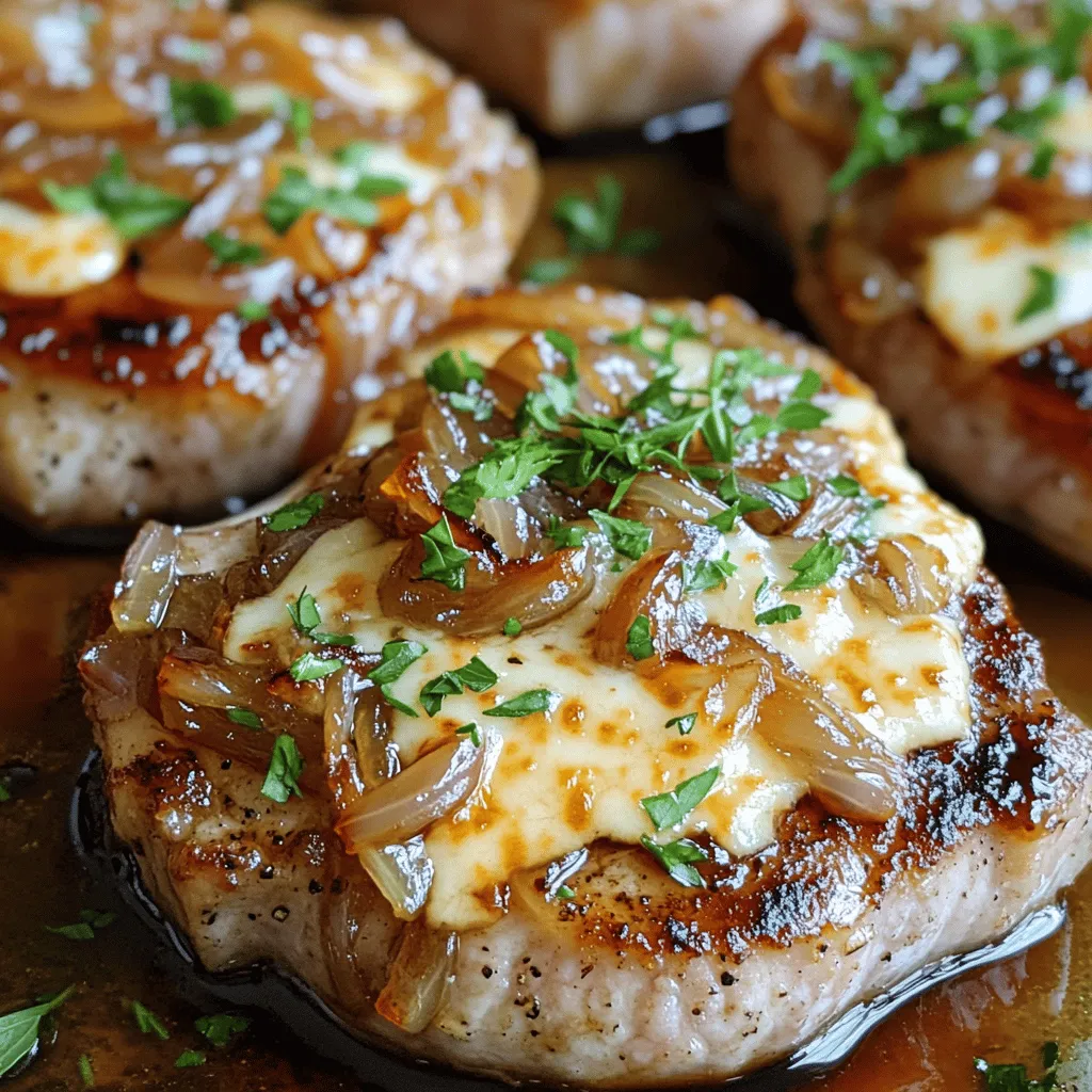 Für die perfekten Koteletts brauchst du einige wichtige Zutaten. Diese sind: - 4 Koteletts mit Knochen (ca. 2,5 cm dick) - Salz und Pfeffer nach Geschmack - 2 Esslöffel Olivenöl Die Koteletts sind das Herzstück des Gerichts. Die Knochen geben dem Fleisch mehr Geschmack. Das Salz und der Pfeffer intensivieren die Aromen der Koteletts. Die richtigen Gewürze und Öle machen den Unterschied. Hier sind die wichtigsten: - 2 große gelbe Zwiebeln, dünn geschnitten - 2 Knoblauchzehen, fein gehackt - 1 Esslöffel Balsamico-Essig - 1 Teelöffel frische Thymianblätter (oder ½ Teelöffel getrockneter Thymian) Zwiebeln sind ein Muss. Sie verleihen dem Gericht Süße und Tiefe. Knoblauch bringt einen feinen Geschmack, während Balsamico-Essig eine angenehme Säure hinzufügt. Thymian bringt frische Kräuternoten mit. Für die Sauce und das Topping brauchst du noch einige Zutaten. Diese sind: - 1 Esslöffel Mehl - 1 Tasse natriumreduzierter Rinderbrühe - 1 Tasse geriebener Gruyère-Käse - Frische Petersilie, gehackt (zur Garnierung) Das Mehl hilft, die Sauce zu binden. Rinderbrühe sorgt für einen tiefen, herzhaften Geschmack. Gruyère-Käse bringt eine cremige Textur und einen reichen Geschmack. Petersilie ist perfekt für die Garnierung. Sie bringt Farbe und Frische. Du kannst das komplette Rezept [Full Recipe] hier finden. Zuerst würzen Sie die Koteletts. Nehmen Sie die Koteletts und streuen Sie Salz und Pfeffer großzügig darauf. Stellen Sie sicher, dass beide Seiten gut gewürzt sind. Dies gibt den Koteletts einen tollen Geschmack. Erhitzen Sie das Olivenöl in einer großen Pfanne. Die Hitze sollte mittel bis hoch sein. Wenn das Öl heiß ist, legen Sie die Koteletts in die Pfanne. Braten Sie sie etwa 4-5 Minuten pro Seite an. Suchen Sie nach einer goldbraunen Farbe. Nehmen Sie die Koteletts heraus und legen Sie sie auf einen Teller. Reduzieren Sie die Hitze auf mittel. Geben Sie die geschnittenen Zwiebeln in die Pfanne. Fügen Sie eine Prise Salz hinzu. Kochen Sie die Zwiebeln etwa 10-15 Minuten lang. Rühren Sie gelegentlich um. Sie wollen, dass die Zwiebeln karamellisiert und goldbraun sind. Wenn sie kleben, fügen Sie einen Schuss Wasser hinzu. Sobald die Zwiebeln karamellisiert sind, fügen Sie den gehackten Knoblauch hinzu. Geben Sie auch den Balsamico-Essig und die Thymianblätter dazu. Kochen Sie die Mischung für 2 Minuten. Rühren Sie gut um, bis alles duftet. Streuen Sie das Mehl über die Zwiebeln. Mischen Sie alles gut zusammen. Lassen Sie die Mischung etwa eine Minute kochen. Fügen Sie dann langsam die Rinderbrühe hinzu. Rühren Sie ständig, um Klumpen zu vermeiden. Legen Sie die Koteletts wieder in die Pfanne. Bedecken Sie sie mit der Zwiebelsauce. Reduzieren Sie die Hitze auf niedrig. Decken Sie die Pfanne ab und lassen Sie die Mischung 10-12 Minuten köcheln. Das Fleisch sollte eine Innentemperatur von 63 °C erreichen. Nehmen Sie die Pfanne vom Herd. Streuen Sie den geriebenen Gruyère-Käse über die Koteletts. Decken Sie die Pfanne ab, bis der Käse schmilzt. Dies dauert etwa 2-3 Minuten. Legen Sie die Koteletts vorsichtig auf Teller. Geben Sie die Zwiebelsauce und den Käse großzügig darüber. Garnieren Sie das Gericht mit gehackter Petersilie. Genießen Sie Ihr köstliches Gericht! Um perfekte Koteletts zu machen, ist die Temperatur wichtig. Heizen Sie die Pfanne auf mittlere bis hohe Hitze. Braten Sie die Koteletts für 4-5 Minuten pro Seite an. Nach dem Anbraten sollten sie eine Innentemperatur von 63 °C erreichen. Nutzen Sie ein Fleischthermometer, um die Temperatur zu prüfen. Dies sorgt dafür, dass das Fleisch saftig bleibt und nicht trocken wird. Lassen Sie die Koteletts nach dem Braten kurz ruhen. So verteilt sich der Saft besser im Fleisch. Karamellisieren Sie die Zwiebeln langsam. Beginnen Sie bei mittlerer Hitze. Fügen Sie eine Prise Salz hinzu, um den Prozess zu fördern. Rühren Sie die Zwiebeln regelmäßig um, damit sie gleichmäßig braun werden. Vermeiden Sie hohe Hitze, da die Zwiebeln sonst verbrennen. Wenn sie zu kleben beginnen, geben Sie etwas Wasser hinzu. Das hilft, die Zwiebeln vom Pfannenboden zu lösen. Geduld ist der Schlüssel. Es kann bis zu 15 Minuten dauern, bis sie perfekt karamellisiert sind. Für gesündere Koteletts können Sie einige Anpassungen vornehmen. Verwenden Sie weniger Öl oder ein Spray, um die Pfanne zu ölen. Tauschen Sie die Koteletts gegen mageres Fleisch oder Tofu aus. Statt Gruyère-Käse können Sie einen fettärmeren Käse nutzen. Zudem können Sie die Zwiebeln mit mehr Gemüse kombinieren, wie zum Beispiel Paprika oder Champignons. Diese Optionen machen das Gericht nahrhafter und leicht. {{image_4}} Gruyère-Käse ist köstlich, aber Sie können auch andere Käsesorten verwenden. Cheddar, Mozzarella oder Emmentaler eignen sich gut. Diese Käsesorten schmelzen wunderbar und geben dem Gericht eine eigene Note. Experimentieren Sie und finden Sie Ihren Favoriten. Zu den Koteletts passen viele Beilagen. Probieren Sie einen frischen Salat, gedünsteten Brokkoli oder Kartoffelpüree. Gemüse kann auch in die Pfanne. Fügen Sie Karotten oder grüne Bohnen hinzu. Sie geben Farbe und Nährstoffe. Bunte Beilagen machen das Gericht interessanter. Eine Marinade kann den Geschmack der Koteletts verbessern. Mischen Sie Olivenöl, Knoblauch und Rosmarin für eine einfache Marinade. Lassen Sie die Koteletts mindestens eine Stunde marinieren. Gewürzmischungen wie Paprika oder Kreuzkümmel bringen zusätzlichen Geschmack. Seien Sie kreativ und passen Sie die Gewürze an Ihren Geschmack an. Für das vollständige Rezept und die Zubereitung schauen Sie sich die Details im [Full Recipe] an. Um die Reste deiner French Onion Smothered Pork Chops frisch zu halten, lege sie in einen luftdichten Behälter. Du kannst auch Frischhaltefolie verwenden. Achte darauf, die Koteletts gut abzudecken. So bleibt der Geschmack erhalten. Lass die Koteletts zuerst auf Raumtemperatur kommen, bevor du sie in den Kühlschrank stellst. Wenn du die Koteletts aufwärmen möchtest, benutze am besten die Pfanne oder den Ofen. Erhitze die Pfanne bei mittlerer Hitze. Lege die Koteletts hinein und decke sie ab. So bleiben sie saftig. Du kannst auch einen Spritzer Brühe hinzugeben, um die Feuchtigkeit zu erhöhen. Alternativ kannst du die Koteletts im Ofen bei 180 °C für etwa 10 Minuten erwärmen. Im Kühlschrank halten die Reste etwa 3 bis 4 Tage. Stelle sicher, dass du sie in einem luftdichten Behälter aufbewahrst. Wenn du die Koteletts länger aufbewahren möchtest, friere sie ein. Im Gefrierschrank halten sie bis zu 3 Monate. Achte darauf, die Koteletts gut zu verpacken, um Gefrierbrand zu vermeiden. Um sie aufzutauen, lege sie einfach über Nacht in den Kühlschrank. Für das volle Rezept schau dir die Anleitung zu Porkkoteletts mit französischer Zwiebelsauce an. Die Koteletts sollten etwa 10-12 Minuten köcheln. Achte darauf, dass das Fleisch eine Innentemperatur von 63 °C erreicht. So bleibt das Fleisch saftig und zart. Es ist wichtig, die Koteletts während des Kochens in der Zwiebelsauce zu belassen. Dadurch nehmen sie den vollen Geschmack auf. Ja, du kannst die Zwiebeln im Voraus zubereiten. Karamellisiere sie einfach und lasse sie abkühlen. Bewahre sie in einem luftdichten Behälter im Kühlschrank auf. So sparst du Zeit beim Kochen. Wenn du bereit bist, die Koteletts zu machen, wärme die Zwiebeln einfach in der Pfanne auf. Das macht das Gericht noch einfacher. Zu den Koteletts passen viele Beilagen. Einige gute Optionen sind: - Kartoffelpüree - Reis - Gedünstetes Gemüse - Baguette Diese Beilagen ergänzen die Aromen der Zwiebelsauce gut und machen das Essen komplett. Um das Rezept vegetarisch zu machen, ersetze die Koteletts durch dicke Scheiben von Portobello-Pilzen oder Tofu. Du kannst die Zwiebelsoße wie gewohnt zubereiten. Achte darauf, dass die Pilze oder der Tofu gut gewürzt sind, damit sie den vollen Geschmack annehmen. So erhältst du ein schmackhaftes vegetarisches Gericht. Das Rezept für Koteletts bietet viele einfache Schritte zum Kochen und Genießen. Wir haben die Hauptzutaten, Gewürze und die besten Tipps zur Zubereitung behandelt. Denkt daran, die Koteletts richtig zu würzen und die Zwiebeln perfekt zu karamellisieren. Variationen und Aufbewahrungsmöglichkeiten machen das Rezept flexibel und lecker. Mit diesen Informationen könnt ihr sicher tolle Koteletts zubereiten. Habt Mut, zu experimentieren und neue Ideen auszuprobieren!