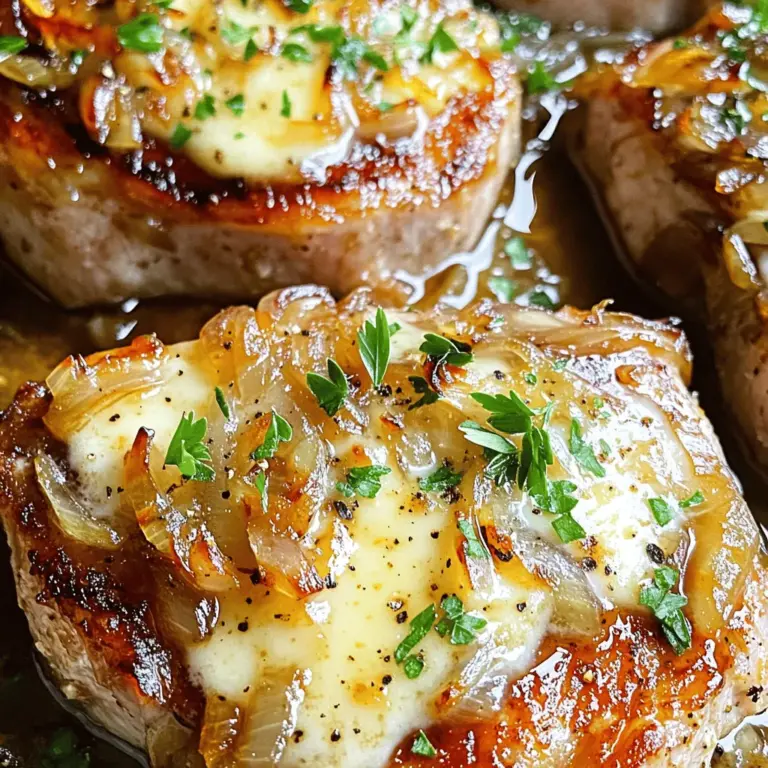 Für die perfekten Koteletts brauchst du einige wichtige Zutaten. Diese sind: - 4 Koteletts mit Knochen (ca. 2,5 cm dick) - Salz und Pfeffer nach Geschmack - 2 Esslöffel Olivenöl Die Koteletts sind das Herzstück des Gerichts. Die Knochen geben dem Fleisch mehr Geschmack. Das Salz und der Pfeffer intensivieren die Aromen der Koteletts. Die richtigen Gewürze und Öle machen den Unterschied. Hier sind die wichtigsten: - 2 große gelbe Zwiebeln, dünn geschnitten - 2 Knoblauchzehen, fein gehackt - 1 Esslöffel Balsamico-Essig - 1 Teelöffel frische Thymianblätter (oder ½ Teelöffel getrockneter Thymian) Zwiebeln sind ein Muss. Sie verleihen dem Gericht Süße und Tiefe. Knoblauch bringt einen feinen Geschmack, während Balsamico-Essig eine angenehme Säure hinzufügt. Thymian bringt frische Kräuternoten mit. Für die Sauce und das Topping brauchst du noch einige Zutaten. Diese sind: - 1 Esslöffel Mehl - 1 Tasse natriumreduzierter Rinderbrühe - 1 Tasse geriebener Gruyère-Käse - Frische Petersilie, gehackt (zur Garnierung) Das Mehl hilft, die Sauce zu binden. Rinderbrühe sorgt für einen tiefen, herzhaften Geschmack. Gruyère-Käse bringt eine cremige Textur und einen reichen Geschmack. Petersilie ist perfekt für die Garnierung. Sie bringt Farbe und Frische. Du kannst das komplette Rezept [Full Recipe] hier finden. Zuerst würzen Sie die Koteletts. Nehmen Sie die Koteletts und streuen Sie Salz und Pfeffer großzügig darauf. Stellen Sie sicher, dass beide Seiten gut gewürzt sind. Dies gibt den Koteletts einen tollen Geschmack. Erhitzen Sie das Olivenöl in einer großen Pfanne. Die Hitze sollte mittel bis hoch sein. Wenn das Öl heiß ist, legen Sie die Koteletts in die Pfanne. Braten Sie sie etwa 4-5 Minuten pro Seite an. Suchen Sie nach einer goldbraunen Farbe. Nehmen Sie die Koteletts heraus und legen Sie sie auf einen Teller. Reduzieren Sie die Hitze auf mittel. Geben Sie die geschnittenen Zwiebeln in die Pfanne. Fügen Sie eine Prise Salz hinzu. Kochen Sie die Zwiebeln etwa 10-15 Minuten lang. Rühren Sie gelegentlich um. Sie wollen, dass die Zwiebeln karamellisiert und goldbraun sind. Wenn sie kleben, fügen Sie einen Schuss Wasser hinzu. Sobald die Zwiebeln karamellisiert sind, fügen Sie den gehackten Knoblauch hinzu. Geben Sie auch den Balsamico-Essig und die Thymianblätter dazu. Kochen Sie die Mischung für 2 Minuten. Rühren Sie gut um, bis alles duftet. Streuen Sie das Mehl über die Zwiebeln. Mischen Sie alles gut zusammen. Lassen Sie die Mischung etwa eine Minute kochen. Fügen Sie dann langsam die Rinderbrühe hinzu. Rühren Sie ständig, um Klumpen zu vermeiden. Legen Sie die Koteletts wieder in die Pfanne. Bedecken Sie sie mit der Zwiebelsauce. Reduzieren Sie die Hitze auf niedrig. Decken Sie die Pfanne ab und lassen Sie die Mischung 10-12 Minuten köcheln. Das Fleisch sollte eine Innentemperatur von 63 °C erreichen. Nehmen Sie die Pfanne vom Herd. Streuen Sie den geriebenen Gruyère-Käse über die Koteletts. Decken Sie die Pfanne ab, bis der Käse schmilzt. Dies dauert etwa 2-3 Minuten. Legen Sie die Koteletts vorsichtig auf Teller. Geben Sie die Zwiebelsauce und den Käse großzügig darüber. Garnieren Sie das Gericht mit gehackter Petersilie. Genießen Sie Ihr köstliches Gericht! Um perfekte Koteletts zu machen, ist die Temperatur wichtig. Heizen Sie die Pfanne auf mittlere bis hohe Hitze. Braten Sie die Koteletts für 4-5 Minuten pro Seite an. Nach dem Anbraten sollten sie eine Innentemperatur von 63 °C erreichen. Nutzen Sie ein Fleischthermometer, um die Temperatur zu prüfen. Dies sorgt dafür, dass das Fleisch saftig bleibt und nicht trocken wird. Lassen Sie die Koteletts nach dem Braten kurz ruhen. So verteilt sich der Saft besser im Fleisch. Karamellisieren Sie die Zwiebeln langsam. Beginnen Sie bei mittlerer Hitze. Fügen Sie eine Prise Salz hinzu, um den Prozess zu fördern. Rühren Sie die Zwiebeln regelmäßig um, damit sie gleichmäßig braun werden. Vermeiden Sie hohe Hitze, da die Zwiebeln sonst verbrennen. Wenn sie zu kleben beginnen, geben Sie etwas Wasser hinzu. Das hilft, die Zwiebeln vom Pfannenboden zu lösen. Geduld ist der Schlüssel. Es kann bis zu 15 Minuten dauern, bis sie perfekt karamellisiert sind. Für gesündere Koteletts können Sie einige Anpassungen vornehmen. Verwenden Sie weniger Öl oder ein Spray, um die Pfanne zu ölen. Tauschen Sie die Koteletts gegen mageres Fleisch oder Tofu aus. Statt Gruyère-Käse können Sie einen fettärmeren Käse nutzen. Zudem können Sie die Zwiebeln mit mehr Gemüse kombinieren, wie zum Beispiel Paprika oder Champignons. Diese Optionen machen das Gericht nahrhafter und leicht. {{image_4}} Gruyère-Käse ist köstlich, aber Sie können auch andere Käsesorten verwenden. Cheddar, Mozzarella oder Emmentaler eignen sich gut. Diese Käsesorten schmelzen wunderbar und geben dem Gericht eine eigene Note. Experimentieren Sie und finden Sie Ihren Favoriten. Zu den Koteletts passen viele Beilagen. Probieren Sie einen frischen Salat, gedünsteten Brokkoli oder Kartoffelpüree. Gemüse kann auch in die Pfanne. Fügen Sie Karotten oder grüne Bohnen hinzu. Sie geben Farbe und Nährstoffe. Bunte Beilagen machen das Gericht interessanter. Eine Marinade kann den Geschmack der Koteletts verbessern. Mischen Sie Olivenöl, Knoblauch und Rosmarin für eine einfache Marinade. Lassen Sie die Koteletts mindestens eine Stunde marinieren. Gewürzmischungen wie Paprika oder Kreuzkümmel bringen zusätzlichen Geschmack. Seien Sie kreativ und passen Sie die Gewürze an Ihren Geschmack an. Für das vollständige Rezept und die Zubereitung schauen Sie sich die Details im [Full Recipe] an. Um die Reste deiner French Onion Smothered Pork Chops frisch zu halten, lege sie in einen luftdichten Behälter. Du kannst auch Frischhaltefolie verwenden. Achte darauf, die Koteletts gut abzudecken. So bleibt der Geschmack erhalten. Lass die Koteletts zuerst auf Raumtemperatur kommen, bevor du sie in den Kühlschrank stellst. Wenn du die Koteletts aufwärmen möchtest, benutze am besten die Pfanne oder den Ofen. Erhitze die Pfanne bei mittlerer Hitze. Lege die Koteletts hinein und decke sie ab. So bleiben sie saftig. Du kannst auch einen Spritzer Brühe hinzugeben, um die Feuchtigkeit zu erhöhen. Alternativ kannst du die Koteletts im Ofen bei 180 °C für etwa 10 Minuten erwärmen. Im Kühlschrank halten die Reste etwa 3 bis 4 Tage. Stelle sicher, dass du sie in einem luftdichten Behälter aufbewahrst. Wenn du die Koteletts länger aufbewahren möchtest, friere sie ein. Im Gefrierschrank halten sie bis zu 3 Monate. Achte darauf, die Koteletts gut zu verpacken, um Gefrierbrand zu vermeiden. Um sie aufzutauen, lege sie einfach über Nacht in den Kühlschrank. Für das volle Rezept schau dir die Anleitung zu Porkkoteletts mit französischer Zwiebelsauce an. Die Koteletts sollten etwa 10-12 Minuten köcheln. Achte darauf, dass das Fleisch eine Innentemperatur von 63 °C erreicht. So bleibt das Fleisch saftig und zart. Es ist wichtig, die Koteletts während des Kochens in der Zwiebelsauce zu belassen. Dadurch nehmen sie den vollen Geschmack auf. Ja, du kannst die Zwiebeln im Voraus zubereiten. Karamellisiere sie einfach und lasse sie abkühlen. Bewahre sie in einem luftdichten Behälter im Kühlschrank auf. So sparst du Zeit beim Kochen. Wenn du bereit bist, die Koteletts zu machen, wärme die Zwiebeln einfach in der Pfanne auf. Das macht das Gericht noch einfacher. Zu den Koteletts passen viele Beilagen. Einige gute Optionen sind: - Kartoffelpüree - Reis - Gedünstetes Gemüse - Baguette Diese Beilagen ergänzen die Aromen der Zwiebelsauce gut und machen das Essen komplett. Um das Rezept vegetarisch zu machen, ersetze die Koteletts durch dicke Scheiben von Portobello-Pilzen oder Tofu. Du kannst die Zwiebelsoße wie gewohnt zubereiten. Achte darauf, dass die Pilze oder der Tofu gut gewürzt sind, damit sie den vollen Geschmack annehmen. So erhältst du ein schmackhaftes vegetarisches Gericht. Das Rezept für Koteletts bietet viele einfache Schritte zum Kochen und Genießen. Wir haben die Hauptzutaten, Gewürze und die besten Tipps zur Zubereitung behandelt. Denkt daran, die Koteletts richtig zu würzen und die Zwiebeln perfekt zu karamellisieren. Variationen und Aufbewahrungsmöglichkeiten machen das Rezept flexibel und lecker. Mit diesen Informationen könnt ihr sicher tolle Koteletts zubereiten. Habt Mut, zu experimentieren und neue Ideen auszuprobieren!
