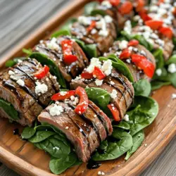 - 450 g Flankensteak - 250 g Babyspinatblätter - 120 g geröstete rote Paprika - 60 g Feta-Käse - 60 ml Balsamico-Glasur - 30 ml Olivenöl - Zahnstocher oder Küchengarn - Knoblauch, Salz und Pfeffer Um diese Balsamico glasierten Steak-Röllchen zuzubereiten, benötigst du bestimmte Zutaten. Das Flankensteak ist das Herzstück. Es hat viel Geschmack und lässt sich gut rollen. Babyspinatblätter bringen Frische und Farbe in das Gericht. Geröstete rote Paprika sorgt für ein süßes Aroma und eine schöne Textur. Die Gewürze und Zusätze sind wichtig. Feta-Käse gibt den Röllchen eine cremige Note. Balsamico-Glasur bringt eine süße und saure Tiefe ins Spiel. Olivenöl hilft beim Anbraten und gibt Geschmack. Für die Zubereitung brauchst du noch ein paar Utensilien. Zahnstocher oder Küchengarn halten die Röllchen zusammen. Knoblauch, Salz und Pfeffer würzen das Gericht perfekt. Wenn du mehr über die Zubereitung erfahren möchtest, schau dir das [Full Recipe]. Es gibt viele Tipps, um diese Röllchen einfach und lecker zu machen. Zuerst nehmen wir das Flankensteak. Schneiden Sie es dünn auf. Der Fleischklopfer hilft, das Steak noch dünner zu machen. Klopfen Sie es bis zu 0,5 cm dick. Würzen Sie das Steak gut mit Salz und Pfeffer. Achten Sie darauf, beide Seiten zu würzen. Jetzt machen wir die Füllung. Nehmen Sie eine mittelgroße Schüssel. Mischen Sie die Babyspinatblätter mit gerösteten roten Paprika. Fügen Sie dann den zerbröselten Feta-Käse hinzu. Rühren Sie alles gut um, bis es gleichmäßig verteilt ist. Nehmen Sie ein Stück Steak und legen Sie einen Esslöffel der Füllung an einem Ende. Rollen Sie das Steak fest auf. Sichern Sie das Röllchen mit einem Zahnstocher oder Küchengarn. Wiederholen Sie dies mit allen Steakstücken. Erhitzen Sie in einer großen Pfanne das Olivenöl bei mittlerer Hitze. Fügen Sie den fein gehackten Knoblauch hinzu. Braten Sie den Knoblauch für etwa 30 Sekunden an, bis er duftet. Geben Sie dann die Steak-Röllchen in die Pfanne. Braten Sie jede Seite für 3-4 Minuten an, bis das Steak gut durch ist. Sobald die Röllchen gar sind, senken Sie die Hitze. Träufeln Sie die Balsamico-Glasur über die Röllchen. Lassen Sie sie eine Minute köcheln, damit die Glasur gut einziehen kann. Vor dem Servieren entfernen Sie vorsichtig die Zahnstocher oder das Küchengarn. Richten Sie die Röllchen auf einer Servierplatte an. Träufeln Sie etwas übrig gebliebene Balsamico-Glasur über die Röllchen für mehr Geschmack. - Überprüfen Sie den Gargrad des Steaks mit einem Fleischthermometer. Für medium-rare liegt die Temperatur bei 57°C. - Vermeiden Sie Überkochen, indem Sie die Röllchen nicht länger als 4 Minuten pro Seite braten. So bleibt das Fleisch saftig und zart. - Verwenden Sie frische Kräuter wie Rosmarin oder Thymian. Diese geben dem Gericht einen tollen Duft und Geschmack. - Fügen Sie auch Zwiebel oder Chili hinzu, um den Geschmack zu intensivieren. Sie bringen eine angenehme Schärfe und Süße. - Nutzen Sie eine gusseiserne Pfanne für gleichmäßige Hitze. Sie hilft, das Steak perfekt zu braten. - Ein gutes Schneidebrett und ein scharfes Messer sind wichtig, um das Steak und das Gemüse präzise zu schneiden. So gelingt die Zubereitung einfacher und schneller. Für das vollständige Rezept besuchen Sie den Abschnitt unter [Full Recipe]. {{image_4}} Es gibt viele tolle Alternativen zu Spinat und Feta. Du kannst zum Beispiel Ricotta oder Ziegenkäse verwenden. Diese Käsesorten bringen eine cremige Textur. Für Gemüse empfehle ich Zucchini oder Pilze. Beide geben Geschmack und Farbe. Auch geröstete Auberginen sind eine leckere Wahl. Du kannst mit verschiedenen Geschmäckern spielen und deine eigene Füllung kreieren. Die richtigen Beilagen machen dein Gericht noch besser. Ein frischer grüner Salat passt super. Du kannst auch gebratenen Reis oder Kartoffelpüree servieren. Diese Beilagen bringen eine schöne Balance. Sie ergänzen die herzhaften Steak-Röllchen perfekt. Experimentiere mit verschiedenen Dressings für den Salat. So stellst du sicher, dass alles gut zusammenpasst. Wenn du die Balsamico-Glasur anpassen möchtest, gibt es tolle Optionen. Du kannst Honig hinzufügen, um es süßer zu machen. Oder füge etwas Senf für einen würzigen Kick hinzu. Beide Varianten geben der Glasur eine neue Dimension. Du kannst auch Sojasauce für einen salzigen Geschmack verwenden. Diese Anpassungen machen die Steak-Röllchen noch aufregender. Um Reste der Balsamico-glasierten Steak-Röllchen frisch zu halten, kühlen Sie sie bitte sofort. Legen Sie die Röllchen in einen luftdichten Behälter. Alternativ können Sie sie auch einfrieren. Wickeln Sie jede Rolle in Frischhaltefolie ein, bevor Sie sie in einen Gefrierbeutel legen. So bleibt der Geschmack erhalten. Beim Aufwärmen ist es wichtig, die Röllchen nicht auszutrocknen. Nutzen Sie dazu eine Pfanne bei niedriger Hitze. Fügen Sie etwas Wasser oder Brühe hinzu, um Dampf zu erzeugen. Dies hilft, das Steak saftig zu halten. Decken Sie die Pfanne ab, um die Wärme gleichmäßig zu verteilen und das Fleisch warm zu halten. Im Kühlschrank halten sich die Röllchen bis zu drei Tage. Achten Sie darauf, sie gut zu verpacken. Im Gefrierfach sind sie bis zu drei Monate haltbar. Vergessen Sie nicht, sie vor dem Verzehr im Kühlschrank aufzutauen. So bleiben Geschmack und Textur optimal. Die Zubereitung von Balsamico-Glasierten Steak-Röllchen dauert insgesamt 25 Minuten. Die Vorbereitungszeit ist 15 Minuten. In dieser Zeit schneidest du das Steak und bereitest die Füllung vor. Das Kochen der Röllchen dauert etwa 10 Minuten. Diese einfache Zeitplanung macht es leicht, das Gericht schnell zuzubereiten. Ja, du kannst das Rezept im Voraus vorbereiten. Du kannst die Röllchen bis zu einem Tag vorher rollen und im Kühlschrank lagern. Das hilft, Zeit zu sparen, wenn du Gäste erwartest. Achte darauf, sie gut einzuwickeln, damit sie frisch bleiben. Vor dem Garen solltest du sie etwas Raumtemperatur annehmen lassen. So gart das Steak gleichmäßiger. Zu Balsamico-Glasierten Steak-Röllchen passen kräftige Rotweine gut. Ein Cabernet Sauvignon oder ein Merlot sind ideal. Diese Weine ergänzen den Geschmack des Steaks und der Glasur. Sie bieten eine schöne Balance zu den Aromen. Du kannst auch einen Chianti probieren, um einen italienischen Flair zu haben. Ja, Balsamico-Glasierte Steak-Röllchen sind perfekt für besondere Anlässe. Sie sehen toll aus und schmecken lecker. Du kannst sie als Hauptgericht bei einem Festmahl servieren. Ein hübsches Anrichten auf einer großen Platte macht viel her. Auch bei einem Grillabend sind sie ein Hit. Sie sind einfach und dennoch eindrucksvoll. Balsamico-glasierte Steak-Röllchen sind eine leckere Option für jeden Esser. Du brauchst nur Flankensteak, Spinat, Paprika und Feta. Die Schritt-für-Schritt-Anleitung macht es einfach, diese Röllchen zuzubereiten. Vergiss nicht, die Garzeit im Blick zu behalten. Probiere verschiedene Füllungen und Beilagen aus, um deinen Geschmack zu treffen. Reste lassen sich gut kühlen oder einfrieren. Diese Röllchen sind nicht nur lecker, sie passen auch zu besonderen Anlässen. Du wirst sicher beeindrucken!
