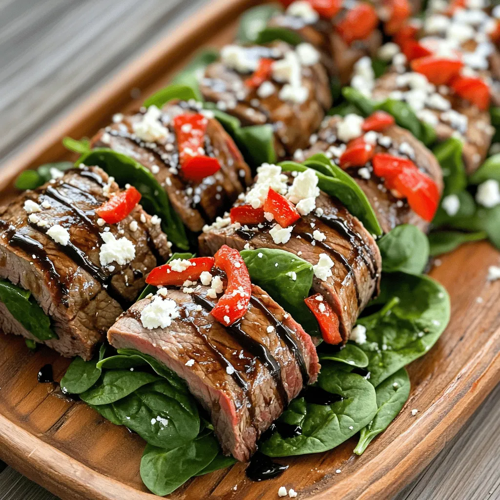 - 450 g Flankensteak - 250 g Babyspinatblätter - 120 g geröstete rote Paprika - 60 g Feta-Käse - 60 ml Balsamico-Glasur - 30 ml Olivenöl - Zahnstocher oder Küchengarn - Knoblauch, Salz und Pfeffer Um diese Balsamico glasierten Steak-Röllchen zuzubereiten, benötigst du bestimmte Zutaten. Das Flankensteak ist das Herzstück. Es hat viel Geschmack und lässt sich gut rollen. Babyspinatblätter bringen Frische und Farbe in das Gericht. Geröstete rote Paprika sorgt für ein süßes Aroma und eine schöne Textur. Die Gewürze und Zusätze sind wichtig. Feta-Käse gibt den Röllchen eine cremige Note. Balsamico-Glasur bringt eine süße und saure Tiefe ins Spiel. Olivenöl hilft beim Anbraten und gibt Geschmack. Für die Zubereitung brauchst du noch ein paar Utensilien. Zahnstocher oder Küchengarn halten die Röllchen zusammen. Knoblauch, Salz und Pfeffer würzen das Gericht perfekt. Wenn du mehr über die Zubereitung erfahren möchtest, schau dir das [Full Recipe]. Es gibt viele Tipps, um diese Röllchen einfach und lecker zu machen. Zuerst nehmen wir das Flankensteak. Schneiden Sie es dünn auf. Der Fleischklopfer hilft, das Steak noch dünner zu machen. Klopfen Sie es bis zu 0,5 cm dick. Würzen Sie das Steak gut mit Salz und Pfeffer. Achten Sie darauf, beide Seiten zu würzen. Jetzt machen wir die Füllung. Nehmen Sie eine mittelgroße Schüssel. Mischen Sie die Babyspinatblätter mit gerösteten roten Paprika. Fügen Sie dann den zerbröselten Feta-Käse hinzu. Rühren Sie alles gut um, bis es gleichmäßig verteilt ist. Nehmen Sie ein Stück Steak und legen Sie einen Esslöffel der Füllung an einem Ende. Rollen Sie das Steak fest auf. Sichern Sie das Röllchen mit einem Zahnstocher oder Küchengarn. Wiederholen Sie dies mit allen Steakstücken. Erhitzen Sie in einer großen Pfanne das Olivenöl bei mittlerer Hitze. Fügen Sie den fein gehackten Knoblauch hinzu. Braten Sie den Knoblauch für etwa 30 Sekunden an, bis er duftet. Geben Sie dann die Steak-Röllchen in die Pfanne. Braten Sie jede Seite für 3-4 Minuten an, bis das Steak gut durch ist. Sobald die Röllchen gar sind, senken Sie die Hitze. Träufeln Sie die Balsamico-Glasur über die Röllchen. Lassen Sie sie eine Minute köcheln, damit die Glasur gut einziehen kann. Vor dem Servieren entfernen Sie vorsichtig die Zahnstocher oder das Küchengarn. Richten Sie die Röllchen auf einer Servierplatte an. Träufeln Sie etwas übrig gebliebene Balsamico-Glasur über die Röllchen für mehr Geschmack. - Überprüfen Sie den Gargrad des Steaks mit einem Fleischthermometer. Für medium-rare liegt die Temperatur bei 57°C. - Vermeiden Sie Überkochen, indem Sie die Röllchen nicht länger als 4 Minuten pro Seite braten. So bleibt das Fleisch saftig und zart. - Verwenden Sie frische Kräuter wie Rosmarin oder Thymian. Diese geben dem Gericht einen tollen Duft und Geschmack. - Fügen Sie auch Zwiebel oder Chili hinzu, um den Geschmack zu intensivieren. Sie bringen eine angenehme Schärfe und Süße. - Nutzen Sie eine gusseiserne Pfanne für gleichmäßige Hitze. Sie hilft, das Steak perfekt zu braten. - Ein gutes Schneidebrett und ein scharfes Messer sind wichtig, um das Steak und das Gemüse präzise zu schneiden. So gelingt die Zubereitung einfacher und schneller. Für das vollständige Rezept besuchen Sie den Abschnitt unter [Full Recipe]. {{image_4}} Es gibt viele tolle Alternativen zu Spinat und Feta. Du kannst zum Beispiel Ricotta oder Ziegenkäse verwenden. Diese Käsesorten bringen eine cremige Textur. Für Gemüse empfehle ich Zucchini oder Pilze. Beide geben Geschmack und Farbe. Auch geröstete Auberginen sind eine leckere Wahl. Du kannst mit verschiedenen Geschmäckern spielen und deine eigene Füllung kreieren. Die richtigen Beilagen machen dein Gericht noch besser. Ein frischer grüner Salat passt super. Du kannst auch gebratenen Reis oder Kartoffelpüree servieren. Diese Beilagen bringen eine schöne Balance. Sie ergänzen die herzhaften Steak-Röllchen perfekt. Experimentiere mit verschiedenen Dressings für den Salat. So stellst du sicher, dass alles gut zusammenpasst. Wenn du die Balsamico-Glasur anpassen möchtest, gibt es tolle Optionen. Du kannst Honig hinzufügen, um es süßer zu machen. Oder füge etwas Senf für einen würzigen Kick hinzu. Beide Varianten geben der Glasur eine neue Dimension. Du kannst auch Sojasauce für einen salzigen Geschmack verwenden. Diese Anpassungen machen die Steak-Röllchen noch aufregender. Um Reste der Balsamico-glasierten Steak-Röllchen frisch zu halten, kühlen Sie sie bitte sofort. Legen Sie die Röllchen in einen luftdichten Behälter. Alternativ können Sie sie auch einfrieren. Wickeln Sie jede Rolle in Frischhaltefolie ein, bevor Sie sie in einen Gefrierbeutel legen. So bleibt der Geschmack erhalten. Beim Aufwärmen ist es wichtig, die Röllchen nicht auszutrocknen. Nutzen Sie dazu eine Pfanne bei niedriger Hitze. Fügen Sie etwas Wasser oder Brühe hinzu, um Dampf zu erzeugen. Dies hilft, das Steak saftig zu halten. Decken Sie die Pfanne ab, um die Wärme gleichmäßig zu verteilen und das Fleisch warm zu halten. Im Kühlschrank halten sich die Röllchen bis zu drei Tage. Achten Sie darauf, sie gut zu verpacken. Im Gefrierfach sind sie bis zu drei Monate haltbar. Vergessen Sie nicht, sie vor dem Verzehr im Kühlschrank aufzutauen. So bleiben Geschmack und Textur optimal. Die Zubereitung von Balsamico-Glasierten Steak-Röllchen dauert insgesamt 25 Minuten. Die Vorbereitungszeit ist 15 Minuten. In dieser Zeit schneidest du das Steak und bereitest die Füllung vor. Das Kochen der Röllchen dauert etwa 10 Minuten. Diese einfache Zeitplanung macht es leicht, das Gericht schnell zuzubereiten. Ja, du kannst das Rezept im Voraus vorbereiten. Du kannst die Röllchen bis zu einem Tag vorher rollen und im Kühlschrank lagern. Das hilft, Zeit zu sparen, wenn du Gäste erwartest. Achte darauf, sie gut einzuwickeln, damit sie frisch bleiben. Vor dem Garen solltest du sie etwas Raumtemperatur annehmen lassen. So gart das Steak gleichmäßiger. Zu Balsamico-Glasierten Steak-Röllchen passen kräftige Rotweine gut. Ein Cabernet Sauvignon oder ein Merlot sind ideal. Diese Weine ergänzen den Geschmack des Steaks und der Glasur. Sie bieten eine schöne Balance zu den Aromen. Du kannst auch einen Chianti probieren, um einen italienischen Flair zu haben. Ja, Balsamico-Glasierte Steak-Röllchen sind perfekt für besondere Anlässe. Sie sehen toll aus und schmecken lecker. Du kannst sie als Hauptgericht bei einem Festmahl servieren. Ein hübsches Anrichten auf einer großen Platte macht viel her. Auch bei einem Grillabend sind sie ein Hit. Sie sind einfach und dennoch eindrucksvoll. Balsamico-glasierte Steak-Röllchen sind eine leckere Option für jeden Esser. Du brauchst nur Flankensteak, Spinat, Paprika und Feta. Die Schritt-für-Schritt-Anleitung macht es einfach, diese Röllchen zuzubereiten. Vergiss nicht, die Garzeit im Blick zu behalten. Probiere verschiedene Füllungen und Beilagen aus, um deinen Geschmack zu treffen. Reste lassen sich gut kühlen oder einfrieren. Diese Röllchen sind nicht nur lecker, sie passen auch zu besonderen Anlässen. Du wirst sicher beeindrucken!