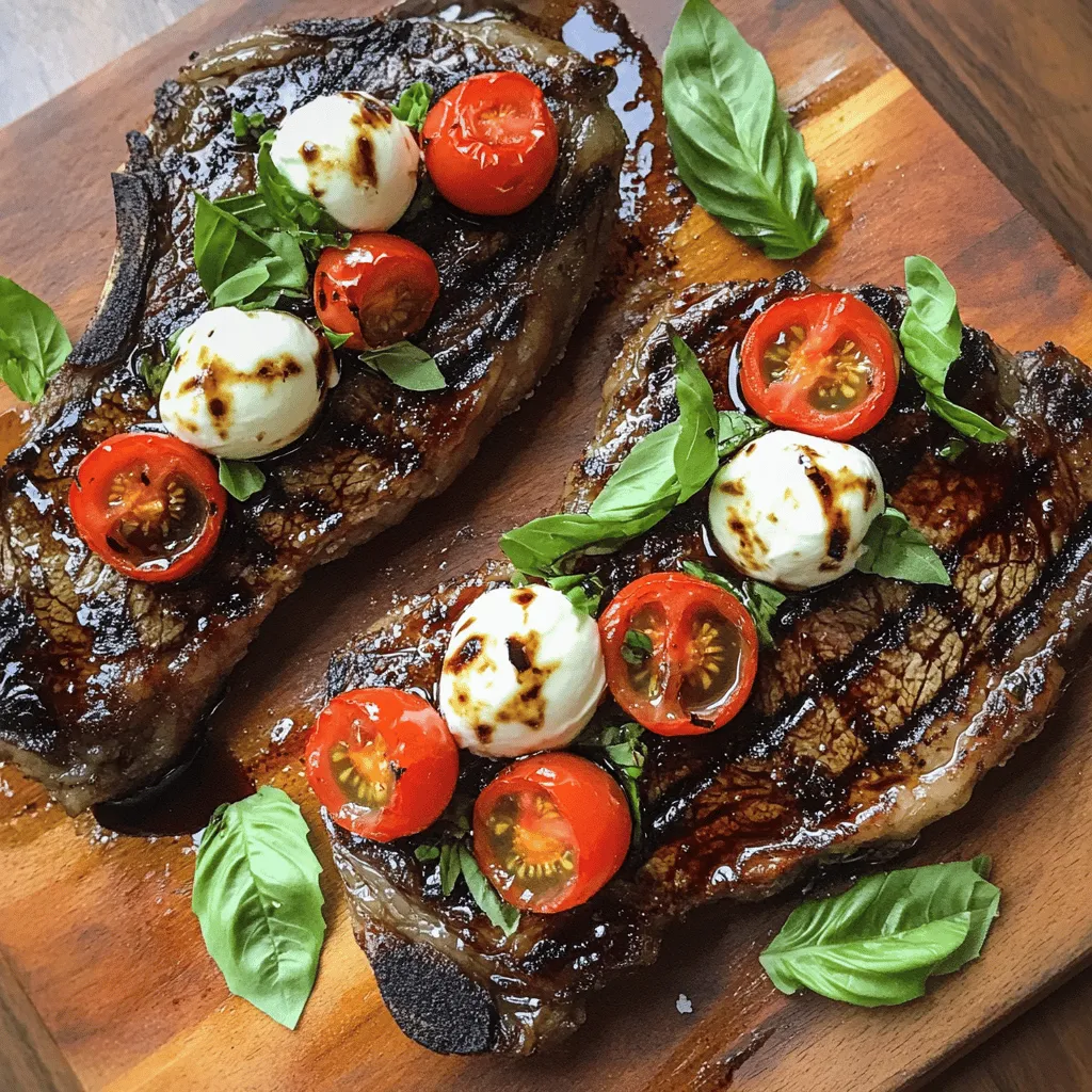 - 2 Ribeye-Steaks (ca. 300g jeweils) - 1 Tasse halbierte Kirschtomaten - 1 Tasse frische Mozzarellabällchen, abgetropft