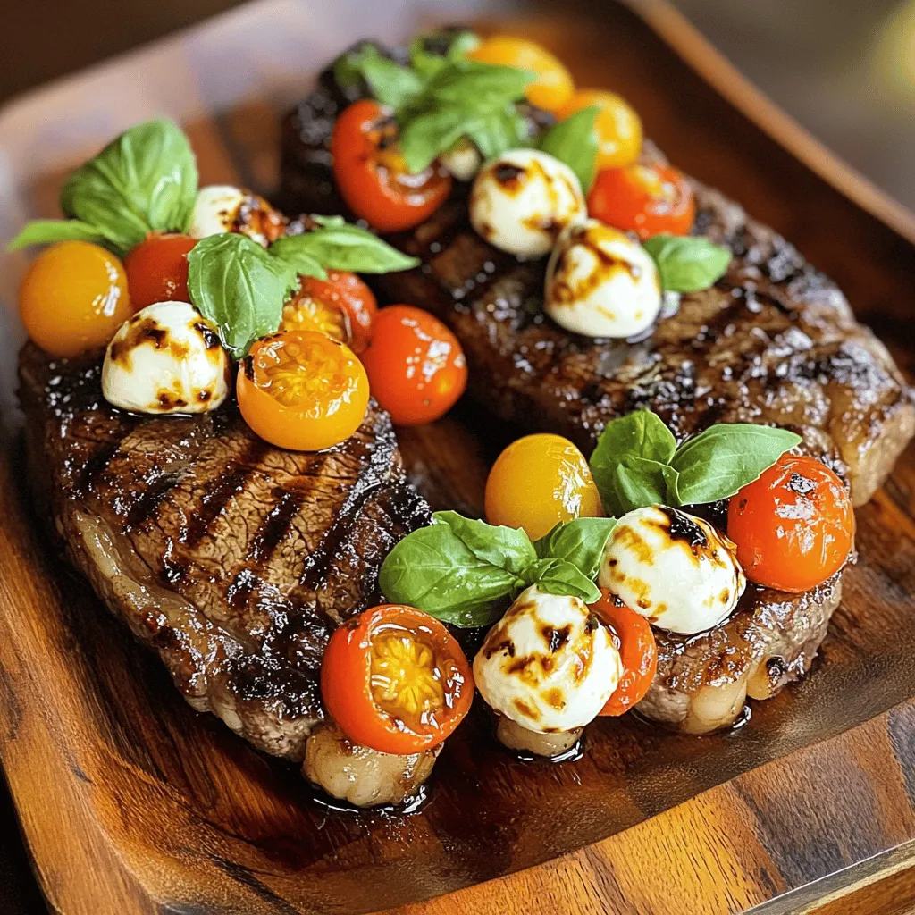 - 2 Ribeye-Steaks (ca. 300g jeweils) - 1 Tasse halbierte Kirschtomaten - 1 Tasse frische Mozzarellabällchen, abgetropft