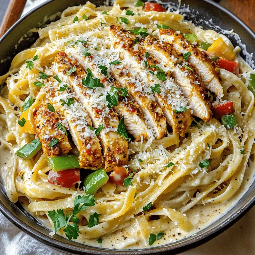 - 2 Hähnchenbrustfilets, ohne Knochen und Haut - 225 g Fettuccine-Nudeln - 1 rote Paprika, in Streifen geschnitten - 1 grüne Paprika, in Streifen geschnitten - 1 kleine Zwiebel, gehackt - 3 Knoblauchzehen, fein gehackt Für das Gericht benötigst du frische Hauptzutaten. Die Hähnchenbrustfilets sind die Basis. Sie bringen den Geschmack und die Proteine. Fettuccine-Nudeln geben dem Gericht eine schöne Textur. Außerdem sorgen Paprika, Zwiebel und Knoblauch für eine bunte und schmackhafte Note. - 2 Esslöffel Cajun-Gewürz - 240 ml Schlagsahne - 240 ml Hühnerbrühe - 50 g geriebener Parmesan - Salz und Pfeffer nach Geschmack Die Gewürze machen das Gericht besonders. Cajun-Gewürz bringt Wärme und Tiefe. Die Soße aus Schlagsahne und Hühnerbrühe sorgt für Cremigkeit. Parmesan verleiht einen herzhaften Geschmack. Salz und Pfeffer sind wichtig, um alles abzurunden und die Aromen hervorzuheben. - Frische Petersilie, gehackt zur Dekoration Die Dekoration ist mehr als nur schön. Frische Petersilie gibt dem Gericht Farbe und einen frischen Geschmack. Sie hebt das gesamte Gericht hervor und macht es ansprechender. Du kannst sie einfach kurz vor dem Servieren darüber streuen. Für das vollständige Rezept, siehe [Full Recipe]. Würzen Sie die Hähnchenbrustfilets mit Cajun-Gewürz. Massieren Sie das Gewürz gut in das Fleisch ein. So kommt der volle Geschmack heraus. Lassen Sie das gewürzte Hähnchen etwas ruhen, damit die Gewürze einziehen. Erhitzen Sie Olivenöl in einer großen Pfanne. Stellen Sie die Temperatur auf mittelhoch. Fügen Sie die Hähnchenbrustfilets hinzu und braten Sie sie etwa 7-8 Minuten pro Seite. Achten Sie darauf, dass sie nicht anbrennen. Das Hähnchen ist fertig, wenn der Saft klar austritt. Nehmen Sie es aus der Pfanne und lassen Sie es ruhen. Bringen Sie einen großen Topf mit gesalzenem Wasser zum Kochen. Fügen Sie die Fettuccine-Nudeln hinzu und kochen Sie sie nach den Anweisungen auf der Verpackung. Prüfen Sie die Nudeln nach etwa 8-10 Minuten. Sie sollten al dente sein. Gießen Sie die Nudeln ab und stellen Sie sie beiseite. Verwenden Sie die gleiche Pfanne für das Gemüse. Geben Sie die geschnittenen Paprika und die gehackte Zwiebel hinein. Braten Sie sie etwa 3-4 Minuten an, bis sie weich sind. Fügen Sie den gehackten Knoblauch hinzu und braten Sie ihn eine weitere Minute. So wird das Gemüse schön aromatisch. Gießen Sie die Schlagsahne und Hühnerbrühe in die Pfanne. Rühren Sie gut um, damit sich alles vermischt. Bringen Sie die Mischung zum Simmern. Fügen Sie dann den geriebenen Parmesan hinzu. Rühren Sie weiter, bis der Käse schmilzt und die Soße dick wird. Abschmecken mit Salz und Pfeffer. Geben Sie die gekochten Fettuccine in die Pfanne mit der Soße. Mischen Sie alles gut, damit die Nudeln gleichmäßig bedeckt sind. Servieren Sie die Pasta in einer großen Schüssel oder auf Tellern. Schneiden Sie das Hähnchen in Streifen und legen Sie es oben auf die Pasta. Für das vollständige Rezept besuchen Sie den Abschnitt „Full Recipe“. Die Soße sollte cremig und leicht dick sein. Um die perfekte Konsistenz zu erreichen, füge die Schlagsahne langsam hinzu. Lass die Soße köcheln, damit sie eindickt. Wenn die Soße zu dick ist, gib etwas Hühnerbrühe hinzu. Für mehr Geschmack, schmecke mit Salz und Pfeffer ab. Um das Hähnchen saftig zu halten, brate es nicht zu lange. Brate es bei mittlerer Hitze für 7-8 Minuten pro Seite. Lass das Hähnchen nach dem Braten ruhen. So bleibt der Saft im Fleisch. Schneide es erst, wenn es etwas abgekühlt ist. Ein gutes Aussehen macht das Essen besser. Serviere die Pasta in einer großen Schüssel oder auf Tellern. Garniere sie mit frischer Petersilie und mehr Parmesan. Das gibt einen schönen Farbkontrast und sieht lecker aus. Ein ansprechendes Gericht macht immer Eindruck. Für das gesamte Rezept, schau dir die [Full Recipe] an. {{image_4}} Wenn du Cajun Chicken Pasta magst, kannst du auch eine vegetarische Variante machen. Anstelle von Hähnchen kannst du Tofu oder Tempeh verwenden. Diese Optionen nehmen die Aromen gut auf. Du kannst auch mehr Gemüse hinzufügen. Zucchini, Auberginen oder Spinat sind tolle Ergänzungen. Diese Gemüsesorten geben deiner Pasta mehr Farbe und Nährstoffe. Cajun-Gewürz kann scharf sein, aber du kannst die Schärfe anpassen. Verwende weniger von dem Gewürz, wenn du es milder magst. Du kannst auch Paprika oder weniger Cayennepfeffer nehmen. Wenn du mehr Hitze möchtest, füge etwas mehr Cayennepfeffer hinzu. Du kannst auch frische Chilis oder scharfe Sauce verwenden, um den Grad der Schärfe zu erhöhen. Experimentiere mit verschiedenen Mischungen, um deinen perfekten Geschmack zu finden. Fettuccine ist die klassische Wahl, aber du kannst andere Nudeln verwenden. Linguine oder Penne sind auch gute Optionen. Wenn du glutenfrei kochen möchtest, nimm glutenfreie Pasta. Zucchini-Nudeln sind eine weitere gesunde Alternative. Sie sind leicht und passen gut zu der cremigen Soße. Probiere verschiedene Nudeln aus und finde deine Lieblingskombination. Du kannst die Rezepte an deine Vorlieben anpassen, um sie einzigartig zu machen. Um deine Cajun Chicken Pasta frisch zu halten, lagere die Reste in einem luftdichten Behälter im Kühlschrank. Achte darauf, dass die Pasta vollständig abgekühlt ist, bevor du sie einpackst. So vermeidest du, dass sich Feuchtigkeit bildet. Du kannst die Reste auch in einzelnen Portionen aufbewahren. So hast du schnell eine leckere Mahlzeit bereit. Cajun Chicken Pasta bleibt im Kühlschrank bis zu drei Tage frisch. Nach dieser Zeit kann der Geschmack nachlassen und die Textur verändern. Wenn die Pasta nicht mehr gut riecht oder seltsam aussieht, ist es besser, sie wegzuwerfen. Achte darauf, dass die Reste gut abgedeckt sind, um den Verlust von Qualität zu verhindern. Die besten Methoden, um die Pasta erneut zu erwärmen, sind die Mikrowelle oder eine Pfanne. Wenn du die Mikrowelle nutzt, stelle die Pasta in eine Schüssel und füge einen Esslöffel Wasser hinzu. Decke die Schüssel ab und erwärme sie in Intervallen von 30 Sekunden. Rühre zwischendurch um. Wenn du eine Pfanne verwendest, erhitze etwas Öl bei mittlerer Hitze. Füge die Pasta hinzu und rühre sie um, bis sie warm ist. Achte darauf, die Pasta nicht zu lange zu erhitzen, um ein Austrocknen zu vermeiden. Cajun Chicken Pasta kann scharf sein, aber das hängt vom Gewürz ab. Das Cajun-Gewürz enthält oft Paprika, Pfeffer und andere scharfe Zutaten. Wenn du es milder magst, verwende weniger Gewürz. Du kannst auch die Art des Gewürzes anpassen. Nutze eine milde Paprika oder füge mehr Kräuter wie Oregano hinzu. So kannst du den Schärfegrad nach deinem Geschmack steuern. Cajun Chicken Pasta passt gut zu frischen Beilagen. Hier sind einige leckere Vorschläge: - Ein einfacher grüner Salat mit Vinaigrette - Gebratene grüne Bohnen mit Knoblauch - Knuspriges Baguette oder Knoblauchbrot - Gemüse-Sticks mit Dip Diese Beilagen ergänzen die Aromen der Pasta und bringen Abwechslung auf den Teller. Du kannst Cajun Chicken Pasta in vielen Restaurants finden. Suche nach Restaurants, die Cajun oder kreolische Küche anbieten. Einige bekannte Ketten bieten auch Cajun-Gerichte an. Hier sind Empfehlungen: - Lokale Cajun-Restaurants in deiner Nähe - Restaurants mit einer guten Auswahl an Pasta-Gerichten - Food-Trucks, die Cajun-Spezialitäten anbieten Diese Orte bieten oft authentische Geschmackserlebnisse. Wenn du die Zeit hast, probiere die Gerichte vor Ort! Die Cajun Chicken Pasta ist einfach zuzubereiten und bietet viel Geschmack. Wir haben die Hauptzutaten, die Zubereitung, Tipps, Variationen und Aufbewahrung betrachtet. Du kannst die Soße nach deinem Geschmack anpassen und viele Ideen für Beilagen finden. Ob mit Hähnchen oder vegetarisch, das Gericht begeistert immer. Ich hoffe, du probierst es bald aus und entdeckst deine eigene Lieblingsversion!