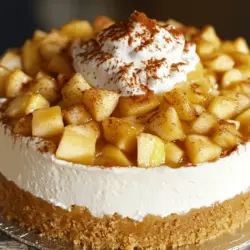 - 3 mittelgroße Äpfel (z. B. Granny Smith), geschält, entkernt und gewürfelt - 1 Esslöffel Zitronensaft - 1 Teelöffel Zimt - 1/4 Teelöffel Muskatnuss - 1/2 Tasse brauner Zucker - 1 Esslöffel Butter Die Apfelkuchenfüllung ist der Star in diesem Rezept. Ich nutze Granny Smith Äpfel für ihren tollen Geschmack. Der Zitronensaft hilft, die Äpfel frisch zu halten. Zimt und Muskatnuss geben der Füllung ein warmes Aroma. Brauner Zucker sorgt für eine süße Karamellnote. Butter macht die Füllung schön cremig. - 450 g Frischkäse, weich - 1 Tasse Zucker - 1 Teelöffel Vanilleextrakt - 3 große Eier - 1/4 Tasse saure Sahne - 1/4 Tasse Weizenmehl Für den Käsekuchen verwende ich weichen Frischkäse. Er sorgt für die perfekte Textur. Zucker und Vanilleextrakt bringen Süße und Geschmack. Die Eier machen den Käsekuchen luftig und leicht. Saure Sahne fügt eine feine Säure hinzu, die das Ganze abrundet. Das Weizenmehl hilft, die Masse zu stabilisieren. - 1 1/2 Tassen zerbröselte Graham-Cracker - 1/4 Tasse Zucker - 1/2 Tasse Butter, geschmolzen Ein leckeren Boden ist wichtig. Ich benutze zerbröselte Graham-Cracker für einen knusprigen Biss. Zucker süßt den Boden, während die geschmolzene Butter alles zusammenhält. - Schlagsahne (optional) - Zimt zum Bestreuen Das Topping macht alles noch besser. Schlagsahne ist optional, aber ich empfehle sie, denn sie bringt Frische. Ein wenig Zimt darüber streuen, macht das Dessert noch verlockender. Das ganze Rezept findest du hier [Full Recipe]. Um die Apfelkuchenfüllung zu machen, brauchst du frische Äpfel. Ich empfehle, Granny Smith-Äpfel zu verwenden. Sie sind sauer und halten gut. - Schneide die Äpfel in kleine Stücke. - Gib die gewürfelten Äpfel in einen Topf. - Füge 1 Esslöffel Zitronensaft, 1 Teelöffel Zimt, 1/4 Teelöffel Muskatnuss und 1/2 Tasse braunen Zucker hinzu. - Schmelze 1 Esslöffel Butter in dem Topf, bevor du alles vermischst. - Koche die Mischung für 5-7 Minuten, bis die Äpfel weich sind. Für den Boden brauchst du zerbröselte Graham-Cracker. Sie geben dem Käsekuchen einen knusprigen Biss. - Heize deinen Ofen auf 160°C vor. - Mische 1 1/2 Tassen zerbröselte Graham-Cracker mit 1/4 Tasse Zucker. - Schmelze 1/2 Tasse Butter und gib sie zu der Mischung. - Drücke die Mischung gleichmäßig auf den Boden einer Springform. - Backe den Boden für 10 Minuten und lasse ihn dann abkühlen. Die Käsekuchenmasse ist das Herzstück dieses Rezepts. Sie macht den Kuchen cremig und lecker. - Nimm 450 g weichen Frischkäse und gib ihn in eine große Schüssel. - Mische ihn mit 1 Tasse Zucker, bis er glatt ist. - Füge 1 Teelöffel Vanilleextrakt hinzu. - Gib 3 große Eier einzeln dazu und rühre gut um. - Mische 1/4 Tasse saure Sahne und 1/4 Tasse Weizenmehl unter. Jetzt wird es spannend! Du schichtest die Füllung und die Masse. - Gieße die Hälfte der Käsekuchenmasse gleichmäßig auf den abgekühlten Boden. - Verteile die Apfelkuchenfüllung darauf. - Gieße die restliche Käsekuchenmasse darüber und streiche sie glatt. Das Backen ist wichtig, damit der Käsekuchen gut wird. - Backe den Käsekuchen 50-60 Minuten. - Die Ränder sollten fest sein, während die Mitte leicht wackelt. - Schalte den Ofen aus und öffne die Tür leicht. Lass den Käsekuchen etwa eine Stunde abkühlen. Das Abkühlen gibt dem Käsekuchen die richtige Textur. - Lass den Käsekuchen nach dem Abkühlen auf Raumtemperatur für mindestens 4 Stunden im Kühlschrank. - Wenn du bereit bist zu servieren, nimm den Käsekuchen vorsichtig aus der Form. - Toppe ihn mit Schlagsahne und bestreue ihn mit Zimt. Für das vollständige Rezept, schau dir die Anleitung an. Verwenden Sie frische Äpfel für den besten Geschmack. Ich empfehle Granny Smith oder Honeycrisp. Diese Äpfel sind knackig und sauer, was einen tollen Kontrast zur süßen Füllung bietet. Schneiden Sie die Äpfel in kleine Würfel. So kochen sie schneller und gleichmäßiger. Fügen Sie Zitronensaft hinzu, damit die Äpfel nicht braun werden. Zimt und Muskatnuss bringen zusätzliche Wärme und Tiefe in den Geschmack. Brauner Zucker gibt der Füllung eine schöne Süße und Karamellnote. Um Risse zu vermeiden, backen Sie den Käsekuchen bei niedriger Temperatur. Ich empfehle 160°C. Zudem ist es wichtig, die Eier einzeln hinzuzufügen und nicht zu viel zu mixen. Übermixen kann Luft in die Mischung bringen, was Risse verursacht. Lassen Sie den Käsekuchen nach dem Backen im Ofen abkühlen, indem Sie die Tür leicht öffnen. Dies verhindert einen plötzlichen Temperaturwechsel. Für das Topping können Sie Schlagsahne verwenden. Diese verleiht dem Käsekuchen eine schöne, cremige Textur. Bestäuben Sie das Ganze mit Zimt für einen extra Kick. Frische Apfelspalten oder Karamellsauce sind auch tolle Optionen. Sie machen das Dessert noch ansprechender und leckerer. Servieren Sie den Käsekuchen auf einem schönen Teller, um das gesamte Erlebnis zu verbessern. Wenn Sie mehr über die Zubereitung erfahren möchten, schauen Sie sich das Full Recipe an. {{image_4}} Du kannst den Käsekuchen mit anderen Früchten füllen. Zum Beispiel passen Birnen sehr gut. Auch Pflaumen oder Kirschen sind leckere Alternativen. Wenn du eine fruchtige Füllung willst, probiere auch Beeren aus. Himbeeren und Blaubeeren geben einen tollen Geschmack. Achte darauf, die Früchte gut vorzubereiten. Schneide sie in kleine Stücke und koche sie kurz. So entfalten sie ihren vollen Geschmack. Für eine vegane Version des Käsekuchens kannst du pflanzliche Zutaten nutzen. Verwende statt Frischkäse eine Mischung aus Cashewkernen. Weiche die Cashews in Wasser ein und püriere sie. Für die Süße kannst du Ahornsirup oder Agavendicksaft nutzen. Ersetze die Eier durch Leinsamen oder Chia-Samen. Mische einen Esslöffel mit drei Esslöffeln Wasser, um einen Ei-Ersatz zu machen. Diese Zutaten machen deinen Käsekuchen ebenso cremig und lecker. Die Gewürze können den Geschmack stark verändern. Neben Zimt kannst du auch Ingwer hinzufügen. Ingwer gibt einen scharfen Kick und macht den Kuchen spannend. Vanille ist eine weitere gute Wahl. Es bringt eine süße Note in die Füllung. Wenn du es noch würziger magst, probiere Kardamom oder Nelken. Diese Gewürze verleihen dem Käsekuchen eine besondere Note. Experimentiere mit verschiedenen Kombinationen und finde deinen Favoriten. Um deinen Apfelkuchen gefüllten Käsekuchen frisch zu halten, lagere ihn im Kühlschrank. Wickle ihn gut in Frischhaltefolie oder lege ihn in einen luftdichten Behälter. So bleibt der Käsekuchen feucht und lecker. Wenn du ihn in Stücke schneidest, lege die Stücke auf einen Teller und decke sie mit Frischhaltefolie ab. Dies hilft, den Geschmack zu bewahren. Du kannst den Käsekuchen auch einfrieren. Lass ihn zuerst komplett abkühlen. Wickle ihn dann gut in Frischhaltefolie und lege ihn in einen Gefrierbeutel. Achte darauf, so viel Luft wie möglich zu entfernen. So bleibt der Käsekuchen bis zu drei Monate frisch. Um ihn zu genießen, lass ihn über Nacht im Kühlschrank auftauen. Wie lange hält sich der Käsekuchen? Im Kühlschrank bleibt er etwa fünf bis sieben Tage frisch. Achte darauf, ihn gut zu lagern, damit er nicht austrocknet. Wenn du ihn eingefroren hast, ist er bis zu drei Monate haltbar. So hast du immer ein köstliches Dessert bereit, wann immer du Lust auf etwas Süßes hast. Um einen perfekt gebackenen Käsekuchen zu machen, achte auf folgende Tipps: - Heize den Ofen vor. Eine konstante Temperatur ist wichtig. - Verwende Raumtemperatur Zutaten. Das hilft, eine glatte Masse zu erhalten. - Mische die Zutaten nicht zu lange. Das verhindert Risse im Kuchen. - Backe den Käsekuchen in einem Wasserbad. Dadurch bleibt die Feuchtigkeit erhalten. - Lass den Käsekuchen nach dem Backen langsam abkühlen. Öffne die Ofentür leicht. Ja, du kannst den Käsekuchen im Voraus zubereiten. Hier sind einige Optionen: - Bereite die Apfelkuchenfüllung einen Tag vorher zu. Sie bleibt frisch im Kühlschrank. - Backe den Käsekuchen bis zu zwei Tage vorher. Kühl ihn dann im Kühlschrank. - Vor dem Servieren kannst du das Topping hinzufügen. So bleibt es frisch und schön. Für eine glutenfreie Kruste kannst du Folgendes verwenden: - Glutenfreie Kekse oder Cracker. Sie sind eine gute Basis. - Mandeln oder Haferflocken. Diese können gemahlen werden. - Kokosmehl kann auch verwendet werden, um einen anderen Geschmack zu erzielen. Die besten Äpfel für die Füllung sind: - Granny Smith. Sie sind sauer und halten gut ihre Form. - Honeycrisp. Diese Äpfel sind süß und knackig. - Braeburn. Sie bieten eine gute Balance zwischen süß und sauer. Du kannst das vollständige Rezept für Apfelkuchen gefüllter Käsekuchen finden, indem du auf [Full Recipe] klickst. Dort stehen alle Schritte und Zutaten für ein leckeres Ergebnis. In diesem Artikel haben wir die wichtigen Zutaten und Schritte für einen tollen Apfelkuchen-Käsekuchen besprochen. Wir haben Tipps gegeben, wie man die Füllung und den Boden zubereitet und wie man die verschiedenen Varianten erstellt. Denken Sie daran, frische Zutaten zu verwenden und Ihrem Kuchen Zeit zum Abkühlen zu geben. Ob für Freunde oder Familie, dieser Kuchen wird begeistern. Viel Spaß beim Backen und Genießen!