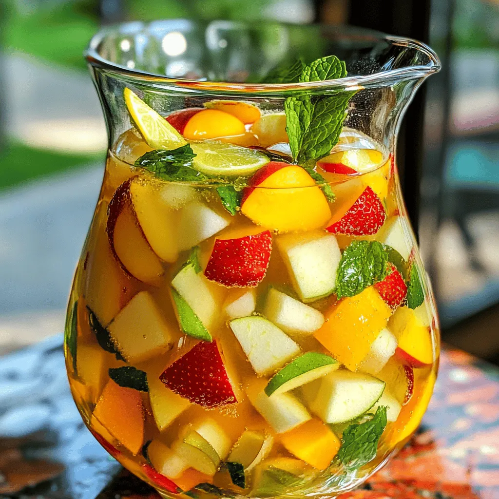 Für eine leckere weiße Sangria benötigst du folgende Hauptzutaten: - 720 ml sprudelnder weißer Traubensaft - 240 ml frisch gepresster Orangensaft - 120 ml Limonade mit Zitronen- und Limettengeschmack - 150 g gewürfelte Pfirsiche - 150 g Erdbeeren, in Scheiben geschnitten - 1 grüner Apfel, gewürfelt - 125 g frische Minzblätter, grob gehackt - 1 Zitrone, in dünne Scheiben geschnitten - 1 Limette, in dünne Scheiben geschnitten - Eiswürfel Diese Zutaten machen deine Sangria fruchtig und erfrischend. Sie bringen Farbe und Geschmack in dein Glas. Der Wein ist wichtig für den Geschmack. Wähle einen trockenen, fruchtigen Weißwein. Ein guter Sauvignon Blanc oder Pinot Grigio passt gut. Diese Weine haben frische Aromen, die die Früchte ergänzen. Sie sollten nicht zu süß sein, da die Sangria sonst zu klebrig wird. Du kannst viele Früchte in deine Sangria geben. Probiere Ananas, Kiwi oder Himbeeren. Diese Früchte bringen Abwechslung und neue Geschmäcker. Auch Kräuter wie Basilikum oder Rosmarin sind gute Optionen. Sie verleihen der Sangria einen besonderen Twist. Die Möglichkeiten sind fast unbegrenzt! Um eine fruchtige weiße Sangria zu machen, folge diesen einfachen Schritten: 1. Nimm einen großen Krug. Gieße 720 ml sprudelnden weißen Traubensaft hinein. 2. Füge 240 ml frisch gepressten Orangensaft hinzu. Rühre sanft, sodass sich die Säfte gut vermischen. 3. Jetzt kommen die frischen Früchte. Gib 150 g gewürfelte Pfirsiche, 150 g Erdbeeren und 1 gewürfelten grünen Apfel dazu. 4. Die Aromen werden noch besser mit 125 g grob gehackten frischen Minzblättern. 5. Um zusätzliche Frische hinzuzufügen, schneide 1 Zitrone und 1 Limette in dünne Scheiben. Füge sie in den Krug. 6. Decke den Krug ab und stelle ihn für mindestens 1 Stunde in den Kühlschrank. So können sich die Aromen entfalten. 7. Kurz vor dem Servieren, gebe 120 ml Limonade oder sprudelndes Wasser dazu. Rühre vorsichtig um, damit die Sprudel-Eigenschaft bleibt. 8. Serviere die Sangria in Gläsern mit Eiswürfeln. Garniere sie mit extra Minzblättern und Fruchtscheiben. - Nutze frische Früchte für den besten Geschmack. Tiefgefrorene Früchte sind eine gute Alternative. - Experimentiere mit verschiedenen Fruchtsäften. Du kannst auch Ananas- oder Grapefruitsaft probieren. - Bereite die Sangria am besten einen Tag vorher zu. So schmeckt sie noch besser. Kühle die Sangria immer gut. Eine kühle Sangria schmeckt erfrischender. Stelle sicher, dass der Krug abgedeckt ist, um den Geschmack zu bewahren. Wenn du es eilig hast, kannst du Eiswürfel direkt in die Gläser geben. So bleibt das Getränk kühl, ohne die Aromen zu verwässern. Um den Geschmack Ihrer weißen Sangria zu verbessern, verwenden Sie frische Zutaten. Diese bringen den besten Geschmack. Wählen Sie reife Früchte. Pfirsiche, Erdbeeren und Äpfel sind großartige Optionen. Achten Sie darauf, frischen Orangensaft zu nutzen. Er hebt den Geschmack stark an. Verwenden Sie auch frische Minze für einen tollen Duft. Lassen Sie die Sangria vor dem Servieren mindestens eine Stunde kühlen. So verbinden sich die Aromen besser. Ein häufiger Fehler ist, die Sangria nicht genug zu kühlen. Kälte verstärkt den fruchtigen Geschmack. Ein anderer Fehler ist zu viel Zucker. Dies kann den Geschmack überladen. Verwenden Sie stattdessen süße Früchte. Vergessen Sie nicht, die Limonade kurz vor dem Servieren hinzuzufügen. So bleibt die Spritzigkeit erhalten. Mischen Sie die Zutaten nicht zu stark, damit die Früchte ganz bleiben. Servieren Sie die Sangria in großen Gläsern mit viel Eis. Fügen Sie ein paar Minzblätter als Dekoration hinzu. Das sieht gut aus und bringt Frische. Für einen extra Kick können Sie Sekt hinzufügen. Dies verleiht Ihrer Sangria eine prickelnde Note. Kombinieren Sie die Sangria mit leichten Snacks. Tapas oder frische Salate passen gut. Probieren Sie auch, die Sangria mit einem leichten Dessert zu servieren. So wird Ihr Abend perfekt. {{image_4}} Du kannst die weiße Sangria leicht an die Jahreszeiten anpassen. Im Frühling sind Erdbeeren und Pfirsiche frisch und lecker. Im Sommer verwende Wassermelone und Ananas für eine tropische Note. Der Herbst bringt Äpfel und Birnen, die einen warmen Geschmack bieten. Im Winter kannst du Zitrusfrüchte wie Blutorangen oder Grapefruits nutzen. Jede Saison bringt neue Farben und Geschmäcker in dein Getränk. Wenn du deinen Drink süßer magst, probiere Honig oder Agavendicksaft. Diese geben der Sangria eine feine Süße. Für etwas mehr Spritzigkeit kannst du auch Ginger Ale oder Tonic Water hinzufügen. Diese Optionen machen deine Sangria noch erfrischender und aufregender. Achte darauf, die Süße nach deinem Geschmack anzupassen. Eine alkoholfreie Sangria ist einfach zu machen! Ersetze den Weißwein durch mehr Traubensaft oder einen sprudelnden Traubensaft. Der Geschmack bleibt fruchtig und lecker. Du kannst auch kohlensäurehaltiges Wasser verwenden, um die Spritzigkeit zu erhalten. Vergiss nicht, die frischen Früchte und Minze hinzuzufügen, um den Geschmack zu verstärken. So genießen alle, auch die, die keinen Alkohol trinken. Für das volle Erlebnis empfehle ich das Rezept, das hier zu finden ist: [Full Recipe]. Um die weiße Sangria frisch zu halten, lagere sie im Kühlschrank. Verwende einen luftdichten Behälter, um die Aromen zu bewahren. Gut gekühlt bleibt sie bis zu drei Tage genießbar. Nach dieser Zeit kann der Geschmack fade werden. Falls du Reste hast, kannst du sie leicht auffrischen. Füge frische Früchte und einen Spritzer Zitrone hinzu. Das bringt neuen Schwung in das Getränk. Wenn die Sangria weniger spritzig schmeckt, gib etwas frische Limonade dazu. Die Reste deiner Sangria sind vielseitig. Du kannst sie in Desserts verwenden, wie in Sorbets oder Gelees. Auch in Saucen für Fleischgerichte macht sie sich gut. Experimentiere und finde neue Rezepte, die deinen Resten ein neues Leben geben! Der beste Wein für weiße Sangria ist ein trockener, frischer Weißwein. Ich empfehle, Sauvignon Blanc oder Pinot Grigio zu wählen. Diese Weine passen gut zu den fruchtigen Aromen. Sie bringen eine schöne Balance und sind leicht. Vermeide süße Weine, da sie die Sangria zu schwer machen. Ja, du kannst andere Früchte verwenden! Lass deiner Kreativität freien Lauf. Äpfel, Ananas oder sogar Trauben passen gut. Du kannst auch Beeren wie Himbeeren oder Brombeeren hinzufügen. Diese Früchte bringen zusätzliche Farben und Aromen in die Sangria. Denke daran, die Früchte frisch und reif zu wählen. Du kannst die Sangria bis zu 24 Stunden im Voraus zubereiten. Stelle sicher, dass du die Limonade erst kurz vor dem Servieren hinzufügst. So bleibt die Spritzigkeit erhalten. Wenn du sie länger lagerst, verlieren die Früchte ihren frischen Biss. Die Aromen werden jedoch intensiver und köstlicher. In diesem Artikel haben wir die Zutaten für die Weiße Sangria besprochen. Der richtige Weißwein ist wichtig. Frische Früchte und Aromen machen das Getränk bunt und lecker. Wir haben ein einfaches Rezept für fruchtige Weiße Sangria Fizz vorgestellt und Tipps zur Zubereitung gegeben. Vermeiden Sie häufige Fehler, um den besten Geschmack zu erreichen. Denken Sie auch an Variationen und Aufbewahrungstips, um das Beste aus Ihrer Sangria herauszuholen. Experimentieren Sie mit verschiedenen Zutaten und genießen Sie Ihre Kreation!