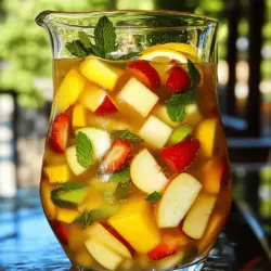 Für eine leckere weiße Sangria benötigst du folgende Hauptzutaten: - 720 ml sprudelnder weißer Traubensaft - 240 ml frisch gepresster Orangensaft - 120 ml Limonade mit Zitronen- und Limettengeschmack - 150 g gewürfelte Pfirsiche - 150 g Erdbeeren, in Scheiben geschnitten - 1 grüner Apfel, gewürfelt - 125 g frische Minzblätter, grob gehackt - 1 Zitrone, in dünne Scheiben geschnitten - 1 Limette, in dünne Scheiben geschnitten - Eiswürfel Diese Zutaten machen deine Sangria fruchtig und erfrischend. Sie bringen Farbe und Geschmack in dein Glas. Der Wein ist wichtig für den Geschmack. Wähle einen trockenen, fruchtigen Weißwein. Ein guter Sauvignon Blanc oder Pinot Grigio passt gut. Diese Weine haben frische Aromen, die die Früchte ergänzen. Sie sollten nicht zu süß sein, da die Sangria sonst zu klebrig wird. Du kannst viele Früchte in deine Sangria geben. Probiere Ananas, Kiwi oder Himbeeren. Diese Früchte bringen Abwechslung und neue Geschmäcker. Auch Kräuter wie Basilikum oder Rosmarin sind gute Optionen. Sie verleihen der Sangria einen besonderen Twist. Die Möglichkeiten sind fast unbegrenzt! Um eine fruchtige weiße Sangria zu machen, folge diesen einfachen Schritten: 1. Nimm einen großen Krug. Gieße 720 ml sprudelnden weißen Traubensaft hinein. 2. Füge 240 ml frisch gepressten Orangensaft hinzu. Rühre sanft, sodass sich die Säfte gut vermischen. 3. Jetzt kommen die frischen Früchte. Gib 150 g gewürfelte Pfirsiche, 150 g Erdbeeren und 1 gewürfelten grünen Apfel dazu. 4. Die Aromen werden noch besser mit 125 g grob gehackten frischen Minzblättern. 5. Um zusätzliche Frische hinzuzufügen, schneide 1 Zitrone und 1 Limette in dünne Scheiben. Füge sie in den Krug. 6. Decke den Krug ab und stelle ihn für mindestens 1 Stunde in den Kühlschrank. So können sich die Aromen entfalten. 7. Kurz vor dem Servieren, gebe 120 ml Limonade oder sprudelndes Wasser dazu. Rühre vorsichtig um, damit die Sprudel-Eigenschaft bleibt. 8. Serviere die Sangria in Gläsern mit Eiswürfeln. Garniere sie mit extra Minzblättern und Fruchtscheiben. - Nutze frische Früchte für den besten Geschmack. Tiefgefrorene Früchte sind eine gute Alternative. - Experimentiere mit verschiedenen Fruchtsäften. Du kannst auch Ananas- oder Grapefruitsaft probieren. - Bereite die Sangria am besten einen Tag vorher zu. So schmeckt sie noch besser. Kühle die Sangria immer gut. Eine kühle Sangria schmeckt erfrischender. Stelle sicher, dass der Krug abgedeckt ist, um den Geschmack zu bewahren. Wenn du es eilig hast, kannst du Eiswürfel direkt in die Gläser geben. So bleibt das Getränk kühl, ohne die Aromen zu verwässern. Um den Geschmack Ihrer weißen Sangria zu verbessern, verwenden Sie frische Zutaten. Diese bringen den besten Geschmack. Wählen Sie reife Früchte. Pfirsiche, Erdbeeren und Äpfel sind großartige Optionen. Achten Sie darauf, frischen Orangensaft zu nutzen. Er hebt den Geschmack stark an. Verwenden Sie auch frische Minze für einen tollen Duft. Lassen Sie die Sangria vor dem Servieren mindestens eine Stunde kühlen. So verbinden sich die Aromen besser. Ein häufiger Fehler ist, die Sangria nicht genug zu kühlen. Kälte verstärkt den fruchtigen Geschmack. Ein anderer Fehler ist zu viel Zucker. Dies kann den Geschmack überladen. Verwenden Sie stattdessen süße Früchte. Vergessen Sie nicht, die Limonade kurz vor dem Servieren hinzuzufügen. So bleibt die Spritzigkeit erhalten. Mischen Sie die Zutaten nicht zu stark, damit die Früchte ganz bleiben. Servieren Sie die Sangria in großen Gläsern mit viel Eis. Fügen Sie ein paar Minzblätter als Dekoration hinzu. Das sieht gut aus und bringt Frische. Für einen extra Kick können Sie Sekt hinzufügen. Dies verleiht Ihrer Sangria eine prickelnde Note. Kombinieren Sie die Sangria mit leichten Snacks. Tapas oder frische Salate passen gut. Probieren Sie auch, die Sangria mit einem leichten Dessert zu servieren. So wird Ihr Abend perfekt. {{image_4}} Du kannst die weiße Sangria leicht an die Jahreszeiten anpassen. Im Frühling sind Erdbeeren und Pfirsiche frisch und lecker. Im Sommer verwende Wassermelone und Ananas für eine tropische Note. Der Herbst bringt Äpfel und Birnen, die einen warmen Geschmack bieten. Im Winter kannst du Zitrusfrüchte wie Blutorangen oder Grapefruits nutzen. Jede Saison bringt neue Farben und Geschmäcker in dein Getränk. Wenn du deinen Drink süßer magst, probiere Honig oder Agavendicksaft. Diese geben der Sangria eine feine Süße. Für etwas mehr Spritzigkeit kannst du auch Ginger Ale oder Tonic Water hinzufügen. Diese Optionen machen deine Sangria noch erfrischender und aufregender. Achte darauf, die Süße nach deinem Geschmack anzupassen. Eine alkoholfreie Sangria ist einfach zu machen! Ersetze den Weißwein durch mehr Traubensaft oder einen sprudelnden Traubensaft. Der Geschmack bleibt fruchtig und lecker. Du kannst auch kohlensäurehaltiges Wasser verwenden, um die Spritzigkeit zu erhalten. Vergiss nicht, die frischen Früchte und Minze hinzuzufügen, um den Geschmack zu verstärken. So genießen alle, auch die, die keinen Alkohol trinken. Für das volle Erlebnis empfehle ich das Rezept, das hier zu finden ist: [Full Recipe]. Um die weiße Sangria frisch zu halten, lagere sie im Kühlschrank. Verwende einen luftdichten Behälter, um die Aromen zu bewahren. Gut gekühlt bleibt sie bis zu drei Tage genießbar. Nach dieser Zeit kann der Geschmack fade werden. Falls du Reste hast, kannst du sie leicht auffrischen. Füge frische Früchte und einen Spritzer Zitrone hinzu. Das bringt neuen Schwung in das Getränk. Wenn die Sangria weniger spritzig schmeckt, gib etwas frische Limonade dazu. Die Reste deiner Sangria sind vielseitig. Du kannst sie in Desserts verwenden, wie in Sorbets oder Gelees. Auch in Saucen für Fleischgerichte macht sie sich gut. Experimentiere und finde neue Rezepte, die deinen Resten ein neues Leben geben! Der beste Wein für weiße Sangria ist ein trockener, frischer Weißwein. Ich empfehle, Sauvignon Blanc oder Pinot Grigio zu wählen. Diese Weine passen gut zu den fruchtigen Aromen. Sie bringen eine schöne Balance und sind leicht. Vermeide süße Weine, da sie die Sangria zu schwer machen. Ja, du kannst andere Früchte verwenden! Lass deiner Kreativität freien Lauf. Äpfel, Ananas oder sogar Trauben passen gut. Du kannst auch Beeren wie Himbeeren oder Brombeeren hinzufügen. Diese Früchte bringen zusätzliche Farben und Aromen in die Sangria. Denke daran, die Früchte frisch und reif zu wählen. Du kannst die Sangria bis zu 24 Stunden im Voraus zubereiten. Stelle sicher, dass du die Limonade erst kurz vor dem Servieren hinzufügst. So bleibt die Spritzigkeit erhalten. Wenn du sie länger lagerst, verlieren die Früchte ihren frischen Biss. Die Aromen werden jedoch intensiver und köstlicher. In diesem Artikel haben wir die Zutaten für die Weiße Sangria besprochen. Der richtige Weißwein ist wichtig. Frische Früchte und Aromen machen das Getränk bunt und lecker. Wir haben ein einfaches Rezept für fruchtige Weiße Sangria Fizz vorgestellt und Tipps zur Zubereitung gegeben. Vermeiden Sie häufige Fehler, um den besten Geschmack zu erreichen. Denken Sie auch an Variationen und Aufbewahrungstips, um das Beste aus Ihrer Sangria herauszuholen. Experimentieren Sie mit verschiedenen Zutaten und genießen Sie Ihre Kreation!